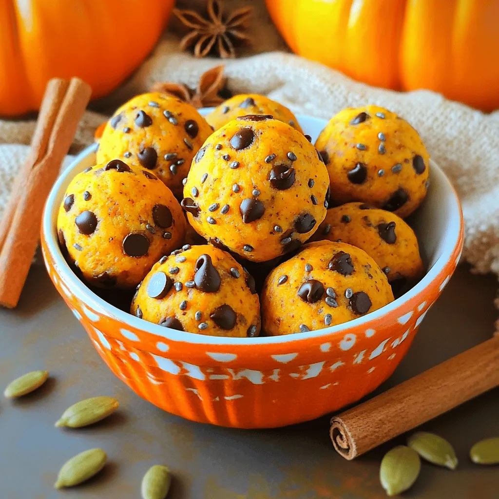 To make easy pumpkin protein bites, you'll need a few simple, wholesome ingredients. Here's the list: - 1 cup canned pumpkin puree - 1/2 cup rolled oats - 1/2 cup vanilla protein powder - 1/4 cup almond butter or any preferred nut butter - 1/4 cup honey or maple syrup - 1 teaspoon ground cinnamon - 1/2 teaspoon pure vanilla extract - 1/4 teaspoon ground nutmeg - 1/4 cup mini dark chocolate chips (optional) - Pinch of salt These ingredients create a tasty and healthy snack. I love using canned pumpkin puree for its rich flavor and nutrients. Rolled oats add chewiness and fiber. Vanilla protein powder boosts protein and keeps you full. Almond butter adds healthy fats, while honey or maple syrup provides natural sweetness. The spices, like cinnamon and nutmeg, bring warmth and depth. You can even add mini dark chocolate chips for a sweet touch. This recipe is great for meal prep or a quick snack on the go. For the full recipe, check the section above. First, gather your ingredients. You need canned pumpkin puree, almond butter, and honey. Place them in a large bowl. Use a spatula or whisk to mix them until smooth. This step creates a rich and creamy base for your bites. Next, it’s time to add the dry ingredients. Incorporate rolled oats, protein powder, ground cinnamon, ground nutmeg, and a pinch of salt into the bowl. Stir everything together until it forms a consistent dough. This will give your bites a nice texture and flavor. Now, scoop the mixture with your hands or a tablespoon. Roll the mixture into small balls. Each ball should be bite-sized. Place them on a parchment-lined baking sheet. Make sure they have space between them to avoid sticking. If you want to check the full recipe, you can find it in the recipe section. Refrigeration is key for these bites. It helps them firm up, making them easier to eat. I recommend chilling them for at least 30 minutes. This allows the flavors to meld and the texture to improve. I suggest making each bite about one inch in diameter. This size is easy to pop in your mouth. To roll uniform bites, use a small cookie scoop or your hands. Keep them all the same size for even snacking. You can boost flavor by adding mini dark chocolate chips. They give a nice sweetness and texture. Other options include nuts or seeds for crunch. You could also try adding spices like ginger or cardamom for a twist. {{image_4}} You can easily adjust this recipe to fit your needs. For a gluten-free version, use certified gluten-free oats. This choice keeps the bites safe for those with gluten issues. If you want a vegan option, swap honey for maple syrup. Maple syrup adds a sweet touch while keeping it plant-based. Spice things up by adding ginger or cardamom. These spices bring warmth and depth. You can also try different nut butters. Sunflower seed butter or cashew butter can change the taste. Each nut butter creates a unique twist on the classic flavor. To boost nutrition, pair your bites with yogurt or fresh fruits. This combo makes for a filling snack. For gatherings, make the presentation fun! Use a festive bowl or add garnishes like cinnamon sticks or pumpkin seeds. This adds a fun touch to your snack table. Store your pumpkin protein bites in an airtight container. This keeps them fresh and tasty. Place the container in the refrigerator. They stay good for up to one week. If you want to enjoy them later, consider freezing. To freeze pumpkin protein bites, first let them chill in the fridge. Once firm, place them in a freezer-safe bag. Make sure to remove as much air as possible. This helps prevent freezer burn. When you're ready to eat, take out a few bites. Thaw them in the fridge overnight for the best texture. Look for any odd smells or changes in color. If the bites feel sticky or slimy, they may be bad. To keep them fresh, always use a clean spoon when serving. This prevents bacteria from spoiling your snack. Pumpkin protein bites last about one week in the fridge. Store them in an airtight container. If you freeze them, they can last up to three months. Just remember to let them thaw in the fridge before eating. Yes, you can use any protein powder you like. Whey, pea, or hemp protein all work well. Each type adds a unique flavor and texture. Just keep in mind that it may change the taste slightly. These bites pack a punch! They are high in protein, thanks to the protein powder. They also contain healthy fats from the nut butter. Pumpkin adds fiber and vitamins. This snack is perfect for energy and fullness. Absolutely! You can use sunflower seed butter or coconut oil instead. If you need it nut-free, these options work great. Just adjust the amount to keep the right texture. For example, use a bit less if using oil. These pumpkin protein bites are easy and fun to make. You mix simple ingredients like pumpkin, oats, and protein powder for a tasty snack. By chilling them, you get a great texture, and the optional chocolate adds extra flavor. You can modify the recipe to fit your needs, like going vegan or gluten-free. Store them properly, and they last well in the fridge. With these tips and variations, you can enjoy delicious bites anytime. Try making them today and enjoy a healthy treat!