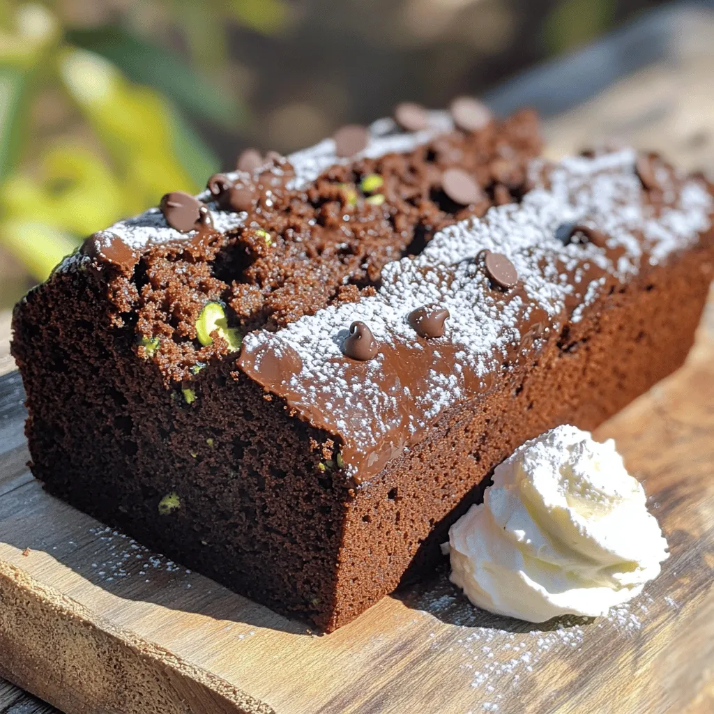 To make this delicious Double Chocolate Zucchini Bread, gather these simple ingredients: - 1 medium zucchini, finely grated - 1 cup all-purpose flour - 1/2 cup unsweetened cocoa powder - 1 teaspoon baking soda - 1/2 teaspoon baking powder - 1/4 teaspoon sea salt - 1/2 cup granulated sugar - 1/2 cup packed brown sugar - 2 large eggs, at room temperature - 1/2 cup vegetable oil - 1 teaspoon pure vanilla extract - 1/2 cup semi-sweet chocolate chips - 1/4 cup chopped walnuts (optional) You can swap some ingredients if you need to. Here are a few ideas: - Zucchini: You can use yellow squash instead. - Flour: Whole wheat flour works well for a healthier option. - Sugar: Coconut sugar or maple syrup can replace granulated sugar. - Oil: Applesauce can replace vegetable oil for a lighter bread. - Chocolate Chips: Dark chocolate chips add a richer flavor. - Nuts: Skip walnuts if you prefer a nut-free version. Each slice of this Double Chocolate Zucchini Bread packs a tasty punch. Here is the nutritional info per slice: - Calories: 180 - Total Fat: 8g - Saturated Fat: 1g - Cholesterol: 35mg - Sodium: 90mg - Total Carbohydrates: 25g - Dietary Fiber: 2g - Sugars: 10g - Protein: 3g This bread is not just a treat; it gives you some nutrients from zucchini too! Start by preheating your oven to 350°F (175°C). Grab a 9x5 inch loaf pan. Lightly grease it or line it with parchment paper. This makes it easier to take the bread out later. Next, take one medium zucchini and finely grate it. Place the grated zucchini in a bowl and sprinkle a pinch of sea salt over it. Let it sit for about 10 minutes. This step helps to draw out excess moisture. After 10 minutes, gently squeeze the zucchini to remove any extra liquid. Set the zucchini aside for later. In a large mixing bowl, combine the dry ingredients. Add 1 cup of all-purpose flour, 1/2 cup of unsweetened cocoa powder, 1 teaspoon of baking soda, 1/2 teaspoon of baking powder, and 1/4 teaspoon of sea salt. Whisk them together well. In another bowl, mix the wet ingredients. Beat 1/2 cup of granulated sugar and 1/2 cup of packed brown sugar together. Add 2 large eggs and 1/2 cup of vegetable oil. Finally, stir in 1 teaspoon of pure vanilla extract. Mix until it is smooth and fully combined. Now, it’s time to combine the mixtures. Slowly add the dry mixture to the wet mixture. Stir gently until just combined. Be careful not to overmix, as this could make the bread tough. Next, fold in the prepared zucchini, 1/2 cup of semi-sweet chocolate chips, and 1/4 cup of chopped walnuts if you want to add them. Pour the batter into your prepared loaf pan. Smooth the top with a spatula. Bake it in your preheated oven for 50 to 60 minutes. To check if it’s done, insert a toothpick in the center. It should come out clean or with a few moist crumbs. Once baked, let the bread cool in the pan for about 10 minutes. Then, move it to a wire rack to cool completely. For the full recipe, check the earlier section. To get the best texture, use fresh zucchini. Grate it finely for even mixing. After grating, let the zucchini sit with salt. This step helps draw out moisture. Squeeze the grated zucchini gently to remove extra liquid. This keeps your bread from becoming too soggy. Mix dry and wet ingredients just until combined. Overmixing can make the bread tough. Aim for a light and fluffy texture. Fresh zucchini works best for this recipe. It has more flavor and moisture. If you use frozen zucchini, thaw it first. Squeeze out as much liquid as possible before adding it to the batter. Frozen zucchini might change the texture slightly, but it still tastes great. Keep in mind that fresh zucchini adds a lovely crunch and taste to each slice. To make cleanup easy, line your loaf pan with parchment paper. This helps the bread release without sticking. Use a bowl for mixing that is large enough to avoid spills. Clean as you go, wiping spills right away. After baking, use a toothpick to check for doneness. It’s easier to clean if you don’t let crumbs sit. Enjoy the process, and your kitchen will thank you! For the full recipe, check above to gather all the ingredients and steps. {{image_4}} You can make your Double Chocolate Zucchini Bread even better with fun add-ins. Walnuts give a nice crunch. If you like nuts, add 1/4 cup of chopped walnuts. They add flavor and texture. Chocolate lovers can mix in different types of chocolate. Try dark chocolate chips or even white chocolate. Each type gives a unique taste. You can also use a mix of chocolates for a fun twist. Just remember not to overmix the batter. This keeps the bread light and fluffy. Want to enjoy this bread gluten-free? It's easy! Swap the all-purpose flour for a gluten-free blend. Look for a mix that includes xanthan gum. This will help the bread rise and hold together. The rest of the recipe stays the same. You will still have a rich, moist bread full of chocolate and zucchini goodness. Just be sure to check all labels for hidden gluten if you're very sensitive. If you're vegan, you can still enjoy this treat! Replace the eggs with flaxseed meal. Mix 1 tablespoon of flaxseed meal with 2.5 tablespoons of water. Let it sit for a few minutes until it gels. Use this mix as a substitute for each egg in the recipe. Instead of vegetable oil, you can use applesauce or mashed banana for moisture. This will keep the bread soft and tasty. The rich chocolate flavor still shines through, making it a hit with everyone! For the full recipe, check out the details provided above. To keep your Double Chocolate Zucchini Bread fresh, wrap it tightly in plastic wrap. You can also use aluminum foil. This keeps air out and helps the bread stay moist. Store it in a cool, dry place, like your kitchen counter. If you live in a warm area, the fridge can work too. Just remember, cold air can dry it out. You can freeze this bread to enjoy later. First, let it cool completely after baking. Wrap it tightly in plastic wrap, then place it in a freezer bag. Label the bag with the date. This way, you won’t forget how long it’s been. When you want to eat it, take it out and let it thaw at room temperature. You can also slice it before freezing for easy serving. If stored properly, the bread lasts about 3 to 5 days at room temperature. In the fridge, it can last up to a week. When frozen, it stays good for about 2 to 3 months. Just remember, the longer it sits, the more it may lose its fresh taste and texture. Always check for mold before eating. Enjoy your delicious Double Chocolate Zucchini Bread at its best! For the full recipe, check out the recipe section above. Yes, you can use yellow squash. It works well and provides a similar texture. Just remember to grate it finely. This will keep the bread moist. Avoid using hard squash like butternut; they change the taste too much. To reduce the sweetness, cut back on the sugar. You can lower both sugars by up to one-third. Also, try adding unsweetened cocoa powder to balance the flavors. Using dark chocolate chips can add richness without extra sugar. This bread pairs well with many things. Try serving it with whipped cream or vanilla ice cream for dessert. A cup of coffee or tea also complements the chocolate flavor nicely. For a fun twist, enjoy it with fresh berries or a drizzle of honey. For the full recipe, check out the complete guide. In this post, we explored the joys of making double chocolate zucchini bread. We covered the ingredients, how to prepare them, and provided tips for perfect texture. You learned about variations and storage tips to keep your bread fresh. Making this tasty treat can be simple and fun. Remember, you can tweak the recipe to suit your taste. Don't hesitate to experiment with flavors and share it with friends. Enjoy baking and savor each slice!