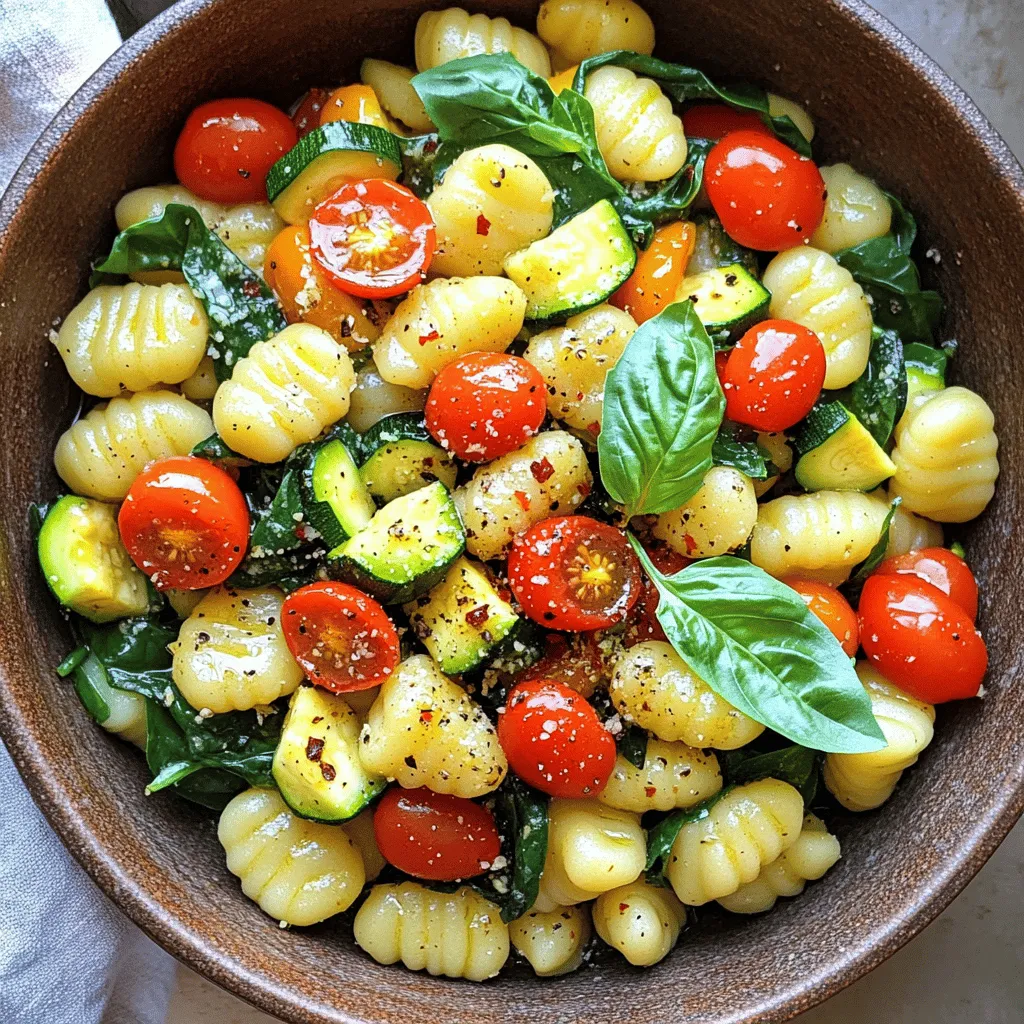 - 1 lb (450g) store-bought gnocchi - 1 cup cherry tomatoes, halved - 1 medium zucchini, diced into small cubes - 1 cup fresh spinach leaves - 1/2 cup fresh basil leaves, chopped Store-bought gnocchi saves time and works well in this dish. I love using fresh cherry tomatoes and zucchini for their bright flavors. They add color and nutrition too! Spinach and basil bring freshness that perfectly complements the dish. - 3 tablespoons extra-virgin olive oil - 2 cloves of garlic, finely minced - 1 teaspoon red pepper flakes (optional) Olive oil adds richness and helps cook the veggies. Garlic gives a lovely aroma and taste. If you like spice, add red pepper flakes for a little kick! - 1/4 cup grated Parmesan cheese (optional) - Salt and pepper to taste Parmesan cheese is great for adding depth. You can adjust salt and pepper to make the dish just right for you. This recipe is flexible, so feel free to make it your own! If you want to see the full recipe, just look at the section above. Start by bringing a large pot of salted water to a rolling boil. Add the gnocchi according to the package instructions, usually about 2-3 minutes. You know they are done when they float to the top. Drain them in a colander and set them aside. Next, heat 3 tablespoons of olive oil in a large skillet over medium heat. Add 2 cloves of finely minced garlic. Sauté for about 30 seconds. Be careful not to brown the garlic. If it browns, it can taste bitter. Now, add 1 medium diced zucchini to the skillet along with a generous pinch of salt and freshly cracked pepper. Cook for about 3-4 minutes until the zucchini is slightly tender yet bright in color. Then, toss in 1 cup of halved cherry tomatoes. Sauté for another 3-4 minutes until they soften and release their juices. If you like some heat, add 1 teaspoon of red pepper flakes now. Next, gently fold in the drained gnocchi and 1 cup of fresh spinach. Use a spatula to mix everything for 1-2 minutes. The spinach should wilt, and everything should be heated evenly. Finally, remove the skillet from the heat and fold in 1/2 cup of chopped fresh basil. Taste it and add more salt and pepper if needed. Serve warm, and if you want, add a sprinkle of grated Parmesan cheese for extra flavor. For the full recipe, check out the details provided earlier. To get the right texture for gnocchi, timing is key. Follow the cooking times closely. When you add the gnocchi to boiling water, keep an eye on them. They only need 2-3 minutes to cook. They float when they are done. This shows they are ready. Using fresh ingredients also helps. Fresh vegetables taste better and have more nutrients. Choose ripe cherry tomatoes and firm zucchini. Fresh spinach adds color and flavor. These choices make your dish shine. For plating, I suggest shallow bowls. This style lets the vibrant colors stand out. The red from tomatoes and green from spinach create a lovely contrast. Garnish your dish with fresh basil on top. It adds a pop of color and a fresh taste. A sprinkle of grated Parmesan cheese is a nice touch, too. It makes every bite richer and more enjoyable. One common mistake is overcooking the vegetables. Keep them bright and slightly firm. This keeps their flavor and nutrition intact. Also, don’t forget to season properly. Adding salt and pepper enhances the taste. Taste your dish before serving. Adjust the seasoning if needed. A little extra salt can make a big difference. For the complete recipe, check out the Full Recipe. Enjoy your cooking! {{image_4}} You can swap out vegetables based on what’s fresh. Instead of zucchini, try bell peppers or green beans. Both add a nice crunch and flavor. If you want more color, use yellow squash or cherry tomatoes. For protein, consider adding chicken or shrimp. Cook the chicken cubes until golden before adding them to the mix. If you use shrimp, add them during the last few minutes of cooking. They’ll cook quickly and stay tender. Spices can change the taste of your dish. For a zing, add a pinch of smoked paprika or oregano. These spices bring warmth and depth. Cheese is another way to enhance flavor. While Parmesan is nice, you can also use feta or goat cheese. They add creaminess and a tangy taste that works well with summer veggies. To make your gnocchi lighter, use less oil or skip the cheese. This way, you keep the flavor but cut calories. You can also add more veggies like spinach or broccoli to fill you up. If you need gluten-free options, look for gluten-free gnocchi at the store. They are easy to find and taste great. You can enjoy this dish without worrying about gluten. Feel free to explore these variations to make your easy summer gnocchi even more delightful! If you want the full recipe, check it out [here](#). To keep your gnocchi fresh, store leftovers in an airtight container. Place the container in the fridge. This method helps to seal in flavors and keep everything fresh. Make sure to consume leftovers within three days for the best taste. If you want to save some for later, freezing is a great option. Just spread the gnocchi in a single layer on a baking sheet. Freeze them for about an hour before transferring to a freezer bag. This prevents them from sticking together. When you are ready to enjoy your gnocchi again, reheating is key. The best way to reheat is in a skillet. Heat a bit of olive oil over medium heat. Add the gnocchi and stir gently for about 5-7 minutes. This method keeps the gnocchi's texture nice and soft. You can also use the microwave if you're in a hurry. Place the gnocchi in a bowl with a splash of water. Cover it and heat for 1-2 minutes, stirring halfway through. For unused fresh produce, like tomatoes and zucchini, store them in the fridge. They usually last about 3-5 days. Fresh spinach and basil should be used within a week for the best flavor. As for gnocchi, if stored correctly in the fridge, they will last about 2-3 days after cooking. If frozen, they can last up to three months. Just remember to label your bags with the date! You can tell gnocchi is done when they float. When you cook gnocchi, they sink to the bottom at first. Once they rise to the surface, they are ready. This usually takes about 2-3 minutes. Floating means they have cooked through. After draining, they are ready for the next step in your dish. Yes, you can make gnocchi from scratch! Here are some basic steps: - Use 2 cups of mashed potatoes. - Mix in 1 cup of all-purpose flour. - Add 1 egg and a pinch of salt. - Knead the dough until smooth. - Roll and cut into small pieces. - Boil them until they float, just like store-bought gnocchi. This is a fun way to enjoy homemade pasta. Gnocchi pairs well with many side dishes. Here are some ideas: - A fresh garden salad with a light vinaigrette. - Grilled or roasted vegetables like asparagus or bell peppers. - Crusty bread to soak up any extra sauce. - A simple caprese salad with tomatoes and mozzarella. These sides balance the meal and add more flavor. In this post, we explored easy summer gnocchi, focusing on key ingredients like store-bought gnocchi, fresh vegetables, and herbs. I shared step-by-step cooking tips, from boiling gnocchi to sautéing garlic. We discussed how to perfect the texture and avoid common mistakes. Remember, using fresh ingredients makes a big difference. You can also customize the dish with seasonal veggies and spices. Keep these tips in mind, and enjoy your delicious gnocchi. Happy cooking!