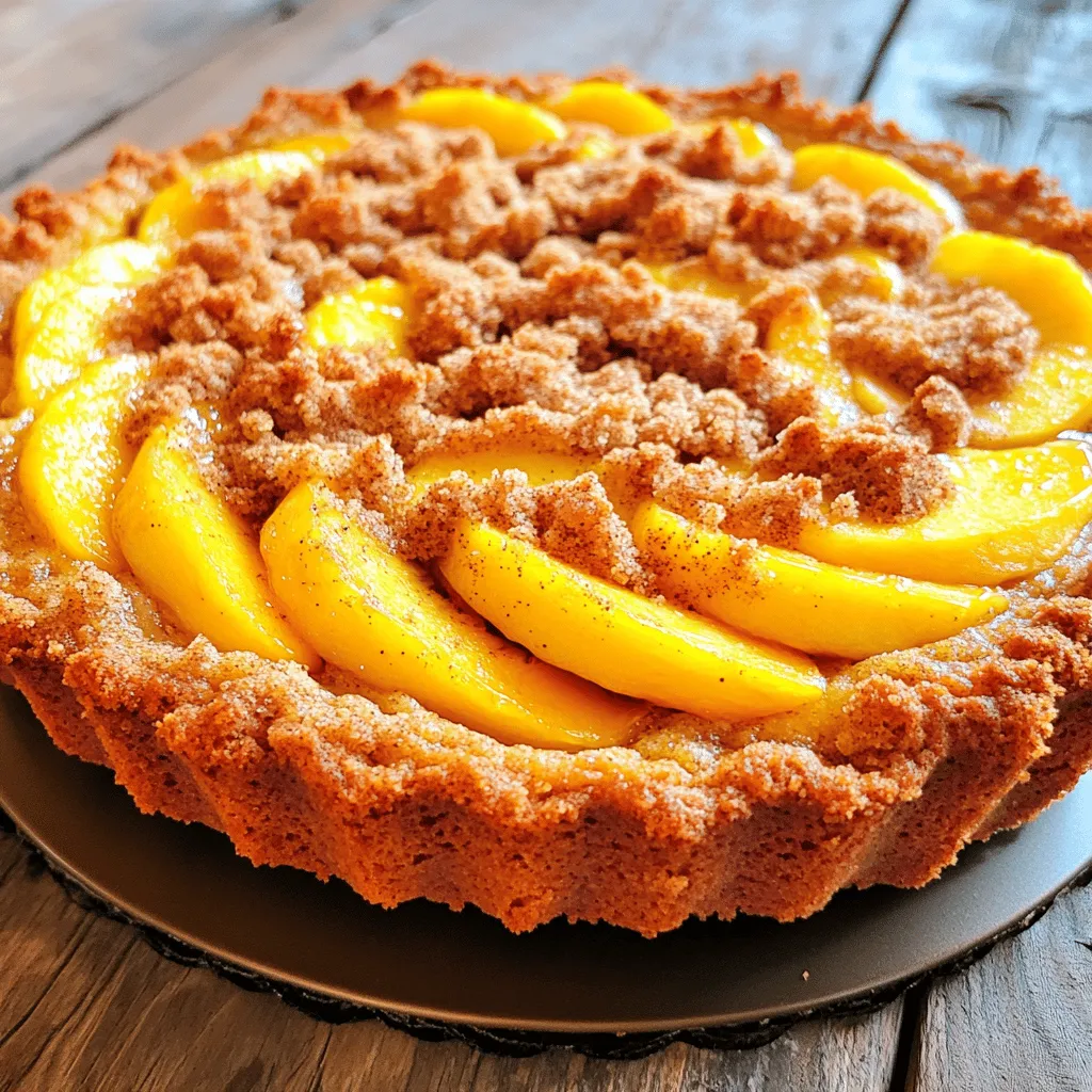 - 3 ripe peaches, pitted and sliced - 1 ½ cups all-purpose flour - ¾ cup granulated sugar (for the cake) - ½ cup unsalted butter, softened - 2 large eggs - 1 teaspoon vanilla extract - 1 teaspoon baking powder - ½ teaspoon baking soda - ¼ teaspoon salt - 1 teaspoon ground cinnamon I love using ripe peaches in this cake. They add sweetness and flavor. For the base, I mix all-purpose flour, sugar, and butter. The sugar makes the cake sweet. Butter adds richness and helps create a soft texture. Eggs bind everything together, giving the cake its structure. Vanilla extract adds a lovely aroma. Baking powder and baking soda help the cake rise, while salt brings out all the flavors. Ground cinnamon adds a warm touch, making it even better. - ½ cup packed brown sugar - ½ cup rolled oats - 1 teaspoon ground cinnamon (for topping) - 2 tablespoons additional butter The crumb topping is the star of this cake. Brown sugar gives it a caramel flavor. Rolled oats add texture and crunch. I use ground cinnamon here to enhance the flavor. This topping is easy to make. You simply mix everything together and sprinkle it on top of the cake batter before baking. The extra butter helps create those delicious crumbs. - Additional fruit varieties (like blueberries or cherries) - Chopped nuts (such as walnuts or almonds) - Chocolate chips You can get creative with this cake. Try adding other fruits if you want. Blueberries or cherries can be great choices. Chopped nuts add a nice crunch, while chocolate chips bring a sweet surprise. Mixing in these optional ingredients can make the cake even more special. Check out the Full Recipe for all the details! 1. Preheat the oven and prepare the cake pan. Start by setting your oven to 350°F (175°C). While it heats, grab a 9-inch round cake pan. Grease it with butter or use parchment paper. This will help the cake come out easily later. 2. Mix butter and sugar for the base. In a large bowl, take ½ cup of softened unsalted butter. Add ¾ cup of granulated sugar. Use an electric mixer to beat them together. Mix until the mixture is fluffy and light. This should take about 3-4 minutes. 1. Incorporating eggs and vanilla. Crack two large eggs into the bowl. Mix well after adding each egg. This ensures they are blended evenly. Then, add 1 teaspoon of vanilla extract. Stir until it is well mixed. 2. Mixing dry ingredients. In a separate bowl, combine 1 ½ cups of all-purpose flour, 1 teaspoon of baking powder, ½ teaspoon of baking soda, ¼ teaspoon of salt, and 1 teaspoon of ground cinnamon. Whisk these dry ingredients together until they are fully mixed. 1. Folding in peaches and pouring batter. Gently fold in 3 sliced peaches into the batter using a spatula. Be careful not to break the peach slices. Once mixed, pour the batter into your prepared cake pan. Use a spatula to spread it evenly. 2. Preparing crumb topping. In another bowl, mix ½ cup of packed brown sugar, ½ cup of rolled oats, and 1 teaspoon of ground cinnamon. Cut in the remaining softened butter until the mixture looks like coarse crumbs. This will give the cake a nice crunch. 1. Baking time and checking for doneness. Place the cake in your preheated oven. Bake for 35-40 minutes. To check if it’s done, insert a toothpick into the center. If it comes out clean, your cake is ready. Enjoy making this Easy Italian Peach Crumb Cake from the full recipe! - Proper Mixing Techniques: Start by beating softened butter with sugar until fluffy. Mix eggs in one at a time. This helps keep your cake light. - Avoiding Common Mistakes: Skip overmixing the batter. Mix just until combined. This keeps the cake soft and tender. - Garnishing Options: Serve slices on dessert plates. Add a dollop of whipped cream and fresh peach slices. A sprinkle of powdered sugar looks lovely too. - Pairing with Beverages: Pair this cake with sweet tea or coffee. Both drinks enhance the peach flavors. - Overmixing the Batter: Overmixing makes the cake dense. Stop mixing as soon as the flour disappears. - Not Greasing the Pan Properly: Always grease your pan well. Use butter or non-stick spray to prevent sticking. This ensures easy cake removal. Following these tips helps you create a perfect Easy Italian Peach Crumb Cake. For the full recipe, check the provided link. {{image_4}} You can change the fruit in this cake. Try using ripe plums or cherries. For a tropical twist, use mango or pineapple. Each fruit brings its unique taste to the cake. You can also add spices. A dash of nutmeg or ginger can enhance the flavor. Adding almond or coconut extract gives a nice twist too. If you need a gluten-free cake, use almond or coconut flour. You can also find gluten-free all-purpose flour blends at the store. For a vegan version, replace eggs with flaxseed meal. Mix one tablespoon of flaxseed with three tablespoons of water. Let it sit until it thickens. You can use plant-based butter instead of regular butter. Using seasonal fruits makes this cake even better. In summer, fresh peaches shine. In fall, try apples or pears for a cozy flavor. For winter, citrus fruits like oranges or lemons can brighten your day. You can also adjust the cake for holidays. Add pumpkin spice for Thanksgiving or peppermint for Christmas. This makes your cake fun and festive! For the full recipe, check out the Italian Peach Crumb Cake Delight. To keep your Italian peach crumb cake fresh, store it at room temperature. Use a cake dome or cover it with plastic wrap. This helps to keep the cake moist. If you have leftover slices, place them in an airtight container. Make sure to keep it away from direct sunlight or heat. You can freeze the cake for longer shelf life. First, let it cool completely. Then, wrap it tightly in plastic wrap. After that, place the wrapped cake in a freezer bag. This will protect it from freezer burn. When you’re ready to enjoy it, thaw the cake overnight in the refrigerator. For the best taste, serve it at room temperature. At room temperature, the cake lasts for about two days. If you store it in the fridge, the shelf life extends to about one week. Just remember to cover it well. Keeping it airtight helps maintain its flavor and texture. Enjoy your cake fresh and delicious! For the full recipe, refer to the section above. I recommend using freestone peaches. They are easy to slice and pit. Clingstone peaches have a harder pit that sticks to the flesh. Both types taste great, but freestone makes this recipe easier. Yes, you can prepare this cake a day in advance. Bake it, then let it cool. Store it in an airtight container. When you're ready to serve, just reheat in the oven at 350°F for about 10 minutes. Absolutely! You can use other fruits like nectarines, plums, or berries. These fruits will add a lovely twist to the cake. Just ensure they are ripe for the best flavor. To test for doneness, insert a toothpick in the center. If it comes out clean, the cake is done. You can also gently press the top; it should bounce back. In this post, we covered the key ingredients for a delicious cake, including ripe peaches, flour, and butter. I shared step-by-step instructions on preparing, mixing, and baking. You learned tips for serving and avoiding common mistakes. As you create your cake, remember to get creative with ingredients and flavors. Enjoy the process, and share your tasty results with friends and family. Happy baking!