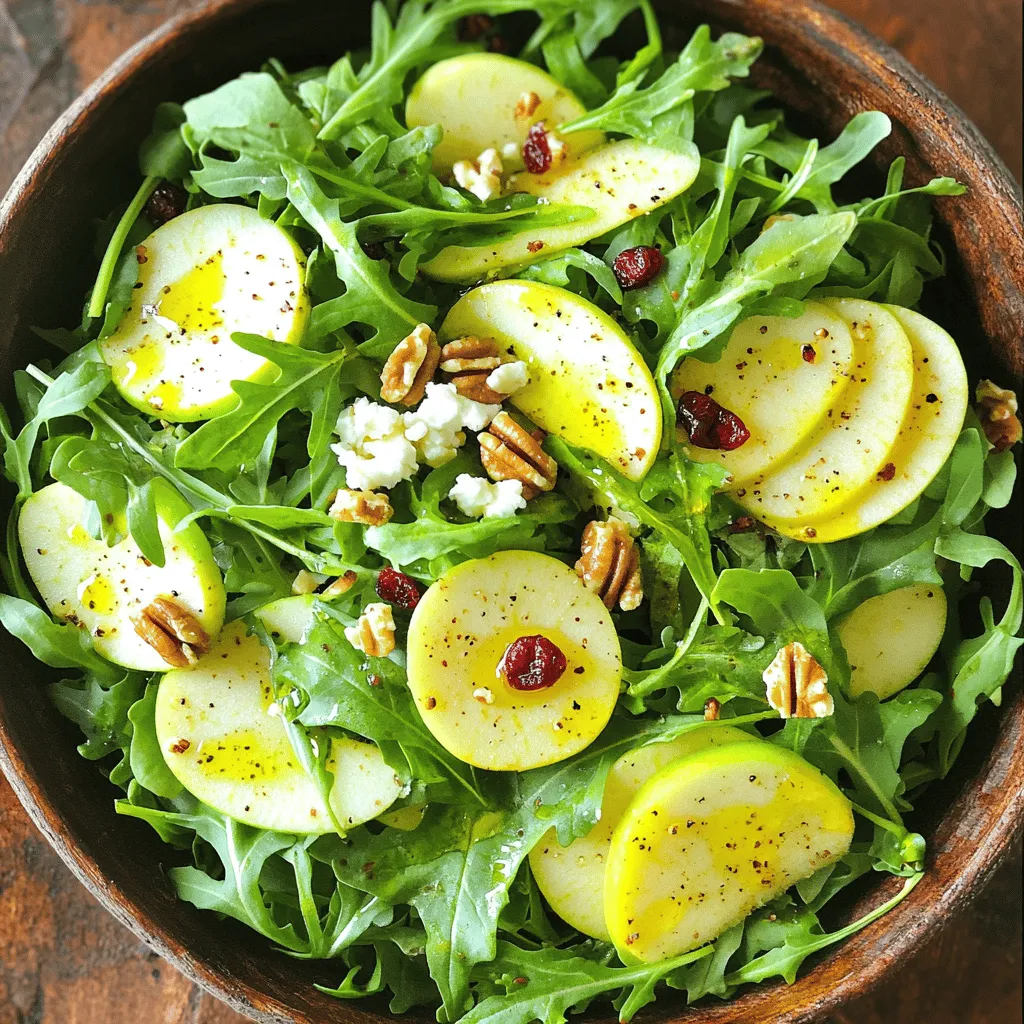 - 4 cups arugula - 1 large apple (Granny Smith or Honeycrisp) - 1/2 cup walnuts - 1/4 cup crumbled feta cheese (optional) - 1/4 cup dried cranberries - Salt and freshly cracked black pepper to taste - 3 tablespoons extra virgin olive oil - 2 tablespoons apple cider vinegar - 1 teaspoon honey To create this simple apple arugula salad, start with fresh produce. I love using arugula. It has a peppery taste that pairs well with sweet apples. I often choose Granny Smith for a tart kick or Honeycrisp for sweetness. Next, I add nuts for crunch. Walnuts add a nice earthy flavor. Feta cheese is optional but provides a creamy touch. Then, I consider dried ingredients. Dried cranberries bring sweetness and color. I finish with salt and fresh black pepper to balance all the flavors. For the dressing, I use extra virgin olive oil. It adds richness. Apple cider vinegar gives the salad a tangy bite. A bit of honey adds sweetness, making it perfect. Every bite of this salad is fresh and flavorful. You can find the full recipe below for detailed steps to make this delightful dish. - Step 1: Combine arugula and apple slices. In a large bowl, add 4 cups of fresh arugula. Then, add 1 large, thinly sliced apple. I love using Granny Smith for a nice tartness. Toss them gently to mix. - Step 2: Add walnuts, feta cheese, and cranberries. Next, fold in 1/2 cup of roughly chopped walnuts, 1/4 cup of optional crumbled feta cheese, and 1/4 cup of dried cranberries. This mix adds great flavor and crunch. - Step 3: Whisk together dressing ingredients. In a small bowl, combine 3 tablespoons of extra virgin olive oil, 2 tablespoons of apple cider vinegar, and 1 teaspoon of honey. Add a pinch of salt and pepper too. - Step 4: Emulsify until well mixed. Whisk the dressing vigorously. You want it to blend into a smooth, thick mix. This will coat the salad nicely. - Step 5: Drizzle dressing over salad mixture. Pour the dressing over the salad. Make sure you cover everything well for the best taste. - Step 6: Toss gently to coat. Use your hands to toss the salad. Be gentle so you don’t bruise the arugula or break the apple slices. - Step 7: Taste and adjust seasoning. Take a bite of your salad. If it needs more flavor, add a bit more salt and pepper to taste. - Step 8: Serve on chilled plates. Serve the salad right away on chilled plates. This keeps it fresh and crisp. Enjoy this fresh and flavorful dish! For the full recipe, check out the earlier section. - Use fresh, quality ingredients for the best taste. Fresh arugula and crisp apples shine in this dish. - Adjust vinegar and honey for personal preference. If you like it tangy, add more vinegar. For sweetness, increase the honey. - Serve in shallow bowls for elegance. A beautiful presentation makes the salad more inviting. - Garnish with whole walnuts and feta. This adds a nice touch and makes your salad look fancy. - Prepare ingredients in advance for quick assembly. Wash and slice your apples and arugula ahead of time. - Store dressing separately until serving. This keeps the salad fresh and prevents sogginess. For the full recipe, check out the recipe section. Enjoy making your Simple Apple Arugula Salad! {{image_4}} You can make this salad heartier by adding protein. Grilled chicken or shrimp works great. Just slice the protein and place it on top. This adds flavor and makes the salad filling. If you want to change the taste, swap the apple for pear. Other seasonal fruits like peaches or berries also taste great. This gives you different flavors and keeps the salad fresh. You can make this salad friendly for all diets. Use vegan feta for a dairy-free option. This keeps the creaminess without any dairy. If you need a nut-free option, substitute nuts with seeds. Pumpkin or sunflower seeds add crunch and taste, too. To keep your apple arugula salad fresh, store the salad and dressing separately. This helps keep the arugula crisp and the apples fresh. If you mix them together, the salad can become soggy. Use a container with a lid for the salad and a small jar for the dressing. You can store the salad in an airtight container in the fridge for up to three days. After that, the taste and texture may change. Make sure to check for any signs of spoilage before you eat it. Salad is best when it is fresh. Avoid reheating it, as that can make the greens wilt and lose their crunch. Enjoy it cold for the best taste! If you're looking for a fresh experience, you can always make a new batch using the [Full Recipe]. Yes, you can use balsamic or red wine vinegar instead. They add a nice flavor. Experiment with what you have at home. Both options work well in this salad. To make the salad vegan, just leave out the feta cheese. You can also use a plant-based dressing. This way, you keep all the great flavors without animal products. This salad pairs well with grilled meats. You can also serve it with crusty bread. Both options make for a tasty and balanced meal. To make the salad heartier, add grains like quinoa or farro. These grains give extra texture and nutrients. You can cook them ahead of time and mix them in for a satisfying meal. For the full recipe, check out the [Full Recipe]. This blog post walks you through a simple, tasty salad recipe. You learned what ingredients to use, from fresh arugula to walnuts and apple slices. I shared easy steps for preparation and tips to enhance flavors. You can try variations to suit your taste or dietary needs. Finally, proper storage can keep leftovers fresh. Enjoy this salad as a healthy side or light meal. It’s a great way to add nutrients and flavor to your diet. Happy cooking!
