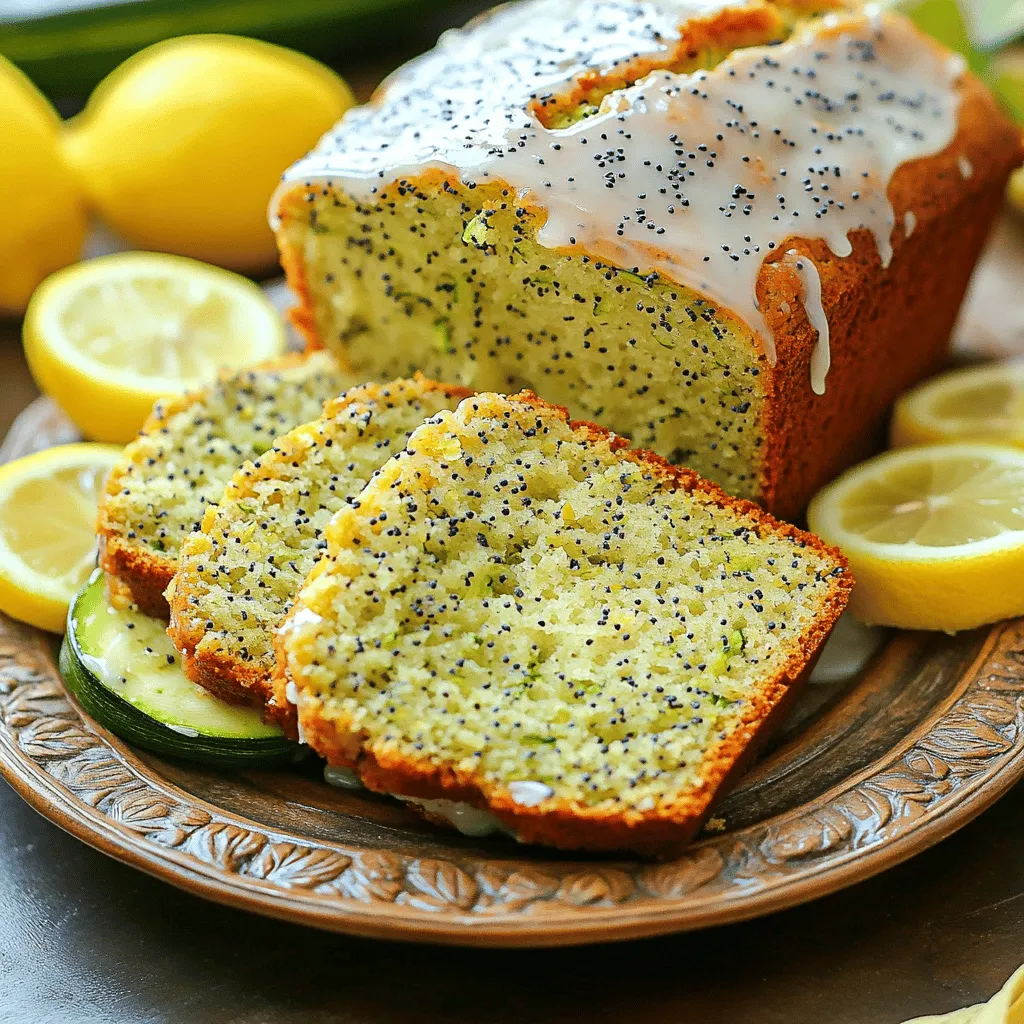 - 2 medium zucchinis, grated - 1 cup granulated sugar - 1/2 cup vegetable oil - 2 large eggs - 1 teaspoon vanilla extract - 1 teaspoon lemon extract - Zest of 1 lemon - 1 1/2 cups all-purpose flour - 1 teaspoon baking powder - 1/2 teaspoon baking soda - 1/4 teaspoon salt - 2 tablespoons poppy seeds - Lemon glaze (icing sugar + lemon juice) - Nuts or seeds (for texture) - To measure zucchini, grate it and pack it lightly in a cup. - For different ingredients, use a dry measuring cup for solids and a liquid measuring cup for liquids. Using the right ingredients is key to making the best lemon poppy seed zucchini bread. The zucchinis add moisture and nutrients. The sugar balances the tartness of the lemon. Vegetable oil gives a soft texture. Eggs bind it all together. Both vanilla and lemon extracts boost the flavor. The zest adds freshness. Baking powder and baking soda help the bread rise. Salt enhances the flavors. Poppy seeds give a nice crunch and a pretty look. You can add a lemon glaze on top for a sweet touch. Nuts or seeds can add texture and flavor. For measurement, ensure your zucchini is packed but not too tight. This way, you get the right amount without it being too wet. If you want to switch ingredients, remember that liquid and solid measurements differ. For the full recipe, check the detailed instructions. This bread is a delightful treat that anyone can make! - Preheat oven to 350°F (175°C). - Grease and flour a loaf pan. Start by getting your oven nice and hot. This step is key for even baking. Greasing and flouring the pan helps the bread not stick. You want to ensure it comes out easily after baking. - Combine zucchini and sugar, then let rest. - Mix wet ingredients separately. First, take your grated zucchini and mix it with the sugar. Let this sit for about 10 minutes. This draws out the moisture from the zucchini, making your bread moist. Then, in a different bowl, mix the oil, eggs, vanilla, lemon extract, and zest. This adds great flavor to your bread. - Whisk dry ingredients before combining. - Tips to avoid overmixing. In another bowl, whisk together the flour, baking powder, baking soda, and salt. This helps spread the leavening evenly. When you add the dry mix to the wet ingredients, stir gently. Overmixing can make your bread tough. Just mix until you see no more flour. - Pour batter into the pan and smooth top. - Baking time and doneness check. Now, pour your batter into the prepared loaf pan. Use a spatula to smooth the top. Bake for 50-60 minutes. To check if it's done, insert a toothpick in the center. If it comes out clean, it’s ready. Let it cool for 10 minutes in the pan before moving it to a wire rack. For the full recipe, refer to the section above. Enjoy your baking! To get the best texture, do not overmix the batter. Overmixing can make the bread tough. Mix just until you see no dry flour. After baking, let the bread cool before slicing. This helps the bread set and improves the slice quality. Keep the moisture in the zucchini to make the bread moist. Grate the zucchini and let it sit with sugar for ten minutes. This draws out extra liquid. You can also add spices like cinnamon or nutmeg for more flavor. They pair well with lemon. Serve the bread warm or at room temperature. For a nice touch, add a simple lemon glaze on top. Just mix icing sugar and lemon juice for the glaze. You can also garnish with lemon slices and extra poppy seeds. Pair it with tea or coffee for a delightful snack. {{image_4}} You can easily change the taste of your lemon poppy seed zucchini bread. Adding chocolate chips or nuts gives it a new twist. Try dark chocolate chips for a rich flavor. Walnuts or pecans add a nice crunch. You can also swap flavor extracts. Instead of lemon extract, use almond or orange extract. Each option brings a unique taste to the bread. Experimenting with flavors keeps things fun! If you want a healthier option, use whole wheat flour instead of all-purpose flour. Whole wheat adds fiber and nutrients. You can also cut back on sugar. Try using natural sweeteners like honey or maple syrup. These swaps help make the bread lighter. For those who need gluten-free options, use a gluten-free flour blend. Many blends work well in baking. Just make sure to check the ratios for best results. If you follow a vegan diet, you can replace the eggs with flaxseed meal or applesauce. Use non-dairy milk in place of regular milk. These simple adjustments let everyone enjoy this delicious bread. For the full recipe, check out the detailed steps provided earlier! To keep your zucchini bread moist, wrap it tightly. Use plastic wrap or aluminum foil. You can also place it in an airtight container. This helps to seal in the moisture and flavor. Store the bread at room temperature for up to three days. If you want to keep it longer, refrigeration can dry it out. Freezing your lemon poppy seed zucchini bread is easy. First, slice the bread after it cools. Wrap each slice in plastic wrap. Then, place the wrapped slices in a freezer-safe bag. This way, you can grab just what you need. To thaw, take a slice out and leave it at room temperature for about 30 minutes. If you want it warm, pop it in the microwave for 10-15 seconds. Zucchini bread lasts four to five days at room temperature. In the fridge, it can stay fresh for up to a week. If frozen, it can last for about three months. Remember, the longer it stays, the more it may lose flavor and moisture. Enjoy your delicious bread while it's fresh! Can I use yellow squash instead of zucchini? Yes, you can use yellow squash. It has a similar texture and flavor. Just grate it the same way you would with zucchini, and follow the recipe as usual. How can I tell if my zucchini bread is done? To check, insert a toothpick into the center. If it comes out clean or with a few crumbs, your bread is ready. If it’s wet, bake a little longer. Can I substitute oil with applesauce? Yes, you can use applesauce instead of oil. This swap keeps the bread moist and adds some natural sweetness. Use the same amount of applesauce as oil. What can I use instead of eggs? For egg substitutes, you can use flaxseed meal or chia seeds. Mix 1 tablespoon of either with 2.5 tablespoons of water. Let it sit for a few minutes until it thickens. How can I make this recipe less sweet? To reduce sweetness, cut back on the sugar by 1/4 cup. You can also add more lemon zest for flavor without extra sugar. Tips for different pan sizes and baking times If you use a smaller pan, check the bread 10 minutes early. For a larger pan, add 10-15 minutes to the baking time. Always use a toothpick to check doneness. To make this Easy Lemon Poppy Seed Zucchini Bread, you start by mixing grated zucchini with sugar. Let it rest for ten minutes to draw out moisture. Then, blend in oil, eggs, and extracts. In another bowl, whisk flour, baking powder, baking soda, and salt. Mix the dry and wet ingredients gently. Fold in poppy seeds, pour the batter into a loaf pan, and bake. This recipe uses simple ingredients like: - 2 medium zucchinis, grated - 1 cup granulated sugar - 1/2 cup vegetable oil - 2 large eggs - 1 teaspoon vanilla extract - 1 teaspoon lemon extract - Zest of 1 lemon - 1 1/2 cups all-purpose flour - 1 teaspoon baking powder - 1/2 teaspoon baking soda - 1/4 teaspoon salt - 2 tablespoons poppy seeds Each slice of this bread has about 200 calories. It also packs a good punch of nutrients. Zucchini is rich in vitamins A and C. It helps keep your skin healthy and boosts your immune system. Lemons add vitamin C too, which can help fight colds. Plus, the poppy seeds give you fiber and minerals. Enjoy this bread for a tasty treat that feels good to eat! In this post, we walked through the tasty zucchini bread recipe. You learned about key ingredients, measurement tips, and how to bake it correctly. I shared ways to enhance its flavor and texture and suggested storage options. Don't forget, you can customize the recipe to fit your diet or preferences. Enjoy this versatile bread, whether you treat it as a sweet snack or a breakfast option. I'm sure your zucchini bread will delight everyone who tries it.