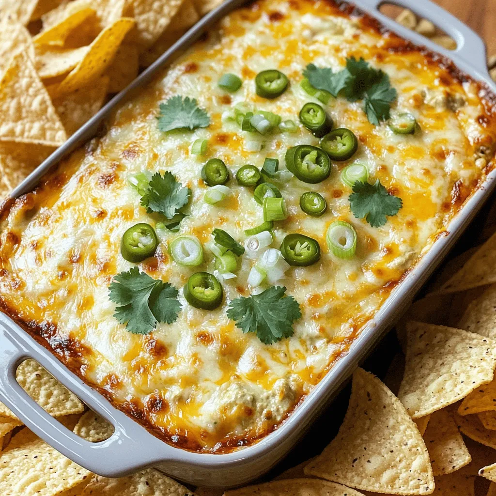 - 1 cup roasted Hatch green chiles, finely chopped - 1 cup cream cheese, softened - 1 cup sour cream - 1 cup shredded Monterey Jack cheese - 1 cup shredded sharp cheddar cheese - 2 cloves garlic, minced - 1 tablespoon fresh lime juice - 1 teaspoon ground cumin - Salt and freshly cracked black pepper to taste To make the best Cheesy Hatch Green Chile Dip, you need quality ingredients. The main stars are roasted Hatch green chiles. They bring a mild heat and a smoky flavor. You can use fresh or canned chiles. Cream cheese and sour cream form a creamy base. The cream cheese should be soft. This helps it mix well. Sour cream adds tanginess. For cheese, I love using Monterey Jack and sharp cheddar. They melt well and create a rich flavor. Feel free to mix these cheeses based on your taste. Now, let’s talk about flavor enhancers. Garlic adds depth. Fresh lime juice gives a bright note. Ground cumin adds warmth and earthiness. Always add salt and pepper to taste. This brings all the flavors together. You can find the full recipe in the article above. Grab these ingredients and get ready for a delicious dip! - Preheat oven to 350°F (175°C). - Mix cream cheese and sour cream until smooth. Start by preheating your oven. This step is key for a perfectly baked dip. While the oven heats, grab a large bowl. Add your softened cream cheese and sour cream. Use a hand mixer or a sturdy spatula to mix them. You want a creamy, smooth texture with no lumps. - Add roasted Hatch green chiles, garlic, lime juice, cumin, salt, and pepper. - Fold in melted cheese combinations and prepare for baking. Next, it’s time to elevate the flavor. Add in your roasted Hatch green chiles, minced garlic, lime juice, cumin, salt, and pepper. Mix it all together well. This blend brings out the best taste in your dip. Then, gently fold in your shredded Monterey Jack and cheddar cheese. Be sure to save a bit of cheese for the top later. This will create that golden, bubbly crust everyone loves! - Transfer to baking dish and sprinkle reserved cheese. - Bake until bubbling and golden brown for 20-25 minutes. Now it’s baking time! Carefully transfer the mixture into an oven-safe baking dish. Smooth the top with a spatula. Then, sprinkle the reserved cheese evenly on top. Place it in your preheated oven. Bake for 20-25 minutes. Keep an eye on it. You want it to be bubbling and golden brown. After baking, let it cool for about five minutes before serving. This dip pairs perfectly with crispy tortilla chips. It’s a treat that will wow your guests! For the full recipe, make sure to check the complete guide. Use fresh Hatch green chiles for the best taste. These chiles have a unique flavor that shines in this dip. If fresh chiles are not available, canned ones work too. Adjust seasoning to fit your taste. Don’t be shy with salt and pepper. Taste as you go, and make it yours! To make your dip creamier, add more sour cream or cream cheese. This will give it a rich, smooth texture. Blend the mixture well to avoid lumps. A hand mixer or a spatula works great for this. Smoothness is key for a delightful dip. Serve the dip warm with crispy tortilla chips. The contrast of hot dip and cool chips is amazing. Garnish with cilantro or green onions for a pop of color. This not only looks nice but adds a fresh taste. Your guests will love the vibrant look and flavor! For the full recipe, check out the earlier section. {{image_4}} Want more heat? Adding jalapeños gives your dip a spicy kick. You can chop them finely and mix them in with the green chiles. For an extra layer of spice, use pepper jack cheese instead of Monterey Jack. This change will make your dip even more exciting. If you prefer a plant-based version, try using vegan cream cheese and cheese alternatives. These options help keep the creamy texture while being dairy-free. You can also pick dairy-free sour cream to make this dip fit your diet. It tastes great and still delivers on flavor. To mix things up, consider adding chopped olives or diced tomatoes. These ingredients add a burst of flavor. You can also experiment with different cheese blends like gouda or feta. Each cheese brings its own taste, making your dip unique every time you make it. For the full recipe, be sure to check the main article. Enjoy creating your own twist on this cheesy hatch green chile dip! Keep any leftovers in an airtight container in the fridge. This helps maintain the dip's flavor and texture. For the best taste, consume the dip within three days. After that, it may lose its creamy goodness and freshness. When you're ready to enjoy the dip again, reheat it in the oven or microwave. Heat until it's warm all the way through. If you notice that the dip thickens too much, add a splash of cream or milk. This will bring back its creamy texture. You can freeze the dip before baking. It will stay good for up to two months. To use it later, simply thaw it in the refrigerator prior to baking. This way, you can enjoy a warm, cheesy treat anytime! For the full recipe, check out the earlier sections. Yes, you can prepare the dip and store it in the fridge until ready to bake. This makes it easy to get ready for your party. Just cover the dish tightly with plastic wrap. When you are ready to serve, take it out and bake as directed. Absolutely! You can use other roasted chiles like poblano or green bell peppers. Each type of chile brings its own flavor and heat. Feel free to mix and match to find your perfect blend. If you want more heat, consider adding crushed red pepper flakes or fresh diced habanero. Start with a small amount and taste as you go. This way, you can control the spice level based on your taste. Serve your dip with tortilla chips, veggie sticks, or pita bread for dipping. These options complement the dip's creamy and cheesy texture. Plus, they add great crunch and flavor to each bite! This blog post shared a delicious recipe for Cheesy Hatch Green Chile Dip. We covered the main ingredients, helpful tips, variations, and storage methods. Remember, fresh chiles make a big difference. Adjust the spice level to match your taste. Serve it warm with chips or veggies for a fun snack. Enjoy trying different flavors and substitutes. Your dips will shine at any gathering!