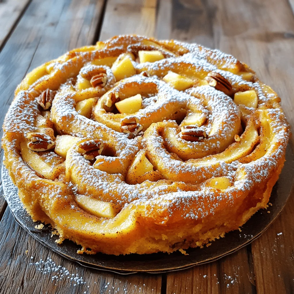 To make this cake, you need a few key ingredients. Here is the list: - 2 cups all-purpose flour - 1 cup granulated sugar - 1 tablespoon baking powder - 1/2 teaspoon salt - 1/4 cup unsalted butter, melted - 2 large eggs - 1 cup milk - 1 teaspoon vanilla extract - 2 apples, peeled and diced (like Granny Smith or Honeycrisp) - 1 tablespoon lemon juice - 1 teaspoon ground cinnamon - 1/2 cup brown sugar These ingredients come together to create a soft and sweet cake that bursts with apple flavor and warm spices. You can also add some optional ingredients to take your cake to the next level. Consider these: - 1/4 cup chopped pecans (for added crunch) - A sprinkle of powdered sugar (for serving) - A scoop of vanilla ice cream (to enhance the dessert) These ingredients can add fun textures and flavors to the cake, making it even more enjoyable. To prepare your apple cinnamon roll cake, gather these tools: - Mixing bowls (a large one and a small one) - Whisk (for mixing wet and dry ingredients) - Knife (for chopping apples) - Baking pan (9x13-inch works best) - Parchment paper (optional, for easy removal) - Toothpick (to check if the cake is done) Having the right tools makes the process smoother and helps you create a stunning cake. For the full recipe, check out the details above. Start by preheating your oven to 350°F (175°C). This step is key to baking a great cake. Next, grab a 9x13-inch baking pan. Grease it well or line it with parchment paper. This will help the cake come out easily after baking. Take two apples, like Granny Smith or Honeycrisp. Peel and dice them into small pieces. In a bowl, mix the diced apples with one tablespoon of lemon juice and one teaspoon of ground cinnamon. Toss them gently, so the apples are well coated. Set them aside to let the flavors blend. In a large bowl, whisk together two cups of all-purpose flour, one cup of granulated sugar, one tablespoon of baking powder, and half a teaspoon of salt. Make sure they mix well. This helps the cake rise evenly when baked. In another bowl, mix a quarter cup of melted unsalted butter, two large eggs, one cup of milk, and one teaspoon of vanilla extract. Whisk until smooth. This mixture adds moisture and flavor to your cake. Slowly pour the wet mixture into the dry ingredients. Stir gently until they combine. It’s okay if some lumps remain; they help keep the cake tender. Now, pour half of the batter into your prepared pan. Spread it out evenly. Take the apple mixture and spread it over the batter. Sprinkle half a cup of brown sugar on top. If you like, add a quarter cup of chopped pecans for extra crunch. Finally, pour the rest of the batter over the apples and smooth it out. Using a knife or skewer, swirl through the batter to mix in the apple and cinnamon. This adds a nice marbled look. Place the pan in the oven and bake for 30-35 minutes. Check with a toothpick to see if it comes out clean. Keep an eye on it to avoid overbaking. Enjoy making this delicious Apple Cinnamon Roll Cake with the full recipe! To keep your cake moist, use fresh apples. They add natural moisture. I recommend Granny Smith or Honeycrisp apples. They balance sweet and tart flavors. Mixing the batter just enough is key. You want it combined but still slightly lumpy. Overmixing can make the cake dense. Also, don't skip the lemon juice. It brightens the flavors and helps the apples stay fresh. One common mistake is not measuring ingredients properly. Use measuring cups for accuracy. If you pack the flour, it can weigh too much. Another mistake is opening the oven door too often. This lets heat escape and affects baking time. Lastly, avoid using cold eggs or milk. They should be at room temperature for the best results. When swirling, use a knife or skewer. Start from the center and move outwards. Do this gently to avoid mixing too much. You want a nice marbled look. If you swirl too hard, you lose the layers. Aim for a pretty pattern that shows the apple and cinnamon mix. It adds visual appeal and flavor depth to your cake. For more detailed steps, check out the Full Recipe. {{image_4}} One tasty way to enjoy this cake is with cream cheese frosting. The tangy cream cheese pairs well with the sweet apples. To make the frosting, mix together cream cheese, butter, powdered sugar, and vanilla extract. Spread this over the cooled cake for a rich finish. You can also add a pinch of cinnamon for extra flavor. This frosting makes each bite even more indulgent. If you need a gluten-free option, swap the all-purpose flour for a gluten-free blend. Many brands offer one-to-one substitutes that work well in this recipe. Make sure your baking powder is gluten-free, too. The rest of the ingredients stay the same. This way, everyone can enjoy the cake, without any worries. You can change up the fruit in this cake based on the season or your mood. Pears, peaches, or berries can replace the apples. Simply adjust the spices to match the fruit. For example, try adding nutmeg with pears for a warm flavor. With these simple swaps, you create a new treat each time, keeping it exciting for your taste buds. For the complete recipe, check out the [Full Recipe]. To store your Apple Cinnamon Roll Cake, let it cool completely. Once cooled, cover it tightly with plastic wrap or aluminum foil. You can also place it in an airtight container. This keeps the cake fresh for up to three days at room temperature. If your kitchen is warm or humid, it is best to store it in the fridge. In the fridge, it stays good for about five days. If you want to save the cake for later, freezing is a great option. First, let the cake cool completely. Then, slice it into pieces. Wrap each slice in plastic wrap, then place them in a freezer bag. Remove as much air as possible before sealing. This method keeps the cake fresh for up to three months. When you’re ready to enjoy it, just thaw it in the fridge overnight. When reheating, I suggest using the oven for the best results. Preheat your oven to 350°F (175°C). Place the slice on a baking sheet and cover it with aluminum foil. Heat for about 10-15 minutes, until warmed through. You can also microwave a slice for about 30 seconds, but this may make it a bit soggy. Enjoy it warm to bring out the flavors of apple and cinnamon. For the full recipe, check out the detailed instructions! Yes, you can use other fruits! Pears, peaches, or berries work great. Just chop them small like apples. Adjust the sugar if the fruits are sweeter or tarter. This gives you lots of options to mix flavors in your cake. To make this cake healthier, you can use whole wheat flour instead of all-purpose flour. You can also replace sugar with honey or maple syrup. Using applesauce can cut down on butter. These swaps keep the taste while adding nutrients. Store leftovers in an airtight container at room temperature. You can also refrigerate them for longer freshness. To serve, warm slices in the microwave for about 15 seconds. This brings back the fresh-baked taste and makes it cozy to enjoy. Yes, you can prepare the batter ahead of time! Mix the dry and wet ingredients separately. Combine them just before baking to keep the cake light and fluffy. This way, you save time when you want to bake. If you don't have pecans, walnuts or almonds work well too. You can also skip nuts if you prefer. For a nut-free option, add more apples or sprinkle some oats for crunch. These changes keep your cake tasty and enjoyable. This blog post covered how to make a delicious Apple Cinnamon Roll Cake. We discussed key and optional ingredients, along with handy tools. I provided clear, step-by-step instructions from prep to baking. I shared tips to avoid common mistakes and ensure a moist cake. You can explore fun variations and learn how to store it properly. In the end, this cake is easy to make and enjoyable. Feel free to experiment with flavors and share your results!