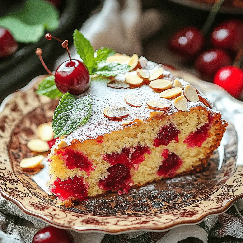 To make a delicious cherry almond cake, you need some key ingredients. Here’s what you’ll need: - 1 cup all-purpose flour - 1/2 cup almond flour - 1 teaspoon baking powder - 1/2 teaspoon baking soda - 1/4 teaspoon salt - 1/2 cup unsalted butter, softened to room temperature - 1 cup granulated sugar - 2 large eggs, at room temperature - 1 teaspoon pure vanilla extract - 1/2 teaspoon pure almond extract - 1 cup fresh or frozen cherries, pitted and halved - 1/4 cup sliced almonds, for topping - Powdered sugar, for dusting These ingredients combine to create a cake that is both moist and flavorful. The combination of almond flour and cherries gives the cake a unique taste. If you need substitutes, there are some easy options: - Use coconut flour instead of almond flour for a nut-free option. - Replace granulated sugar with coconut sugar for a healthier choice. - You can use egg replacers for a vegan cake. For best results, make sure your butter is soft. Room temperature eggs mix better with the other ingredients. Add some fun touches to your cake! Here are some ideas: - Top with whipped cream for extra creaminess. - Add a drizzle of chocolate sauce for a sweet twist. - Sprinkle fresh mint leaves for a pop of color. These garnishes make your cherry almond cake look stunning and taste even better! You can find the full recipe above. Enjoy baking! First, you need to preheat your oven to 350°F (175°C). This step is key for even baking. Next, grab a 9-inch round cake pan. Grease it well with butter or cooking spray. Then, line the bottom with parchment paper. This makes it easy to take the cake out later. In a medium bowl, add the all-purpose flour, almond flour, baking powder, baking soda, and salt. Use a whisk to mix them together. This helps combine all the dry ingredients evenly. Set this bowl aside for now. In a large mixing bowl, add the softened butter and granulated sugar. Use an electric mixer on medium speed. Beat this mixture for about 3-4 minutes. You want it to turn light and fluffy. This step adds air to the batter, making your cake soft. Now, add the eggs one at a time to the butter mix. Make sure to mix well after each egg. Once all the eggs are in, add the vanilla and almond extracts. Mix until everything is combined. This adds great flavor to your cake. Take the dry flour mix and gradually add it to the wet ingredients. Mix gently on low speed or use a spatula. Stop mixing as soon as you see no dry flour. Overmixing can make the cake tough, so be careful. Now, fold in the halved cherries gently. Use a spatula to keep them whole and evenly mixed in the batter. Once done, pour the batter into your prepared cake pan. Smooth the top with a spatula. Sprinkle the sliced almonds on top for added crunch. You can find the Full Recipe in the earlier sections. For the best cherry almond cake, set your oven to 350°F (175°C). This temperature helps the cake rise evenly. Bake for 30 to 35 minutes. Check with a toothpick to see if it's done. It should come out clean with a few moist crumbs attached. One common mistake is overmixing the batter. Mix just until the dry and wet ingredients combine. Overmixing makes the cake dense and tough. Also, remember to fold the cherries in gently. This keeps them whole and adds texture. To get a light and fluffy cake, cream the butter and sugar well. Beat them for 3 to 4 minutes until they look pale and fluffy. Use room temperature eggs for better mixing. Finally, let the cake cool fully before serving. This helps the flavors develop and the texture firm up. For more details, check the Full Recipe. {{image_4}} You can make a gluten-free version of the cherry almond cake. Start by using gluten-free all-purpose flour instead of regular flour. Make sure the flour blend has xanthan gum. This helps to bind the cake and keep it moist. The rest of the recipe stays the same. You will still enjoy the sweet cherry and nutty almond flavors. To create a vegan cherry almond cake, replace the eggs and butter. Use flax eggs or applesauce as an egg substitute. For the butter, use coconut oil or vegan butter. Replace granulated sugar with coconut sugar or another vegan sweetener. The cake will still be moist and rich, with the same delightful flavors. If you want to mix things up, try adding different flavors. For chocolate lovers, fold in cocoa powder into the dry mix. This adds a rich taste. For a fresh twist, add lemon zest. The citrus will balance the sweetness of the cherries. You can also experiment with different nuts, like walnuts or pecans, for added crunch. Each of these variations keeps the essence of the cherry almond cake while providing a new experience. If you need the full recipe, check back to the earlier section. To keep your Cherry Almond Cake fresh, store leftovers in an airtight container. This helps maintain its moistness. You can leave it at room temperature for up to three days. If you prefer, place it in the fridge. It will stay good for about a week. Just remember to cover it well to prevent it from drying out. Freezing is a great option if you want to save your Cherry Almond Cake for later. First, let the cake cool completely. Then, wrap it tightly in plastic wrap. You can also use aluminum foil for extra protection. Place the wrapped cake in a freezer-safe bag or container. It can last for up to three months in the freezer. When you’re ready to enjoy it, thaw the cake in the fridge overnight. Here are some best practices to keep your cake fresh: - Store in a cool, dry place. - Avoid direct sunlight, which can cause the cake to lose flavor. - If you use frosting, store it separately if possible. - For longer freshness, consider using a cake dome or cover. For even more tips, check out the Full Recipe to ensure your Cherry Almond Cake stays delightful for days! Yes, you can use frozen cherries. Just thaw and drain them first. This helps keep the batter from getting too wet. Frozen cherries work well and still taste great in the cake. The cake stays fresh for about three days at room temperature. Store it in an airtight container to keep it moist. If you want it to last longer, keep it in the fridge for up to a week. You can use walnuts or pecans if you prefer. Both nuts add a nice crunch and flavor. You can also skip the nuts if you have a nut allergy. To prevent sticking, grease the pan well and use parchment paper. Make sure to cover the bottom and sides. This way, your cake will slide out easily after baking. Yes, you can make the cake a day in advance. Just wrap it tightly and store it. This helps the flavors to blend. You can also freeze it for up to three months. Just thaw it overnight before serving. For the full recipe, check the section above. In this post, we explored the key ingredients and steps for making Cherry Almond Cake. We covered tips for perfecting your bake and shared variations for different diets. Remember, the right temperature and timing are crucial. With practice, you’ll avoid common mistakes and create a perfect texture. Storing your cake properly keeps it fresh for longer. Enjoy baking this special treat, and don’t be afraid to try new flavors! Your kitchen journey is just beginning, and I hope you have fun with it.