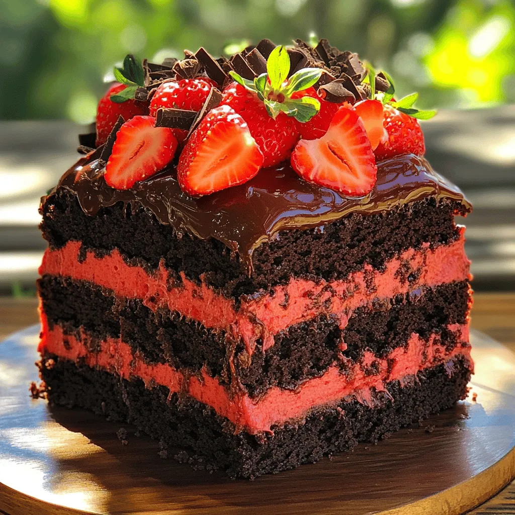 - 1 ¾ cups all-purpose flour - 1 ½ cups granulated sugar - ¾ cup unsweetened cocoa powder - 1 ½ teaspoons baking powder - 1 ½ teaspoons baking soda - 1 teaspoon salt - 2 large eggs - 1 cup whole milk - ½ cup vegetable oil - 2 teaspoons vanilla extract - 1 cup boiling water - 2 cups fresh strawberries, hulled and sliced - ½ cup powdered sugar - 1 tablespoon lemon juice - 1 cup heavy cream - 1 teaspoon vanilla extract - 1 tablespoon gelatin powder - 3 tablespoons cold water To make the fluffy chocolate cake and strawberry mousse, you need fresh and good-quality ingredients. The chocolate cake requires flour, sugar, cocoa powder, and more. Each ingredient plays a role. For the best flavor, use real vanilla extract. The strawberry mousse uses fresh strawberries for the best taste. You can add a touch of lemon juice to enhance the flavor. Heavy cream gives the mousse a rich, creamy texture. For the gelatin, make sure to sprinkle it over cold water first. This helps it dissolve better. You can find the full recipe details to guide you through making this delightful treat. - Preheat the oven to 350°F (175°C) and prepare cake pans. - In a large bowl, mix the flour, sugar, cocoa powder, baking powder, baking soda, and salt. - Now, combine the eggs, milk, oil, and vanilla in a separate bowl. Add this mix to the dry ingredients. - Gradually stir in the boiling water until the batter is smooth and thin. - Blend the hulled and sliced strawberries, powdered sugar, and lemon juice until smooth. - In a small bowl, sprinkle gelatin over cold water. Let it sit for about five minutes. Heat gently until it dissolves. - In a separate bowl, whip the cream until it forms soft peaks. Then, add vanilla and whip until stiff peaks form. - Gently fold the strawberry mixture and dissolved gelatin into the whipped cream. - Once the chocolate cakes cool, place one layer on a serving plate. Spread half of the strawberry mousse evenly on top. - Add the second chocolate cake layer on top of the mousse. - You can use the remaining mousse to cover the top or sides for a nicer look. - Refrigerate the assembled cake for 1-2 hours. This helps the mousse set. - Before serving, consider garnishing with fresh strawberry slices or chocolate shavings. For more details and measurements, check the Full Recipe. Enjoy your cake! To make a great cake, start with your pans. Grease them well and dust with flour. This helps the cake slide out easily. After mixing your batter, bake it until it's perfect. Use a toothpick to test doneness. Insert it in the center of the cake. If it comes out clean, your cake is ready. Making the mousse is fun! First, whip your cream until it is fluffy. Look for soft peaks; this is key. For the gelatin, sprinkle it over cold water and let it sit. Then, heat it gently until it dissolves. Mix it slowly into your whipped cream for a smooth mousse. Serving your cake can be creative! Place it on a nice plate. You can add a layer of mousse on top or around the sides. For garnishes, fresh strawberries are perfect. You can also use chocolate shavings for a classy touch. Your cake will look and taste amazing! {{image_4}} You can change the flavor of the cake. One great option is adding coffee to the batter. This creates a rich mocha chocolate cake. Just mix in about 1 cup of strong brewed coffee. It adds depth and enhances the chocolate flavor. For the mousse, try using different berries. Raspberries or blueberries work well. Blend them just like the strawberries. This will give you a new twist on the classic dessert. Each berry offers a unique taste that brightens the cake. If you are gluten-free, you can still enjoy this cake. Use a gluten-free flour blend instead of all-purpose flour. Just make sure it has a good texture. For those who need dairy-free options, you can swap milk and cream. Use almond milk or coconut milk. For the cream, try coconut cream. These changes still keep the dessert rich and tasty. Want a smaller cake? You can easily scale down the recipe. Just cut the ingredients in half. This way, you can make a cake for two or three people. You can also make mini cakes or cupcakes. Use a muffin tin instead of cake pans. Bake them for about 15-20 minutes. This gives everyone a personal treat. For the full recipe, be sure to check out the complete instructions. To keep your chocolate cake fresh, wrap it tightly in plastic wrap. This method locks in moisture and keeps it soft. You can also store it in an airtight container. If you have leftover cake, it stays fresh at room temperature for about three days. For longer storage, freeze the cake layers. Just wrap each layer in plastic wrap, then place them in a freezer-safe bag. Frozen cake can last up to three months. When you’re ready to eat, thaw it in the fridge overnight. To keep your strawberry mousse fresh, store it in the fridge. Use a container with a tight lid to prevent it from absorbing other smells. Mousse can stay fresh for about three days in the fridge. If you want to keep it longer, you can freeze it. Just scoop it into freezer-safe containers, leaving some space for expansion. It can last up to a month frozen. When you want to enjoy it, thaw it in the fridge for a few hours. The chocolate cake can last three days at room temperature. If stored in the fridge, it can last up to a week. The mousse lasts about three days in the fridge. If you see any signs of spoilage, like mold or an off smell, it's best to throw it away. Always check for freshness before serving. Enjoy your fluffy chocolate cake with strawberry mousse while it's at its best! To make your cake fluffy, follow these steps: - Use room temperature ingredients: Eggs and milk should be at room temperature. This helps mix better and trap air. - Cream the sugar and eggs well: Beat them together until light and fluffy. This adds air to the batter. - Sift dry ingredients: Sifting flour and cocoa powder adds air, making the cake lighter. - Mix gently: When combining wet and dry ingredients, mix just until combined. Overmixing can lead to a dense cake. - Check oven temperature: An accurate oven temperature ensures even baking. An oven thermometer can help. Yes, you can use frozen strawberries for the mousse. Here’s what to consider: - Thaw before using: Thaw frozen strawberries in the fridge or at room temperature. This helps them blend smoothly. - Adjust sweetness: Frozen strawberries can be sweeter. Taste the mixture and adjust the sugar if needed. - Texture: Frozen strawberries may make the mousse slightly less vibrant in color but will taste just as good. To keep your mousse from separating, follow these tips: - Use fresh ingredients: Make sure your cream is fresh and has a high fat content for stability. - Whip cream properly: Whip it to stiff peaks. This adds volume and helps it hold together. - Add gelatin correctly: Ensure the gelatin is fully dissolved before mixing it into the mousse. This keeps it smooth. - Fold gently: When combining the strawberry mixture with whipped cream, fold gently to maintain airiness. If you need an egg substitute, try one of these options: - Flaxseed meal: Mix 1 tablespoon of ground flaxseed with 3 tablespoons of water. Let it sit for 5 minutes. - Applesauce: Use ¼ cup of unsweetened applesauce for each egg. This adds moisture and sweetness. - Mashed banana: Substitute ¼ cup of mashed ripe banana. This adds flavor and moisture. - Silken tofu: Blend ¼ cup of silken tofu until smooth to replace one egg. It helps with moisture and texture. For the full recipe, check out Fluffy Chocolate Cake with Strawberry Mousse. This blog post covered how to make a delicious chocolate cake with strawberry mousse. It shared ingredient lists, step-by-step instructions, and tips for baking. You learned about flavor variations and storage methods too. Remember, follow the steps closely for the best results. This cake is great for all occasions and is sure to impress. Enjoy decorating and sharing your treat! Happy baking!
