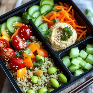 To create a vibrant bento lunch, you need fresh ingredients that are easy to prepare. Here’s a list of the main ingredients I recommend: - 1 cup cooked quinoa - 1/2 cup cherry tomatoes, halved - 1/2 cup cucumber, diced - 1/2 cup shredded carrots - 1/4 cup shelled edamame - 1/4 cup bell pepper, diced - 1/4 cup creamy hummus - 2 tablespoons sesame seeds - 2 tablespoons low-sodium soy sauce - 1 tablespoon olive oil - Salt and pepper to taste - Fresh cilantro or parsley for garnish These ingredients offer a colorful and tasty meal. Quinoa serves as a great base. It is high in protein and gluten-free. When considering dietary needs, this recipe suits many diets. It’s vegan, gluten-free, and full of nutrients. You can swap any vegetables based on your preferences. Fresh ingredients always win over frozen ones. Fresh veggies keep their crunch and flavor. Frozen ingredients can work in a pinch, but they may lose texture when thawed. Always choose what feels best for you and your lunch. For more details, check out the Full Recipe. Start by cooking your quinoa. Use a pot with water and bring it to a boil. Add one part quinoa and two parts water. Cover and simmer for about 15 minutes. Once done, let it cool. Next, mix your veggies. In a large bowl, add the cooked quinoa. Toss in the cherry tomatoes, cucumber, carrots, edamame, and bell pepper. Now, let’s make it tasty. Drizzle olive oil and soy sauce over the mixture. Add salt and black pepper to taste. Stir gently until everything is well mixed. For a nice bento look, arrange the salad in your box. Use one large compartment for the quinoa salad. This keeps it fresh and colorful. Portion your bento for two servings. Fill one compartment with the quinoa salad. In the other, add a generous scoop of hummus. This gives a creamy dip for the salad. Sprinkle sesame seeds over your bento. This adds a nice crunch. For garnish, add fresh cilantro or parsley on top. For the best look, place the quinoa salad first, then the hummus. This order makes your bento box inviting. Want to try the full recipe? Check out the vibrant quinoa bento box details above! To create a healthy bento, include balanced food groups. Aim for: - Whole grains like quinoa or brown rice - Lean proteins such as chicken or tofu - Colorful vegetables like carrots, bell peppers, and spinach For portion sizes, think about filling half your box with veggies. Use a quarter for grains and protein. This keeps your meal balanced and filling. Choose colorful vegetables for appeal. Bright colors often mean more nutrients. Add red cherry tomatoes, green cucumbers, and orange carrots. This not only makes your bento look good but helps you eat healthier. Get creative with how you arrange your ingredients. Use sections in your bento box. Place each food type in its own space. This keeps flavors separate and looks nice. Garnishes can enhance visuals. Fresh herbs like cilantro or parsley add a pop of green. You can also use sesame seeds for crunch and style. Just a sprinkle makes your meal look gourmet. To prevent sogginess, pack wet ingredients separately. Keep hummus or dressings in small containers. This way, your bento stays fresh and tasty until you eat it. You can find the full recipe for a vibrant quinoa bento box that’s easy and nutritious. {{image_4}} You can make your bento box fun and unique. Start by swapping out ingredients. If you're vegan, use chickpeas or avocado. For gluten-free options, choose brown rice instead of quinoa. This keeps it tasty for everyone. Seasonal ingredients also boost flavor. In summer, add fresh corn or zucchini. In fall, think about roasted sweet potatoes or pumpkin. These changes keep your meals fresh and exciting. You can add sauces or dressings to enhance flavors. A splash of teriyaki sauce adds sweetness. A drizzle of lemon juice brings brightness. Experiment with flavors to find what you enjoy most. Mixing ideas from different bento boxes can be fun. Try combining sushi rolls and grain salads. Blend flavors from different cuisines for a tasty twist. Use these best practices: Keep flavors simple. Pair savory with sweet. For example, add sliced apples to a savory dish. This balance creates a rich taste experience. When it comes to leftovers, store them in airtight containers. Use glass containers for easy reheating. Keep sauces separate to avoid sogginess. Enjoy your meal prep with these helpful tips. For a full recipe, check out the vibrant quinoa bento box. It’s a perfect start to your healthy lunch journey! To keep your bento box fresh, choose the right containers. Look for airtight, BPA-free plastic or glass containers. They help keep moisture in and air out, which is key. For meal prep, store the bento box in the fridge. This keeps the food cool and safe. If you plan to eat later in the week, use separate containers for each item. Keep sauces in small containers to avoid sogginess. When reheating, make sure to heat cooked ingredients safely. Remove any cold items like salad or hummus before heating. You can use the microwave or a pan. Heat until warm but not hot to keep flavors intact. Different foods have various safe keep times. Here are some guidelines: - Cooked grains (like quinoa): 3 to 5 days in the fridge. - Fresh veggies: 3 to 7 days, depending on the type. - Hummus: 4 to 7 days in the fridge. Always follow safe food handling practices. Wash your hands and clean surfaces before preparing food. Use separate cutting boards for raw meats and veggies. Watch for signs of spoilage. If food smells off or looks discolored, it's best to throw it away. Soft or mushy veggies indicate they are past their prime. For a delightful bento experience, follow these storage tips closely. You’ll enjoy fresh, tasty meals every time. For more ideas, check the Full Recipe for a vibrant quinoa bento box! For a tasty bento box, choose vegetables that add crunch and flavor. Here are some great options: - Carrots - Cucumbers - Bell peppers - Broccoli - Snap peas These veggies stay fresh and crisp. In spring, go for asparagus and radishes. In fall, try roasted sweet potatoes or Brussels sprouts. Always mix colors for a fun look! You can easily add more filling options to your bento box. Here are some tips: - Add protein like chicken, tofu, or hard-boiled eggs. - Include healthy fats such as nuts or avocado. - Use grains like brown rice or quinoa for extra bulk. - Add legumes like chickpeas or lentils for fiber. These ingredients will keep you satisfied longer. Yes, making bento boxes ahead of time is smart and easy! Here are some tips for meal prep: - Prep your ingredients on the weekend. - Store them in separate containers to keep them fresh. - When ready, assemble the bento box. For safe storage, use airtight containers. Keep them in the fridge for up to three days. Enjoy the convenience of a quick meal anytime! To wrap up, we've explored the key ingredients for a healthy bento lunch, from fresh vegetables to gluten-free options. I shared step-by-step instructions to prepare a tasty quinoa salad and assemble your bento box effectively. We discussed ways to maximize nutrition and presented tips to make your bento visually appealing. Lastly, we covered storage practices to keep your meals fresh. Remember, a well-prepped bento can make lunchtime enjoyable and nutritious. Dive in and create your own delicious bento box!