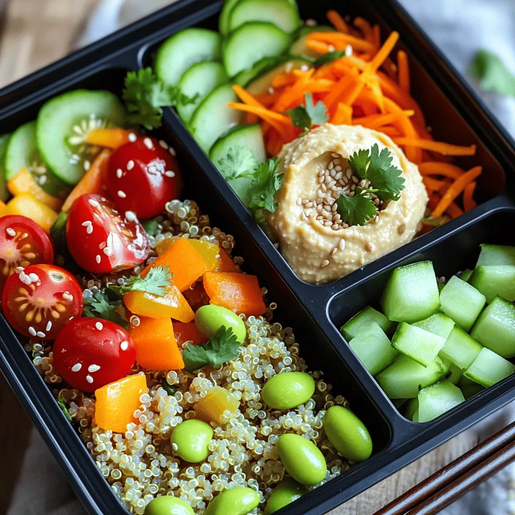 To create a vibrant bento lunch, you need fresh ingredients that are easy to prepare. Here’s a list of the main ingredients I recommend: - 1 cup cooked quinoa - 1/2 cup cherry tomatoes, halved - 1/2 cup cucumber, diced - 1/2 cup shredded carrots - 1/4 cup shelled edamame - 1/4 cup bell pepper, diced - 1/4 cup creamy hummus - 2 tablespoons sesame seeds - 2 tablespoons low-sodium soy sauce - 1 tablespoon olive oil - Salt and pepper to taste - Fresh cilantro or parsley for garnish These ingredients offer a colorful and tasty meal. Quinoa serves as a great base. It is high in protein and gluten-free. When considering dietary needs, this recipe suits many diets. It’s vegan, gluten-free, and full of nutrients. You can swap any vegetables based on your preferences. Fresh ingredients always win over frozen ones. Fresh veggies keep their crunch and flavor. Frozen ingredients can work in a pinch, but they may lose texture when thawed. Always choose what feels best for you and your lunch. For more details, check out the Full Recipe. Start by cooking your quinoa. Use a pot with water and bring it to a boil. Add one part quinoa and two parts water. Cover and simmer for about 15 minutes. Once done, let it cool. Next, mix your veggies. In a large bowl, add the cooked quinoa. Toss in the cherry tomatoes, cucumber, carrots, edamame, and bell pepper. Now, let’s make it tasty. Drizzle olive oil and soy sauce over the mixture. Add salt and black pepper to taste. Stir gently until everything is well mixed. For a nice bento look, arrange the salad in your box. Use one large compartment for the quinoa salad. This keeps it fresh and colorful. Portion your bento for two servings. Fill one compartment with the quinoa salad. In the other, add a generous scoop of hummus. This gives a creamy dip for the salad. Sprinkle sesame seeds over your bento. This adds a nice crunch. For garnish, add fresh cilantro or parsley on top. For the best look, place the quinoa salad first, then the hummus. This order makes your bento box inviting. Want to try the full recipe? Check out the vibrant quinoa bento box details above! To create a healthy bento, include balanced food groups. Aim for: - Whole grains like quinoa or brown rice - Lean proteins such as chicken or tofu - Colorful vegetables like carrots, bell peppers, and spinach For portion sizes, think about filling half your box with veggies. Use a quarter for grains and protein. This keeps your meal balanced and filling. Choose colorful vegetables for appeal. Bright colors often mean more nutrients. Add red cherry tomatoes, green cucumbers, and orange carrots. This not only makes your bento look good but helps you eat healthier. Get creative with how you arrange your ingredients. Use sections in your bento box. Place each food type in its own space. This keeps flavors separate and looks nice. Garnishes can enhance visuals. Fresh herbs like cilantro or parsley add a pop of green. You can also use sesame seeds for crunch and style. Just a sprinkle makes your meal look gourmet. To prevent sogginess, pack wet ingredients separately. Keep hummus or dressings in small containers. This way, your bento stays fresh and tasty until you eat it. You can find the full recipe for a vibrant quinoa bento box that’s easy and nutritious. {{image_4}} You can make your bento box fun and unique. Start by swapping out ingredients. If you're vegan, use chickpeas or avocado. For gluten-free options, choose brown rice instead of quinoa. This keeps it tasty for everyone. Seasonal ingredients also boost flavor. In summer, add fresh corn or zucchini. In fall, think about roasted sweet potatoes or pumpkin. These changes keep your meals fresh and exciting. You can add sauces or dressings to enhance flavors. A splash of teriyaki sauce adds sweetness. A drizzle of lemon juice brings brightness. Experiment with flavors to find what you enjoy most. Mixing ideas from different bento boxes can be fun. Try combining sushi rolls and grain salads. Blend flavors from different cuisines for a tasty twist. Use these best practices: Keep flavors simple. Pair savory with sweet. For example, add sliced apples to a savory dish. This balance creates a rich taste experience. When it comes to leftovers, store them in airtight containers. Use glass containers for easy reheating. Keep sauces separate to avoid sogginess. Enjoy your meal prep with these helpful tips. For a full recipe, check out the vibrant quinoa bento box. It’s a perfect start to your healthy lunch journey! To keep your bento box fresh, choose the right containers. Look for airtight, BPA-free plastic or glass containers. They help keep moisture in and air out, which is key. For meal prep, store the bento box in the fridge. This keeps the food cool and safe. If you plan to eat later in the week, use separate containers for each item. Keep sauces in small containers to avoid sogginess. When reheating, make sure to heat cooked ingredients safely. Remove any cold items like salad or hummus before heating. You can use the microwave or a pan. Heat until warm but not hot to keep flavors intact. Different foods have various safe keep times. Here are some guidelines: - Cooked grains (like quinoa): 3 to 5 days in the fridge. - Fresh veggies: 3 to 7 days, depending on the type. - Hummus: 4 to 7 days in the fridge. Always follow safe food handling practices. Wash your hands and clean surfaces before preparing food. Use separate cutting boards for raw meats and veggies. Watch for signs of spoilage. If food smells off or looks discolored, it's best to throw it away. Soft or mushy veggies indicate they are past their prime. For a delightful bento experience, follow these storage tips closely. You’ll enjoy fresh, tasty meals every time. For more ideas, check the Full Recipe for a vibrant quinoa bento box! For a tasty bento box, choose vegetables that add crunch and flavor. Here are some great options: - Carrots - Cucumbers - Bell peppers - Broccoli - Snap peas These veggies stay fresh and crisp. In spring, go for asparagus and radishes. In fall, try roasted sweet potatoes or Brussels sprouts. Always mix colors for a fun look! You can easily add more filling options to your bento box. Here are some tips: - Add protein like chicken, tofu, or hard-boiled eggs. - Include healthy fats such as nuts or avocado. - Use grains like brown rice or quinoa for extra bulk. - Add legumes like chickpeas or lentils for fiber. These ingredients will keep you satisfied longer. Yes, making bento boxes ahead of time is smart and easy! Here are some tips for meal prep: - Prep your ingredients on the weekend. - Store them in separate containers to keep them fresh. - When ready, assemble the bento box. For safe storage, use airtight containers. Keep them in the fridge for up to three days. Enjoy the convenience of a quick meal anytime! To wrap up, we've explored the key ingredients for a healthy bento lunch, from fresh vegetables to gluten-free options. I shared step-by-step instructions to prepare a tasty quinoa salad and assemble your bento box effectively. We discussed ways to maximize nutrition and presented tips to make your bento visually appealing. Lastly, we covered storage practices to keep your meals fresh. Remember, a well-prepped bento can make lunchtime enjoyable and nutritious. Dive in and create your own delicious bento box!