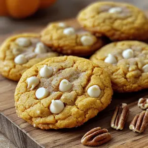 To make these delightful cookies, gather the following ingredients: - 1 cup pumpkin puree - 1/2 cup unsalted butter, softened - 1 cup packed light brown sugar - 1/2 cup granulated sugar - 1 large egg - 1 teaspoon pure vanilla extract - 2 cups all-purpose flour - 1 teaspoon baking soda - 1/2 teaspoon baking powder - 1 teaspoon ground cinnamon - 1/2 teaspoon ground nutmeg - 1/4 teaspoon fine sea salt - 1 cup white chocolate chips - 1/2 cup chopped pecans (optional) When cooking, it helps to know conversions: - 1 cup = 240 ml - 1/2 cup = 120 ml - 1 teaspoon = 5 ml - 1 tablespoon = 15 ml You can use almond flour for a gluten-free option. Instead of pecans, try walnuts or leave them out. These cookies are tasty, but keep in mind: - They contain gluten from the flour. - The recipe includes dairy from butter. - Use vegan butter and dairy-free chocolate to make them vegan. Always check for allergies before sharing. Enjoy the flavors of fall with these sweet cookies! For the full recipe, see the previous section. Start by gathering your ingredients. This makes the process smooth and fun. I recommend measuring everything first. Preheat your oven to 350°F (175°C). Line two baking sheets with parchment paper. This prevents cookies from sticking and makes cleanup easy. 1. Cream the Butter and Sugars: In a large bowl, mix the softened butter, brown sugar, and granulated sugar. Use an electric mixer or a whisk. Beat until it is light and fluffy, about 2-3 minutes. 2. Incorporate Pumpkin and Egg: Next, add the pumpkin puree, egg, and vanilla extract. Mix well until smooth and combined. 3. Mix Dry Ingredients: In another bowl, sift the flour, baking soda, baking powder, cinnamon, nutmeg, and salt. This step helps the cookies rise and adds flavor. 4. Combine Wet and Dry Mixtures: Gradually add the dry mix to the wet mix. Stir gently until just combined. Be careful not to overmix; this keeps your cookies soft. 5. Fold in Chips and Nuts: Gently fold in the white chocolate chips and pecans, if using. Make sure they are evenly spread in the dough. 6. Shape the Cookies: Use a tablespoon or cookie scoop to drop rounded dough on the baking sheets. Space them about 2 inches apart for even baking. 7. Bake: Place the sheets in your oven. Bake for 12-15 minutes. The edges should be lightly golden, and the centers should look soft but puffy. 8. Cool the Cookies: Remove the sheets from the oven. Let the cookies cool on the sheets for 5 minutes. Then, transfer them to wire racks to cool completely. - Do Not Overmix: Overmixing can make cookies tough. Mix until just combined. - Watch the Time: Keep an eye on the cookies while they bake. They should look soft but set. - Cool Completely: Letting cookies cool on a wire rack helps keep them soft and chewy. For the full recipe, refer to the detailed instructions earlier. Enjoy baking these delightful treats! Baking can be tricky, especially with pumpkin white chocolate chip cookies. One common mistake is using too much flour. Always measure flour correctly by spooning it into the cup, then leveling it off. Another mistake is overmixing the dough. Mixing too long can lead to tough cookies. Mix just until everything blends. Finally, don’t skip chilling the dough. Chilling helps the cookies hold their shape. To keep your cookies soft and chewy, use brown sugar. Brown sugar adds moisture and gives a rich flavor. Adding more pumpkin puree can also help. It keeps the cookies moist. Bake them just until the edges are golden. The centers should look soft and puffy. Letting the cookies cool on the baking sheet for a few minutes helps them set perfectly. Creaming the butter and sugars well is key. I recommend beating them for about 2-3 minutes. This adds air and makes your cookies light. Use room temperature butter for the best results. When mixing in the dry ingredients, do it slowly. Gradually add the flour mixture to the wet one. This helps avoid lumps and keeps the dough smooth. For the best flavor, fold in the white chocolate chips gently. This keeps them intact and evenly distributed. For the full recipe, check out the details above! {{image_4}} You can make these cookies gluten-free. Use a gluten-free flour blend. Look for blends that include xanthan gum. This helps mimic the texture of wheat flour. Your cookies will still be soft and chewy. Just be sure to read the labels carefully. Want to mix it up? You can add spices to boost flavor. Try adding ginger or allspice for warmth. A pinch of cloves can also work wonders. If you like heat, add a bit of cayenne pepper. Start with a small amount and adjust to taste. Looking for new flavors? You can swap white chocolate chips for dark chocolate. Butterscotch chips or caramel bits are delicious, too. For a nutty crunch, add walnuts or almonds instead of pecans. You can even stir in dried fruits like cranberries or raisins. Each choice brings a new twist to this classic cookie. For the full recipe, check out the details above! To keep your pumpkin white chocolate chip cookies fresh, store them in an airtight container. This helps lock in moisture and flavor. You can use a plastic container or a resealable bag. Place a piece of bread in the container to keep the cookies soft. The bread will absorb excess air and moisture. This simple trick works wonders! You can freeze these cookies for later enjoyment. First, let the cookies cool completely. Then, place them in a single layer on a baking sheet. Freeze them for about an hour. Once frozen, transfer the cookies to a freezer-safe bag. Make sure to label the bag with the date. They can last up to three months in the freezer. Thaw them at room temperature or warm them in the oven for a quick treat. When stored properly, these cookies last about one week at room temperature. If you want to enjoy them later, you can reheat them. Preheat your oven to 300°F (150°C). Place the cookies on a baking sheet and warm them for about 5 minutes. This makes them soft and delicious again. Enjoy these treats fresh out of the oven! For the full recipe, check out the recipe section above. Yes, you can use fresh pumpkin. First, cook the pumpkin until soft. Then, mash it well. Make sure to drain excess water. This keeps your cookies from getting too wet. You will need about 2 cups of fresh pumpkin for this recipe. Check the edges of the cookies. They should be lightly golden brown. The centers will look soft and puffy. You can also do a gentle poke. If it springs back, they are ready. Remember, cookies will firm as they cool. Serve these cookies warm or at room temperature. Pair them with a glass of milk or hot cider. They are perfect for fall gatherings. You can also dust them with a bit of powdered sugar for a sweet touch. Absolutely! Chopped pecans add great flavor and crunch. You can also try walnuts or almonds. Just fold them in with the chocolate chips. This adds texture and a lovely nutty taste. Place the cookies in an airtight container. This keeps them fresh for several days. You can also layer them with parchment paper to avoid sticking. If you want to keep them longer, freeze them. Yes, you can! Prepare the dough and chill it in the fridge. This makes it easy to bake fresh cookies later. Just wrap it well in plastic wrap. It will stay good for up to three days. If your dough feels too sticky, add a little more flour. Start with a tablespoon at a time. Mix gently until you reach the right consistency. It should be soft but not stick to your hands. Yes, feel free to swap white chocolate with milk or dark chocolate. You can even use a mix of chocolates for a fun twist. Just make sure to chop large chocolate bars into small pieces. For the full recipe, click [Full Recipe]. We explored how to make delicious pumpkin white chocolate chip cookies. We covered ingredients, including measurements and substitutions, so you can make them easily. You learned step-by-step instructions that ensure perfect cookies every time. I shared tips to avoid common mistakes and how to store your treats for freshness. Experimenting with variations adds fun to the recipe. Enjoy this flavorful treat. Feel free to explore and make it your own!