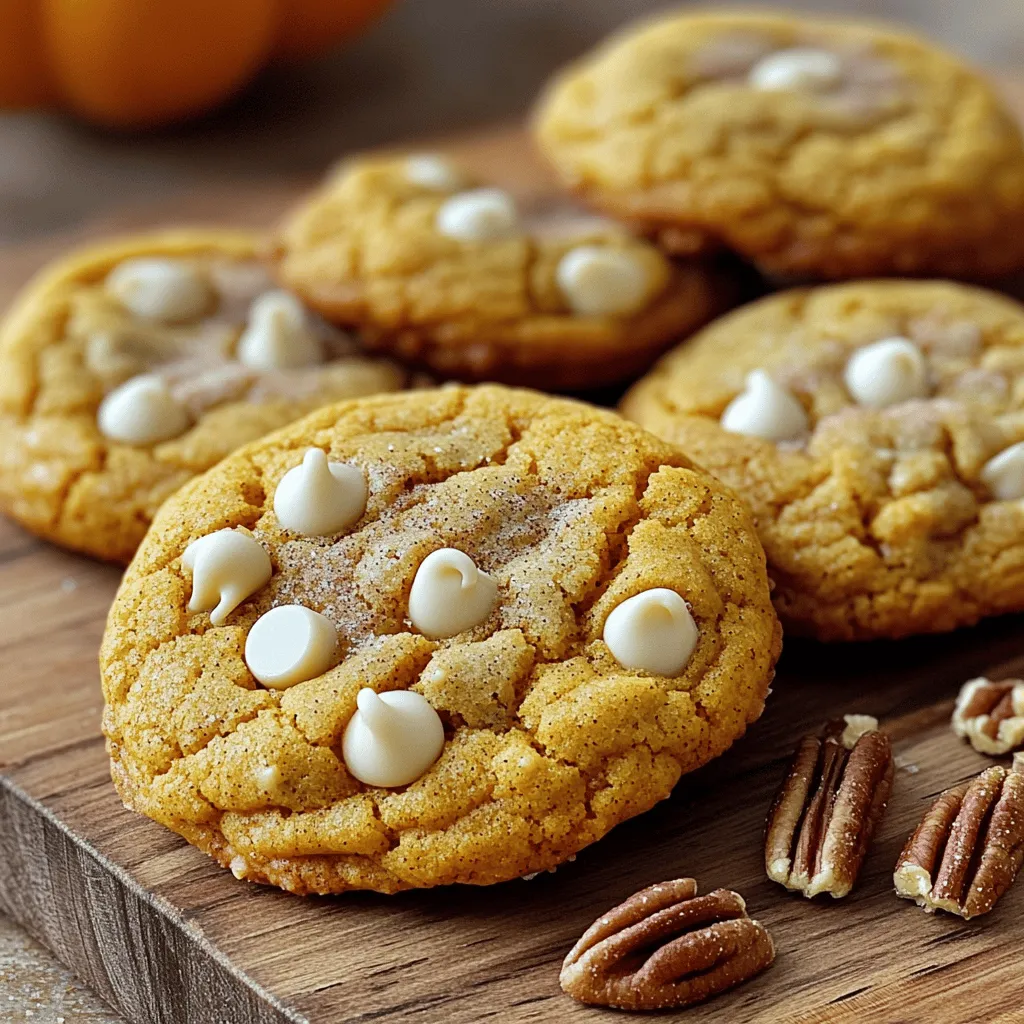 To make these delightful cookies, gather the following ingredients: - 1 cup pumpkin puree - 1/2 cup unsalted butter, softened - 1 cup packed light brown sugar - 1/2 cup granulated sugar - 1 large egg - 1 teaspoon pure vanilla extract - 2 cups all-purpose flour - 1 teaspoon baking soda - 1/2 teaspoon baking powder - 1 teaspoon ground cinnamon - 1/2 teaspoon ground nutmeg - 1/4 teaspoon fine sea salt - 1 cup white chocolate chips - 1/2 cup chopped pecans (optional) When cooking, it helps to know conversions: - 1 cup = 240 ml - 1/2 cup = 120 ml - 1 teaspoon = 5 ml - 1 tablespoon = 15 ml You can use almond flour for a gluten-free option. Instead of pecans, try walnuts or leave them out. These cookies are tasty, but keep in mind: - They contain gluten from the flour. - The recipe includes dairy from butter. - Use vegan butter and dairy-free chocolate to make them vegan. Always check for allergies before sharing. Enjoy the flavors of fall with these sweet cookies! For the full recipe, see the previous section. Start by gathering your ingredients. This makes the process smooth and fun. I recommend measuring everything first. Preheat your oven to 350°F (175°C). Line two baking sheets with parchment paper. This prevents cookies from sticking and makes cleanup easy. 1. Cream the Butter and Sugars: In a large bowl, mix the softened butter, brown sugar, and granulated sugar. Use an electric mixer or a whisk. Beat until it is light and fluffy, about 2-3 minutes. 2. Incorporate Pumpkin and Egg: Next, add the pumpkin puree, egg, and vanilla extract. Mix well until smooth and combined. 3. Mix Dry Ingredients: In another bowl, sift the flour, baking soda, baking powder, cinnamon, nutmeg, and salt. This step helps the cookies rise and adds flavor. 4. Combine Wet and Dry Mixtures: Gradually add the dry mix to the wet mix. Stir gently until just combined. Be careful not to overmix; this keeps your cookies soft. 5. Fold in Chips and Nuts: Gently fold in the white chocolate chips and pecans, if using. Make sure they are evenly spread in the dough. 6. Shape the Cookies: Use a tablespoon or cookie scoop to drop rounded dough on the baking sheets. Space them about 2 inches apart for even baking. 7. Bake: Place the sheets in your oven. Bake for 12-15 minutes. The edges should be lightly golden, and the centers should look soft but puffy. 8. Cool the Cookies: Remove the sheets from the oven. Let the cookies cool on the sheets for 5 minutes. Then, transfer them to wire racks to cool completely. - Do Not Overmix: Overmixing can make cookies tough. Mix until just combined. - Watch the Time: Keep an eye on the cookies while they bake. They should look soft but set. - Cool Completely: Letting cookies cool on a wire rack helps keep them soft and chewy. For the full recipe, refer to the detailed instructions earlier. Enjoy baking these delightful treats! Baking can be tricky, especially with pumpkin white chocolate chip cookies. One common mistake is using too much flour. Always measure flour correctly by spooning it into the cup, then leveling it off. Another mistake is overmixing the dough. Mixing too long can lead to tough cookies. Mix just until everything blends. Finally, don’t skip chilling the dough. Chilling helps the cookies hold their shape. To keep your cookies soft and chewy, use brown sugar. Brown sugar adds moisture and gives a rich flavor. Adding more pumpkin puree can also help. It keeps the cookies moist. Bake them just until the edges are golden. The centers should look soft and puffy. Letting the cookies cool on the baking sheet for a few minutes helps them set perfectly. Creaming the butter and sugars well is key. I recommend beating them for about 2-3 minutes. This adds air and makes your cookies light. Use room temperature butter for the best results. When mixing in the dry ingredients, do it slowly. Gradually add the flour mixture to the wet one. This helps avoid lumps and keeps the dough smooth. For the best flavor, fold in the white chocolate chips gently. This keeps them intact and evenly distributed. For the full recipe, check out the details above! {{image_4}} You can make these cookies gluten-free. Use a gluten-free flour blend. Look for blends that include xanthan gum. This helps mimic the texture of wheat flour. Your cookies will still be soft and chewy. Just be sure to read the labels carefully. Want to mix it up? You can add spices to boost flavor. Try adding ginger or allspice for warmth. A pinch of cloves can also work wonders. If you like heat, add a bit of cayenne pepper. Start with a small amount and adjust to taste. Looking for new flavors? You can swap white chocolate chips for dark chocolate. Butterscotch chips or caramel bits are delicious, too. For a nutty crunch, add walnuts or almonds instead of pecans. You can even stir in dried fruits like cranberries or raisins. Each choice brings a new twist to this classic cookie. For the full recipe, check out the details above! To keep your pumpkin white chocolate chip cookies fresh, store them in an airtight container. This helps lock in moisture and flavor. You can use a plastic container or a resealable bag. Place a piece of bread in the container to keep the cookies soft. The bread will absorb excess air and moisture. This simple trick works wonders! You can freeze these cookies for later enjoyment. First, let the cookies cool completely. Then, place them in a single layer on a baking sheet. Freeze them for about an hour. Once frozen, transfer the cookies to a freezer-safe bag. Make sure to label the bag with the date. They can last up to three months in the freezer. Thaw them at room temperature or warm them in the oven for a quick treat. When stored properly, these cookies last about one week at room temperature. If you want to enjoy them later, you can reheat them. Preheat your oven to 300°F (150°C). Place the cookies on a baking sheet and warm them for about 5 minutes. This makes them soft and delicious again. Enjoy these treats fresh out of the oven! For the full recipe, check out the recipe section above. Yes, you can use fresh pumpkin. First, cook the pumpkin until soft. Then, mash it well. Make sure to drain excess water. This keeps your cookies from getting too wet. You will need about 2 cups of fresh pumpkin for this recipe. Check the edges of the cookies. They should be lightly golden brown. The centers will look soft and puffy. You can also do a gentle poke. If it springs back, they are ready. Remember, cookies will firm as they cool. Serve these cookies warm or at room temperature. Pair them with a glass of milk or hot cider. They are perfect for fall gatherings. You can also dust them with a bit of powdered sugar for a sweet touch. Absolutely! Chopped pecans add great flavor and crunch. You can also try walnuts or almonds. Just fold them in with the chocolate chips. This adds texture and a lovely nutty taste. Place the cookies in an airtight container. This keeps them fresh for several days. You can also layer them with parchment paper to avoid sticking. If you want to keep them longer, freeze them. Yes, you can! Prepare the dough and chill it in the fridge. This makes it easy to bake fresh cookies later. Just wrap it well in plastic wrap. It will stay good for up to three days. If your dough feels too sticky, add a little more flour. Start with a tablespoon at a time. Mix gently until you reach the right consistency. It should be soft but not stick to your hands. Yes, feel free to swap white chocolate with milk or dark chocolate. You can even use a mix of chocolates for a fun twist. Just make sure to chop large chocolate bars into small pieces. For the full recipe, click [Full Recipe]. We explored how to make delicious pumpkin white chocolate chip cookies. We covered ingredients, including measurements and substitutions, so you can make them easily. You learned step-by-step instructions that ensure perfect cookies every time. I shared tips to avoid common mistakes and how to store your treats for freshness. Experimenting with variations adds fun to the recipe. Enjoy this flavorful treat. Feel free to explore and make it your own!