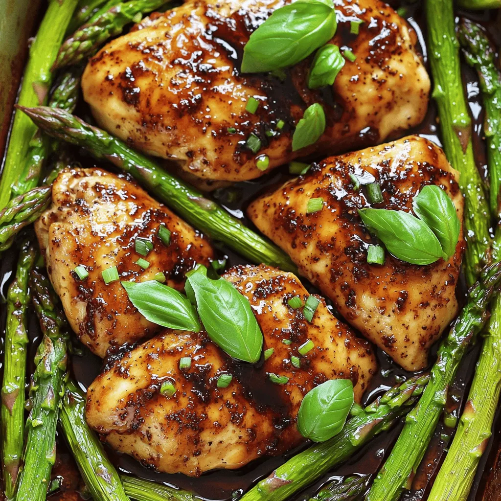 - 4 boneless, skinless chicken breasts - 1 bunch of fresh asparagus, trimmed (about 1 pound) - 1/4 cup balsamic vinegar - 2 tablespoons honey - 2 tablespoons extra virgin olive oil - 4 cloves garlic, minced (about 2 teaspoons) - 1 teaspoon dried oregano - Salt to taste - Freshly ground black pepper to taste - Fresh basil leaves for garnish (optional) Using fresh ingredients makes a big difference in taste. Choose chicken breasts that feel firm and have no discoloration. Look for bright green asparagus with tight tips. The balsamic vinegar should have a rich color and a strong, sweet aroma. Quality honey adds depth to the dish, so get one that is pure and natural. Fresh garlic packs a punch, while dried oregano gives a nice earthy flavor. You can swap chicken breasts for thighs if you like dark meat. For a lighter option, use turkey cutlets. If asparagus is not in season, green beans or broccoli work well too. Honey can be replaced with maple syrup or agave nectar. If you want a different flavor, use lemon juice instead of balsamic vinegar. This dish is flexible, so feel free to experiment! For the full recipe, visit [Full Recipe]. First, set your oven to 400°F (200°C). This high heat helps the chicken cook fast. While the oven warms, grab a medium bowl. In it, mix together the balsamic vinegar, honey, olive oil, minced garlic, dried oregano, salt, and black pepper. Whisk these ingredients until they blend well. This marinade adds a sweet and tangy flavor to your chicken. Next, take a large baking dish and place the chicken breasts inside. Pour the balsamic marinade over the chicken. Make sure each piece gets coated. If you want, use a brush for even coverage. Now, take the trimmed asparagus and arrange it around the chicken. Drizzle any leftover marinade over the asparagus to enhance its taste. Put your baking dish in the preheated oven. Bake for 20 to 25 minutes. The chicken should reach an internal temperature of 165°F (75°C). You want the asparagus to be tender but still bright green. After baking, let the dish rest for about 5 minutes. This step helps the chicken stay juicy. If you like, sprinkle fresh basil leaves on top for a nice touch. Serve the chicken and asparagus warm for a delicious meal. For the full recipe, check the detailed instructions above. Cooking time can change based on chicken thickness. If you use thick chicken breasts, add 5 to 10 minutes. Always check the internal temperature. It should reach 165°F (75°C). For thinner cuts, reduce the time. Keep an eye on the asparagus too; it should stay bright green and tender. To boost flavor, marinate the chicken longer. A few hours or overnight works best. You can also add herbs like thyme or rosemary. Fresh herbs add depth. Consider using lemon juice for a bright taste. If you like a bit of heat, throw in some red pepper flakes. To keep chicken juicy, do not overcook it. The resting time helps too. Letting it rest lets the juices stay inside. For asparagus, cook until just tender. Overcooking makes it mushy. A quick drizzle of olive oil before serving adds shine and flavor. Enjoy your One Pan Balsamic Chicken and Asparagus with its delightful taste and easy cleanup. For the full recipe, check out the steps earlier in this article. {{image_4}} You can switch the chicken for many proteins. Try turkey breasts for a leaner option. Pork tenderloin also works well. Just adjust the cooking time. Fish, like salmon, tastes great too. It cooks faster, so watch it closely. Each protein brings its unique flavor to the dish. Feel free to add more veggies based on the season. In spring, add peas or baby carrots. Summer brings zucchini or bell peppers, while fall is perfect for Brussels sprouts or sweet potatoes. These veggies add color and crunch. They also boost the dish's nutrition. Toss them in the same balsamic marinade for a great flavor mix. Changing the marinade can create new tastes. For a tangy twist, use lemon juice and zest. Add fresh herbs like rosemary or thyme for a herby note. Try soy sauce for an Asian flair. A dash of mustard can bring some heat and depth. Mix and match to find your favorite flavor combo. To keep your One Pan Balsamic Chicken and Asparagus fresh, store leftovers in an airtight container. Place the chicken and asparagus together to maintain flavor. Ensure the dish cools down before sealing it. This helps prevent moisture buildup, which can make your meal soggy. When you want to enjoy your leftovers, preheat your oven to 350°F (175°C). Place the chicken and asparagus in an oven-safe dish. Cover it with foil to keep it moist. Heat for about 15 to 20 minutes or until warmed through. You can also use a microwave, but the oven keeps the chicken juicy and the asparagus crisp. If you want to save your dish for later, you can freeze it. First, let the chicken and asparagus cool completely. Then, place them in a freezer bag or an airtight container. Be sure to remove as much air as possible. This helps prevent freezer burn. You can freeze it for up to three months for best taste. When you're ready to eat, thaw it in the fridge overnight before reheating. Enjoy your savory meal anytime! It usually takes 20 to 25 minutes to cook chicken breasts at 400°F (200°C). You want the chicken to reach an internal temperature of 165°F (75°C). Use a meat thermometer to check this for safety. Cooking time can vary based on the size of the chicken pieces. Thinner pieces cook faster, while thicker cuts take longer. To ensure juicy chicken, let it rest for about 5 minutes after baking. This helps the juices redistribute. Yes, you can use frozen chicken, but it is best to thaw it first. Cooking frozen chicken takes longer and may not cook evenly. If you add frozen chicken directly to the oven, it could take 1.5 times longer to cook. To safely thaw chicken, place it in the fridge overnight or use the microwave. Once thawed, follow the recipe as usual to get that tasty balsamic flavor. You can serve a light salad, rice, or quinoa as sides. A fresh green salad with a vinaigrette complements the dish well. Herbed rice or fluffy quinoa can soak up the extra balsamic sauce. For a more filling meal, add crusty bread to soak up the juices. Feel free to mix and match sides based on your taste. For the full recipe, check the earlier sections! You learned about the key ingredients for a tasty dish and how to use them. I shared steps for prepping, cooking, and serving chicken and asparagus. You also gained tips for cooking times and flavor boosts. Variations let you switch proteins and add veggies for a twist. Lastly, I covered storage and reheating to keep your meal fresh. Cooking is fun and easy. Enjoy your dish and make it your own!