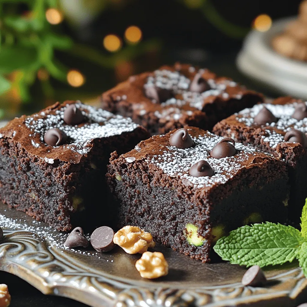 To create the perfect zucchini brownies, you need fresh ingredients. Here’s what you will use: - 2 cups grated zucchini (about 2 medium zucchinis, moisture squeezed out) - 1 cup all-purpose flour - 1/2 cup unsweetened cocoa powder - 1 cup granulated sugar - 1/2 cup packed brown sugar - 1/2 cup vegetable oil - 2 large eggs, at room temperature - 1 teaspoon vanilla extract - 1/2 teaspoon baking powder - 1/2 teaspoon baking soda - 1/4 teaspoon fine salt - 1/2 cup semi-sweet chocolate chips (plus extra for topping) - 1/2 cup chopped walnuts (optional, toasted for more flavor) These ingredients work together to create a moist and rich brownie. The zucchini adds a subtle flavor and keeps the texture soft. You can jazz up your brownies with fun add-ins. Here are some tasty ideas: - Chopped nuts (like pecans or almonds) - Dried fruits (such as cranberries or cherries) - Spices (like cinnamon or nutmeg) - Different chocolate types (dark or white chocolate chips) These add-ins can boost flavor and make your brownies even more delicious. Feel free to experiment! Zucchini is not just for savory dishes. It brings many benefits to your brownies: - Low in calories: Zucchini helps cut down calories in your dessert. - High in fiber: This can aid digestion and keep you full longer. - Rich in vitamins: Zucchini adds vitamins A and C, important for health. Using zucchini in your brownies makes them not just tasty but also a bit healthier. Enjoy the sweet treat while knowing you’re adding good nutrition! First, preheat your oven to 350°F (175°C). Take an 8x8-inch baking pan and grease it well. Next, line it with parchment paper. Leave some paper hanging over the edges. This helps you lift the brownies out later. In a large bowl, add 1 cup of granulated sugar and 1/2 cup of brown sugar. Pour in 1/2 cup of vegetable oil. Whisk these together until smooth. Then, crack in 2 large eggs and add 1 teaspoon of vanilla extract. Mix until the batter is creamy and uniform. In another bowl, combine 1 cup of all-purpose flour, 1/2 cup of unsweetened cocoa powder, 1/2 teaspoon of baking powder, 1/2 teaspoon of baking soda, and 1/4 teaspoon of fine salt. Sift these ingredients to keep the texture light. Gradually add this dry mix to your wet batter. Stir gently until just combined. Be careful not to overmix. This keeps your brownies soft. Now, fold in 2 cups of grated zucchini and 1/2 cup of semi-sweet chocolate chips. If you want extra flavor, add 1/2 cup of toasted walnuts. Mix until everything is evenly spread throughout the batter. Pour the batter into your prepared baking pan. Use a spatula to spread it out evenly. For a chocolatey touch, sprinkle more chocolate chips on top. Bake for 25 to 30 minutes. To check if they are done, insert a toothpick into the center. It should come out with a few moist crumbs. Once baked, let them cool in the pan for about 10 minutes. Lift them out using the parchment paper. Cool completely on a wire rack before slicing into squares. For the full recipe, check out the details above. Enjoy your delicious zucchini brownies! To keep your brownies moist, start with fresh zucchini. Use medium zucchinis and grate them well. After grating, squeeze out excess moisture. This gives you just the right amount of moisture for your batter. Don't skip the oil! It adds richness and helps keep the brownies soft. Always preheat your oven to 350°F (175°C). This step ensures even baking. Use an 8x8-inch pan for the best thickness. Grease it and line it with parchment paper. This makes it easy to lift the brownies out later. Also, check your brownies early. Bake for 25 to 30 minutes. Insert a toothpick to test doneness. If it comes out with a few moist crumbs, they are ready. To avoid sinking chocolate chips, toss them in a bit of flour before adding them to the batter. This helps them stay suspended while baking. Fold them in gently with the zucchini. This mixes them evenly without losing air from the batter. For extra chocolatey goodness, sprinkle some on top before baking. For a complete guide to making these delightful treats, check out the Full Recipe! {{image_4}} You can make gluten-free zucchini brownies by using a gluten-free flour blend. Look for one that works well in baking. This swap keeps the texture light and moist. The taste stays rich and chocolatey. You won’t miss the gluten! To create vegan zucchini brownies, replace the eggs with flaxseed meal or applesauce. Use plant-based oil and ensure the chocolate chips are dairy-free. These brownies will still be soft and delicious. Enjoy every bite while sticking to your vegan diet! You can spice things up with flavored variations. Add a teaspoon of mint extract for a fresh twist. If you love coffee, mix in instant coffee granules. You can even stir in peanut butter for a nutty flavor. Each variation gives your brownies a new personality! Explore these fun flavors to find your favorite. For the full recipe, check out the detailed steps above! To keep your zucchini brownies fresh, store them in an airtight container. Place a piece of parchment paper between layers to prevent sticking. Keep the container at room temperature for up to three days. If you want to keep them longer, refrigeration is a good option. Just make sure to wrap them well to avoid drying out. Freezing zucchini brownies is easy and effective. First, let the brownies cool completely. Cut them into squares. Wrap each square tightly in plastic wrap, then place them in a freezer-safe bag. Label the bag with the date. You can freeze them for up to three months. When you’re ready to eat, just thaw them overnight in the fridge. To enjoy your brownies warm, preheat your oven to 350°F (175°C). Place the brownies on a baking sheet. Heat them for about 10 minutes. This will restore their soft texture and rich flavor. You can also microwave a single square for about 15-20 seconds for a quick treat. Enjoy your delicious zucchini brownies at their best! You can check if the brownies are done by using a toothpick. Insert it in the center of the brownies. If it comes out with a few moist crumbs, they are ready. If the toothpick is wet with batter, they need more time. Bake for 25 to 30 minutes for best results. Remember, they will continue to cook slightly after you take them out of the oven. Yes, you can substitute some ingredients in the recipe. For example, you can use whole wheat flour instead of all-purpose flour for a healthier option. You can also try applesauce instead of oil for less fat. If you want a vegan version, replace eggs with flax eggs. Just mix 1 tablespoon of ground flaxseed with 2.5 tablespoons of water and let it sit for a few minutes. These swaps can change the flavor and texture, so be ready to experiment! You can use any type of zucchini for these brownies. Green zucchini is common, but yellow summer squash works too. Even small baby zucchinis can be great in the recipe. Just make sure to grate and squeeze out the excess moisture. This step keeps your brownies moist without being too wet. Using fresh, firm zucchini will give your brownies the best taste! For the full recipe, check out the complete instructions above. Zucchini brownies are a fun and tasty treat. We explored key ingredients, optional add-ins, and the health perks of zucchini. I shared step-by-step instructions to guide you in baking. Tips and tricks helped ensure your brownies are moist and delicious. You learned about fun variations and best storage practices. Remember, enjoy experimenting. Whether you stick to the basics or try new flavors, zucchini brownies can be a hit. Now, grab your ingredients and start baking. Your kitchen awaits!
