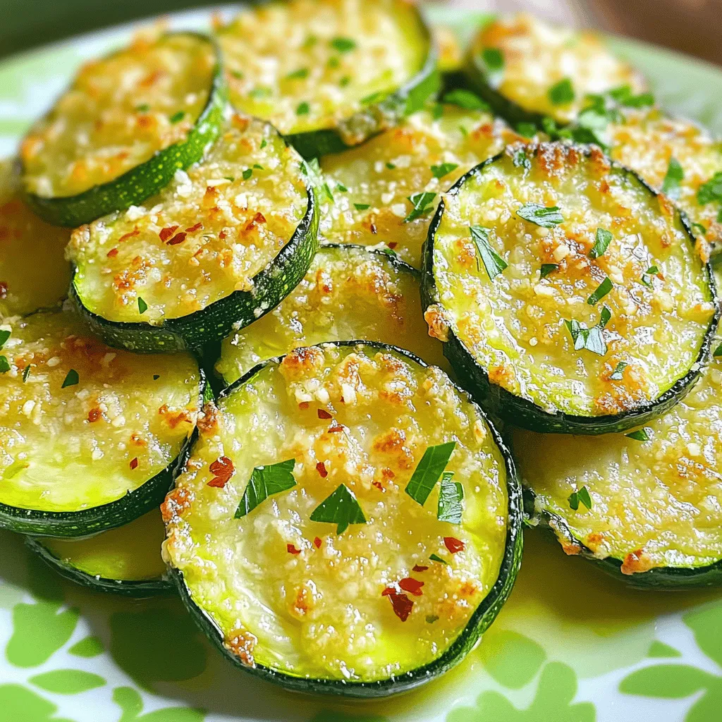 - 4 medium zucchinis - ½ cup grated Parmesan cheese - 2 tablespoons olive oil - 1 teaspoon garlic powder - 1 teaspoon dried oregano - ½ teaspoon red pepper flakes (optional) - Salt and pepper to taste - 2 tablespoons fresh parsley - Baking sheet - Parchment paper - Mixing bowl When you gather your ingredients, focus on quality. Fresh zucchinis give the best flavor. Choose ones that feel firm and look shiny. The Parmesan cheese adds a rich, salty taste. You can use fresh cheese or pre-grated. Just make sure it’s not too finely grated so it holds up during roasting. Olive oil is key for crispiness. It helps the zucchinis brown nicely. You can also use avocado oil if you like. The garlic powder and oregano bring a warm, savory note. Red pepper flakes add heat if you like a kick. Adjust the amount to your taste. Don’t forget the fresh parsley! It brightens the dish and adds color. It’s a simple touch that makes your zucchini feel gourmet. You’ll need a baking sheet and parchment paper for easy cleanup. A mixing bowl helps you combine everything without a mess. For the full recipe, check out the details above. Enjoy the process and the tasty results! Start by preheating your oven to 425°F (220°C). This high heat helps the zucchini get crispy. Next, grab a baking sheet and line it with parchment paper. This keeps the zucchini from sticking and makes it easy to clean up later. In a large bowl, add the sliced zucchini rounds. Pour 2 tablespoons of olive oil over them. Make sure each slice gets a nice coating. This oil helps the zucchini cook well and adds flavor. Then, sprinkle in 1 teaspoon of garlic powder and 1 teaspoon of dried oregano. If you like a little heat, add ½ teaspoon of red pepper flakes. Finally, season with salt and pepper to taste. Mix everything gently but well to cover all the zucchini slices with the spices. Now, lay the seasoned zucchini on the lined baking sheet. Make sure they are in a single layer. This helps them roast evenly. Next, take ½ cup of grated Parmesan cheese and sprinkle it on top of the zucchini. Cover them well to create a tasty, cheesy crust. Place the baking sheet in the preheated oven and roast for 15-20 minutes. Keep an eye on them. You want the zucchini to be tender and the cheese to turn golden brown and crispy. Once they’re done, carefully take them out of the oven. Let them cool for a few minutes before serving. You can find the full recipe [here](Full Recipe). To get that perfect crispiness, you must start with the right oven temperature. Preheat your oven to 425°F (220°C). This high heat helps the zucchini cook quickly and brown nicely. While you roast, avoid overcrowding on the baking sheet. If the zucchini slices are too close, they will steam instead of roast. Spread them out in a single layer for the best results. Fresh herbs bring out the best flavors in your dish. I love adding basil or thyme to my roasted zucchini. You can also try optional spices like smoked paprika or cumin for a unique twist. These add depth and make the dish pop with flavor. To get an even cheese coverage, sprinkle the grated Parmesan cheese evenly over the zucchini. Make sure each slice has a nice layer of cheese. Keep an eye on the roasting time. You want the cheese to turn golden brown and crispy, which usually takes about 15-20 minutes. If it needs a bit more time, check every few minutes to avoid burning. {{image_4}} You can change the cheese in this recipe. Try using mozzarella or feta for a different taste. These cheeses melt well and add a unique flavor. You can also mix cheeses for more depth. Adding diced vegetables is a fun twist. Bell peppers, cherry tomatoes, or onions work great. These veggies cook well and add color. Just make sure they are cut small enough to roast evenly. Incorporating lemon zest brightens the dish. Just a little zest adds a fresh, zingy flavor. You can also squeeze a bit of lemon juice over the zucchini after roasting for added brightness. Trying different herbs and spices can change the whole taste. Consider using thyme, basil, or rosemary. Each herb brings its own unique character. Experiment to find your favorite combination! Pairing your roasted zucchini with side dishes is easy. Try serving it with rice, quinoa, or a fresh salad. These sides complement the flavors well and add nice contrast. You can also pair roasted zucchini with proteins. Grilled chicken, fish, or steak work beautifully. The creamy cheese and tender zucchini balance nicely with heartier meats. To check out the full recipe, click here: [Full Recipe]. To keep your Oven Roasted Parmesan Zucchini fresh, refrigerate it right away. Place leftovers in an airtight container. This helps to lock in moisture and flavor. Use a container that fits well, so the zucchini does not get squished. You can store it for up to three days in the fridge. When reheating, you want to keep the zucchini crispy. The best way is to use an oven. Preheat your oven to 350°F (175°C). Spread the zucchini on a baking sheet in a single layer. Heat for about 10 minutes. Check if it’s warm and crispy. You can also use a skillet, cooking on medium heat for 5-7 minutes. If you want to freeze your zucchini, start by letting it cool completely. Arrange the slices on a baking sheet in a single layer. Freeze them for about 2 hours. Once frozen, transfer the zucchini to a freezer bag. Squeeze out as much air as you can. It will last up to three months in the freezer. To thaw, place the zucchini in the fridge overnight. For reheating, use the oven method above for the best results. Enjoy your tasty side dish whenever you want! For the full recipe, check out the complete steps in the article. To make Oven Roasted Parmesan Zucchini, follow these steps: 1. Preheat your oven to 425°F (220°C). 2. Line a baking sheet with parchment paper. 3. Slice 4 medium zucchinis into ½ inch rounds. 4. In a bowl, mix the zucchini with 2 tablespoons of olive oil. 5. Add 1 teaspoon of garlic powder, 1 teaspoon of dried oregano, salt, and pepper. 6. Toss the zucchini to coat evenly. 7. Arrange the zucchini on the baking sheet in a single layer. 8. Sprinkle ½ cup of grated Parmesan cheese over the zucchini. 9. Roast for 15-20 minutes until tender and golden brown. 10. Garnish with 2 tablespoons of chopped fresh parsley before serving. This method gives the zucchini a crispy texture and rich cheese flavor. For the full recipe, check the details provided above. Yes, you can use yellow squash instead of zucchini. Both squash types have a similar taste and texture. - Zucchini is slightly firmer and has a mild flavor. - Yellow squash is a bit softer and has a sweeter taste. Both work well when roasted. You can mix them for a colorful dish. Oven Roasted Parmesan Zucchini pairs great with many dishes. Here are some tasty ideas: - Grilled chicken or fish for a healthy protein. - Quinoa or rice for a hearty grain side. - A fresh garden salad for added crunch and nutrition. - Pasta dishes to balance the flavors and textures. These sides will enhance your meal and complement the zucchini dish beautifully. Oven roasted Parmesan zucchini is simple and delicious. We covered key ingredients, easy steps, and great tips to make this dish perfect. Remember to use fresh herbs for extra flavor. You can mix in different cheeses or veggies for a twist. Store leftovers well and reheat for a quick snack. This recipe makes a tasty side or a light meal. Enjoy every crunchy bite of your flavorful creation!