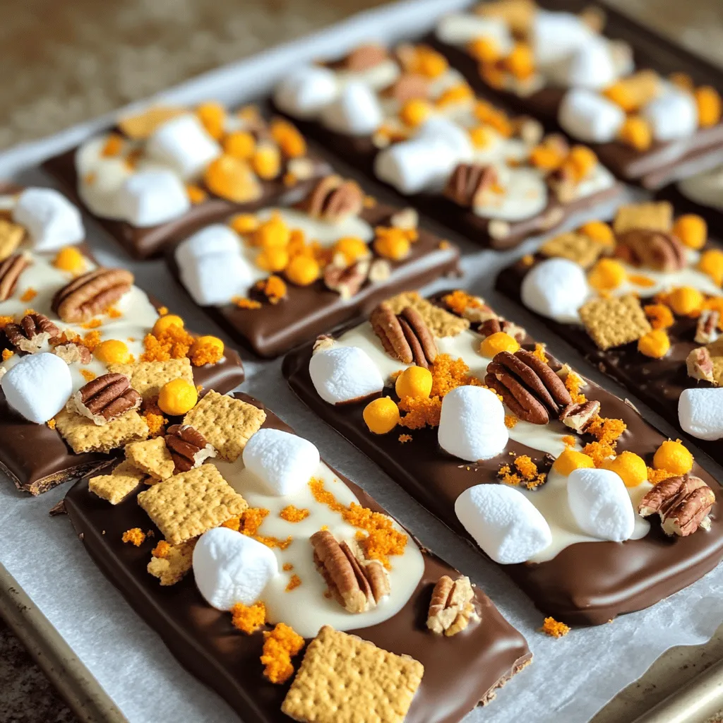 - 2 cups dark chocolate chips - 1 cup white chocolate chips - 1 teaspoon pumpkin spice blend - 1/2 cup brewed espresso or strong coffee, cooled - 1/4 cup chopped pecans - 1/4 cup crushed graham crackers - 1/4 cup mini marshmallows - 1 tablespoon coconut oil To make Pumpkin Spice Latte Bark, you need some key ingredients. First, dark chocolate chips bring rich flavor. The white chocolate chips add sweetness and creaminess. Pumpkin spice blend gives that warm, cozy taste. Brewed espresso or strong coffee adds depth and enhances flavor. You can also add some fun toppings. Chopped pecans give a nice crunch. Crushed graham crackers mimic a pie crust, adding texture. Mini marshmallows bring a touch of whimsy. Coconut oil helps the dark chocolate melt smoothly. Gather these ingredients to start your fall treat. For the full recipe, follow the steps outlined. Line a baking sheet with parchment paper to prevent sticking. This makes cleanup easy later. Combine dark chocolate chips and coconut oil in a microwave-safe bowl. Heat in the microwave in 30-second bursts. Stir well between each burst. Keep heating until it is smooth and silky. Pour the melted dark chocolate onto the baking sheet. Use a spatula to spread it evenly. Aim for about a 1/4 inch thick layer. Place the baking sheet in the freezer for about 15 minutes. This helps the chocolate set nicely. In another microwave-safe bowl, melt the white chocolate chips using the same method. Stir every 30 seconds until melted. After that, mix in the cooled espresso and pumpkin spice blend. Stir until the mixture is smooth and well combined. Once the dark chocolate is set, pour the white chocolate mixture over it. Use a spatula to spread it evenly. Now, sprinkle the crushed graham crackers, mini marshmallows, and chopped pecans on top. Gently press these toppings down so they stick. Return the baking sheet to the fridge. Chill for about 30 minutes, or until the bark is firm. Now you have a fun, tasty treat! For the complete recipe, check the Full Recipe link. To make smooth chocolate, use room temperature ingredients. Cold ingredients can cause the chocolate to seize. When melting chocolate, I recommend using a microwave. Heat in 30-second bursts. Stir well between each burst to prevent burning. This will help you achieve a creamy texture. After enjoying your pumpkin spice latte bark, store leftovers in an airtight container. This helps keep the bark fresh and tasty. If you leave it out, it may dry out or lose its flavor. I suggest storing it in a cool, dark place. You can also refrigerate it for extra crunch. Feel free to switch up the chocolate types. Dark chocolate gives a rich flavor, but milk chocolate works too. You can also try white chocolate for a sweeter taste. For the spices, cinnamon can replace pumpkin spice. Adjust to your liking for a personal touch. {{image_4}} To make a vegan version, choose vegan chocolate chips. You can find these at most stores. For the white chocolate, look for a dairy-free option. Use non-dairy milk in place of brewed espresso. Almond or oat milk works well here. Follow the same steps from the Full Recipe. Melt the vegan chocolate and mix well with your other ingredients. You’ll have a tasty treat that fits your diet! To ensure your bark is gluten-free, check all your ingredients. The chocolate chips should be labeled gluten-free. Most brands are safe, but it's best to verify. Use gluten-free graham crackers if you want that classic crunch. Follow the Full Recipe as is, with these replacements. You’ll create a sweet snack without any gluten worries. Want to add more flavor? Try mixing in peppermint extract for a fresh twist. Just a few drops can make a big difference. Almond extract is another great option. It adds a nutty taste that pairs well with chocolate. You can also mix in some orange zest for a citrus kick. These small changes can turn your bark into a whole new treat! To keep your pumpkin spice latte bark fresh, store it in a cool, dark place. If you want to keep it for longer, the fridge works well too. Make sure to place the bark in an airtight container. This helps maintain its texture and flavor. When stored properly, your bark can last up to a week. After that, it may lose some of its taste and texture. If you notice any changes in smell or appearance, it’s best to toss it out. Always check before you indulge! Freezing is a great way to save your pumpkin spice latte bark for later. To freeze, wrap the bark tightly in plastic wrap, then place it in a freezer bag. This helps protect it from freezer burn. You can freeze it for up to three months. When you're ready to enjoy it, thaw it in the fridge overnight. This keeps the bark nice and tasty! For the full recipe, check out the earlier sections. To make Pumpkin Spice Latte Bark, follow these simple steps: 1. Prepare the Baking Sheet: Line a baking sheet with parchment paper. 2. Melt the Dark Chocolate: In a microwave-safe bowl, mix dark chocolate chips with coconut oil. Heat in 30-second bursts, stirring until melted. 3. Spread the Dark Chocolate: Pour the melted dark chocolate onto the sheet. Spread it evenly to about 1/4 inch thick. Freeze for 15 minutes. 4. Prepare the White Chocolate Mixture: Melt white chocolate chips using the same microwave method. Stir in cooled espresso and pumpkin spice until smooth. 5. Layer the White Chocolate: Pour the white chocolate mixture over the dark chocolate. Spread evenly to cover. 6. Add Toppings: Sprinkle crushed graham crackers, mini marshmallows, and pecans if desired. Press down to stick. 7. Final Setting: Chill in the refrigerator for 30 minutes until firm. 8. Break and Store: Break into pieces and enjoy. Store in an airtight container for up to a week. This process creates a treat that captures the cozy flavors of fall. For more details, see the Full Recipe. Yes, you can use other types of chocolate in this recipe. Here are some options: - Milk Chocolate: It adds a sweeter taste to the bark. - White Chocolate: You can use all white chocolate for a creamy treat. - Semi-Sweet Chocolate: A good balance of sweet and rich flavors. - Vegan Chocolate: For a dairy-free option, try vegan chocolate chips. Each type will give a different flavor and texture to your bark. Feel free to mix and match based on your taste. You can find ready-made Pumpkin Spice Latte Bark at several stores or online. Here are some suggestions: - Local Bakeries: Many bakeries offer seasonal treats during fall. - Specialty Chocolate Shops: Look for gourmet shops that create unique confections. - Online Retailers: Websites like Amazon or Etsy often have sellers offering this bark. - Grocery Stores: Some larger grocery chains may have it in their seasonal aisle. These options can save time while still letting you enjoy this delicious fall treat. This blog post covered how to make delicious Pumpkin Spice Latte Bark. We looked at key ingredients, step-by-step instructions, and useful tips for perfect results. You learned about variations for vegan and gluten-free options, plus how to store your bark well. Remember, experimenting with flavors can add excitement. Your creations can impress friends and family. Make this treat your own, and enjoy every bite!