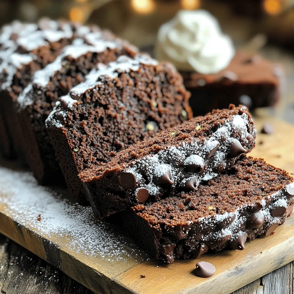 To make this tasty bread, gather these key items: - 1 cup freshly grated zucchini (about 1 medium-sized zucchini) - 1 cup all-purpose flour - 1/2 cup unsweetened cocoa powder - 1 cup granulated sugar - 1/2 cup packed brown sugar - 1/2 cup vegetable oil - 2 large eggs, at room temperature - 1 teaspoon vanilla extract - 1 teaspoon baking soda - 1/2 teaspoon baking powder - 1/2 teaspoon fine salt - 1 cup semi-sweet or dark chocolate chips - 1/2 cup chopped walnuts or pecans (optional) These ingredients create a rich, moist bread with a deep chocolate flavor. The zucchini adds moisture, making each bite soft and tender. If you want to boost flavor, consider these fun add-ins: - 1/2 cup shredded coconut for sweetness - 1/2 teaspoon cinnamon for warmth - Dried fruits like cranberries or cherries for a fruity twist These extras can make your bread even more special. They add unique tastes and textures. Not all ingredients need to be the same! Here are some swaps you can use: - For zucchini, use finely grated carrots for a different taste. - Substitute applesauce for vegetable oil to cut fat. - Use almond flour instead of all-purpose flour for a gluten-free option. These substitutions help you adjust the recipe to fit your needs. You can still enjoy delicious Double Chocolate Zucchini Bread while making it your own. For the full recipe, check out the detailed instructions above. First, preheat your oven to 350°F (175°C). This step is key for even baking. Next, grab a 9x5 inch loaf pan. Grease it with butter and dust it with flour. You can also use parchment paper for easy removal later. Now, let's prepare the zucchini. Grate one medium-sized zucchini until you have one cup. This will keep your bread moist and flavorful. In a large bowl, mix the wet ingredients. Combine the grated zucchini, vegetable oil, granulated sugar, brown sugar, eggs, and vanilla extract. Whisk until smooth. This helps blend the flavors well. In another bowl, sift the dry ingredients. This includes flour, cocoa powder, baking soda, baking powder, and salt. Sifting prevents lumps and ensures a light texture. Now, gently add the dry mixture to the wet ingredients. Stir just until combined. Do not overmix, as this can make the bread dense. Finally, fold in the chocolate chips and nuts, if desired. Evenly distribute them throughout the batter for a tasty bite. Pour the batter into your prepared loaf pan. Smooth the top with a spatula for even baking. Place the pan in the oven and set your timer for 50 to 60 minutes. To check if it’s done, insert a toothpick into the center. It should come out clean or with a few moist crumbs. When done, take the pan out and let it cool for about 10 minutes. Then, transfer the bread to a wire rack to cool completely. Enjoy your delicious Double Chocolate Zucchini Bread! For full details, check the Full Recipe. To keep zucchini moist, start with fresh, firm zucchini. Grate it finely, then squeeze out some water. This helps prevent the bread from being too wet. You want a balance, so don’t remove all the moisture. The natural juice adds flavor and keeps the bread tender. For even baking, use a light-colored loaf pan. Dark pans absorb more heat and can burn the edges. Make sure to preheat your oven to 350°F (175°C) before baking. This way, the bread rises evenly. Also, place the pan in the center of the oven for the best air circulation. For easy mixing, use a large bowl and a whisk. A rubber spatula works well for folding in ingredients. I recommend a box grater for the zucchini; it’s quick and simple. Finally, having a toothpick handy is key to testing doneness. This helps you know when your bread is perfectly baked. For the complete recipe, check out the [Full Recipe]. {{image_4}} You can make Double Chocolate Zucchini Bread even healthier. Here are some simple swaps: - Sugar: Use coconut sugar or honey instead of granulated sugar. They add a nice flavor. - Oil: Swap vegetable oil for applesauce. It keeps the bread moist with fewer calories. - Flour: Try whole wheat flour instead of all-purpose flour. It adds fiber and boosts nutrients. These changes keep the taste while making it a bit better for you. Want to mix things up? Here are fun ideas: - Spices: Add a pinch of cinnamon or nutmeg. They give a warm, cozy taste. - Nut Butters: Stir in almond or peanut butter for a nutty flavor and extra richness. - Zest: A bit of orange or lemon zest brightens the bread and adds freshness. Get creative and adjust to your taste! To make this bread gluten-free, use these swaps: - Flour: Replace all-purpose flour with a gluten-free flour blend. Look for one that includes xanthan gum. - Baking Powder: Ensure your baking powder is gluten-free. Some brands add gluten-containing ingredients. These changes make it safe for those with gluten allergies while still tasting amazing. For the full recipe, check out the detailed instructions. To keep your Double Chocolate Zucchini Bread fresh, store it in an airtight container. This keeps moisture in and prevents it from drying out. If you have leftover slices, place a piece of wax paper between them. This stops them from sticking together. You can keep the bread at room temperature for up to three days. For longer freshness, consider refrigeration. It can last up to a week this way. If you want to save some for later, freezing is a great idea. First, let the bread cool completely. Then, wrap it tightly in plastic wrap. Make sure there are no air pockets. After that, place the wrapped bread in a freezer bag. Label it with the date. You can freeze it for up to three months. When you're ready to eat, let it thaw overnight in the fridge. To enjoy your bread warm, you can reheat slices. Place them in a toaster or on a skillet over low heat. This warms the bread without making it dry. You can also microwave a slice for about 10-15 seconds. If you want a little extra love, add a pat of butter or a drizzle of chocolate sauce. This makes every bite even more delightful. Yes, you can use frozen zucchini. Just make sure to thaw it first. After thawing, squeeze out extra water using a clean cloth or paper towel. This step keeps the bread from becoming too wet. Frozen zucchini works well if you follow this tip. To check if the bread is done, insert a toothpick into the center. If it comes out clean or with a few moist crumbs, it’s ready. Bake it for about 50 to 60 minutes. Ovens can vary, so check it a little early. You want it moist, not raw. Semi-sweet chocolate chips are my go-to choice. They add a rich, sweet flavor that complements the cocoa. Dark chocolate chips are another great option if you prefer a more intense chocolate taste. Feel free to mix them for extra depth. Double chocolate zucchini bread combines rich flavor and healthy ingredients. We covered key ingredients, optional add-ins, and substitutions to enrich your baking. I shared tips for preparation, mixing, and baking techniques to ensure a perfect loaf. With helpful storage info, you can preserve freshness and flavor even longer. Now, you can experiment with variations like gluten-free options and creative flavors. Enjoy baking this delicious treat that balances health and indulgence. Happy baking!