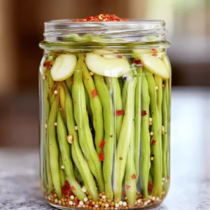 - 1 pound fresh green beans, trimmed - 1 cup white vinegar - 1 cup water - 1 tablespoon granulated sugar - 1 tablespoon sea salt - 2 cloves garlic, thinly sliced - 1 teaspoon red pepper flakes - 1 teaspoon mustard seeds - ½ teaspoon black peppercorns When making quick pickled green beans, freshness matters. Start with a pound of green beans. Look for beans that are bright green and crisp. Trim the ends for a clean look. Next, let’s create the brine. You will need equal parts white vinegar and water. This balance gives the beans a tangy flavor. Add one tablespoon of granulated sugar to balance the acidity. One tablespoon of sea salt is a must; it helps with flavor and preservation. Now, for the fun part! Add flavor enhancers. Slice two cloves of garlic thinly. The garlic adds a bold taste. Add one teaspoon of red pepper flakes for a touch of heat. One teaspoon of mustard seeds gives a nice crunch. Finally, toss in half a teaspoon of black peppercorns for extra flavor. These ingredients create a tasty brine that makes the green beans shine. For the full list and steps, check the Full Recipe. Start by rinsing the green beans. Use cold water to wash off any dirt. Then, trim the ends of each bean. This step helps keep them fresh and tasty. Next, gather a medium-sized saucepan. Combine the following ingredients: - 1 cup white vinegar - 1 cup water - 1 tablespoon granulated sugar - 1 tablespoon sea salt - 2 cloves garlic, thinly sliced - 1 teaspoon red pepper flakes - 1 teaspoon mustard seeds - ½ teaspoon black peppercorns Mix these well. Place the saucepan over medium heat. Stir the mixture gently as it heats. Bring it to a gentle simmer. This heat helps dissolve the sugar and salt into the liquid. After the sugar and salt dissolve, remove the saucepan from heat. Let the brine cool for about 10 minutes. This cooling step is key. Warm brine can cook the green beans and change their texture. While the brine cools, take clean, sterilized glass jars. Pack the trimmed green beans into the jars. Stand them upright. This makes for a beautiful presentation. Pour the cooled brine over the green beans. Make sure the beans are fully submerged. You can tap the jars lightly to remove any air bubbles. Seal the jars tightly with their lids. Place them in the refrigerator to chill. Let the green beans pickle for at least 4 hours. For a deeper flavor, let them sit for 24 hours. For the full recipe, refer to the earlier section. To make your quick pickled green beans taste their best, let them sit. I recommend letting the beans pickle for a minimum of 4 hours. This time allows the flavors to seep into the beans. If you want a stronger taste, wait 24 hours. The longer they sit, the better they taste. When serving, think about how to make them look good. I like to present the pickled green beans in their glass jars. This way, they stay vibrant and colorful. For extra flair, garnish with fresh garlic slices or a sprinkle of red pepper flakes. These touches make the dish pop and invite people to try them. Sometimes pickles can be too salty. If this happens, you can fix it. Just add a bit of water to dilute the brine. Taste as you go to get it just right. If you want to adjust spice levels, add more or less red pepper flakes. This way, you control the heat. Remember, it’s all about making the pickles perfect for your taste. {{image_4}} You can change the taste of your quick pickled green beans by adding spices. Dill is a great choice for a fresh flavor. You can try coriander for a warm, citrusy note. Just add a teaspoon or two to the brine. Mix it in before you simmer. This small change can make a big difference. Don't stop at green beans! You can use other vegetables too. Carrots, cucumbers, and radishes work well. Just cut them into sticks or slices. Pack them into the jars like you do with green beans. Pickling them together adds a fun twist to your dish. Experimenting with different types of vinegar can also change the flavor. Apple cider vinegar brings a fruity note. Rice vinegar gives a milder taste. Try using half of one and half of another for a mix. This can make your pickles stand out even more. For more ideas, check out the Full Recipe. Store your quick pickled green beans in the fridge. Use clean, sterilized glass jars with tight-fitting lids. This keeps them fresh and crunchy. Make sure the beans are fully submerged in the brine. This prevents spoilage and keeps the flavor strong. Quick pickled green beans last about 2 to 4 weeks in the refrigerator. The vinegar acts as a preservative. After a week, the flavor gets stronger. Enjoy them while they're crisp and tangy for the best taste. Yes, you can reuse the brine for future pickling. Just strain out any solids first. This is a great way to save time and ingredients. However, the flavor may change after each use. Make sure to store it in the fridge and use it within a week for the best results. It takes about four hours to pickle green beans. This is the minimum time for flavors to set. I recommend waiting 24 hours for the best taste. The longer they sit, the better they get. You can use frozen green beans, but fresh is better. Fresh beans have a crunch that frozen ones lose. Frozen beans might be softer and less vibrant. If you use frozen, thaw them first. Serve them right from the jar for a fun touch. You can also place them on a platter. They pair well with grilled meats and salads. For extra flair, add fresh herbs or garlic on top. These beans brighten up any meal! For the full recipe, check out the zesty quick pickled green beans recipe. In this blog post, we explored how to pickle fresh green beans using simple ingredients and steps. We detailed the brine components, tips for flavor enhancement, and even troubleshooting common issues. You can get creative with spices and different vegetables. Remember to follow proper storage methods to enjoy your pickled beans longer. By pickling green beans, you can savor their fresh taste anytime. Give it a try—you might discover a new favorite side dish!