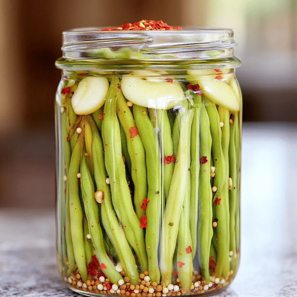 - 1 pound fresh green beans, trimmed - 1 cup white vinegar - 1 cup water - 1 tablespoon granulated sugar - 1 tablespoon sea salt - 2 cloves garlic, thinly sliced - 1 teaspoon red pepper flakes - 1 teaspoon mustard seeds - ½ teaspoon black peppercorns When making quick pickled green beans, freshness matters. Start with a pound of green beans. Look for beans that are bright green and crisp. Trim the ends for a clean look. Next, let’s create the brine. You will need equal parts white vinegar and water. This balance gives the beans a tangy flavor. Add one tablespoon of granulated sugar to balance the acidity. One tablespoon of sea salt is a must; it helps with flavor and preservation. Now, for the fun part! Add flavor enhancers. Slice two cloves of garlic thinly. The garlic adds a bold taste. Add one teaspoon of red pepper flakes for a touch of heat. One teaspoon of mustard seeds gives a nice crunch. Finally, toss in half a teaspoon of black peppercorns for extra flavor. These ingredients create a tasty brine that makes the green beans shine. For the full list and steps, check the Full Recipe. Start by rinsing the green beans. Use cold water to wash off any dirt. Then, trim the ends of each bean. This step helps keep them fresh and tasty. Next, gather a medium-sized saucepan. Combine the following ingredients: - 1 cup white vinegar - 1 cup water - 1 tablespoon granulated sugar - 1 tablespoon sea salt - 2 cloves garlic, thinly sliced - 1 teaspoon red pepper flakes - 1 teaspoon mustard seeds - ½ teaspoon black peppercorns Mix these well. Place the saucepan over medium heat. Stir the mixture gently as it heats. Bring it to a gentle simmer. This heat helps dissolve the sugar and salt into the liquid. After the sugar and salt dissolve, remove the saucepan from heat. Let the brine cool for about 10 minutes. This cooling step is key. Warm brine can cook the green beans and change their texture. While the brine cools, take clean, sterilized glass jars. Pack the trimmed green beans into the jars. Stand them upright. This makes for a beautiful presentation. Pour the cooled brine over the green beans. Make sure the beans are fully submerged. You can tap the jars lightly to remove any air bubbles. Seal the jars tightly with their lids. Place them in the refrigerator to chill. Let the green beans pickle for at least 4 hours. For a deeper flavor, let them sit for 24 hours. For the full recipe, refer to the earlier section. To make your quick pickled green beans taste their best, let them sit. I recommend letting the beans pickle for a minimum of 4 hours. This time allows the flavors to seep into the beans. If you want a stronger taste, wait 24 hours. The longer they sit, the better they taste. When serving, think about how to make them look good. I like to present the pickled green beans in their glass jars. This way, they stay vibrant and colorful. For extra flair, garnish with fresh garlic slices or a sprinkle of red pepper flakes. These touches make the dish pop and invite people to try them. Sometimes pickles can be too salty. If this happens, you can fix it. Just add a bit of water to dilute the brine. Taste as you go to get it just right. If you want to adjust spice levels, add more or less red pepper flakes. This way, you control the heat. Remember, it’s all about making the pickles perfect for your taste. {{image_4}} You can change the taste of your quick pickled green beans by adding spices. Dill is a great choice for a fresh flavor. You can try coriander for a warm, citrusy note. Just add a teaspoon or two to the brine. Mix it in before you simmer. This small change can make a big difference. Don't stop at green beans! You can use other vegetables too. Carrots, cucumbers, and radishes work well. Just cut them into sticks or slices. Pack them into the jars like you do with green beans. Pickling them together adds a fun twist to your dish. Experimenting with different types of vinegar can also change the flavor. Apple cider vinegar brings a fruity note. Rice vinegar gives a milder taste. Try using half of one and half of another for a mix. This can make your pickles stand out even more. For more ideas, check out the Full Recipe. Store your quick pickled green beans in the fridge. Use clean, sterilized glass jars with tight-fitting lids. This keeps them fresh and crunchy. Make sure the beans are fully submerged in the brine. This prevents spoilage and keeps the flavor strong. Quick pickled green beans last about 2 to 4 weeks in the refrigerator. The vinegar acts as a preservative. After a week, the flavor gets stronger. Enjoy them while they're crisp and tangy for the best taste. Yes, you can reuse the brine for future pickling. Just strain out any solids first. This is a great way to save time and ingredients. However, the flavor may change after each use. Make sure to store it in the fridge and use it within a week for the best results. It takes about four hours to pickle green beans. This is the minimum time for flavors to set. I recommend waiting 24 hours for the best taste. The longer they sit, the better they get. You can use frozen green beans, but fresh is better. Fresh beans have a crunch that frozen ones lose. Frozen beans might be softer and less vibrant. If you use frozen, thaw them first. Serve them right from the jar for a fun touch. You can also place them on a platter. They pair well with grilled meats and salads. For extra flair, add fresh herbs or garlic on top. These beans brighten up any meal! For the full recipe, check out the zesty quick pickled green beans recipe. In this blog post, we explored how to pickle fresh green beans using simple ingredients and steps. We detailed the brine components, tips for flavor enhancement, and even troubleshooting common issues. You can get creative with spices and different vegetables. Remember to follow proper storage methods to enjoy your pickled beans longer. By pickling green beans, you can savor their fresh taste anytime. Give it a try—you might discover a new favorite side dish!