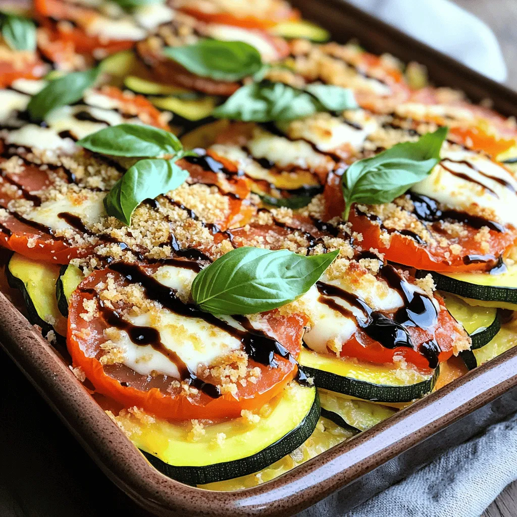 - Fresh produce: - 2 medium zucchinis, thinly sliced into rounds - 4 ripe tomatoes, sliced - 1 medium onion, thinly sliced - 3 cloves garlic, minced - Cheese selection: - 1 cup shredded mozzarella cheese - 1/2 cup grated Parmesan cheese - Seasonings: - 1/4 cup fresh basil leaves, chopped - 1 teaspoon dried oregano - 1/2 teaspoon red pepper flakes (optional, for heat) - Pantry staples: - 2 tablespoons extra virgin olive oil - Salt and freshly ground pepper to taste - 1 cup breadcrumbs (preferably whole wheat or gluten-free) When making this tomato zucchini casserole, focus on fresh, high-quality ingredients. The zucchinis and tomatoes should be firm and ripe for the best flavor. I love using fresh basil as it adds a bright taste. If you want a kick, add red pepper flakes. For the cheese, mozzarella gives a nice melt, while Parmesan adds depth. The breadcrumbs create a crunchy topping, making each bite delightful. You can find the full recipe above to guide you through the cooking process. Enjoy gathering your ingredients! To make a delicious Tomato Zucchini Casserole, follow these steps closely. First, we need to prepare the oven and vegetables. - Preheat your oven to 375°F (190°C). This ensures even cooking. - In a large skillet, heat 2 tablespoons of extra virgin olive oil over medium heat. - Add 1 medium onion, thinly sliced, and 3 cloves of minced garlic. Sauté them together until the onions are soft and clear. This takes about 5 minutes. The smell will be amazing! Next, we will layer the casserole. - In a large bowl, start with the first layer. Add half of the sliced zucchini and half of the sliced tomatoes. - Season this layer with salt, freshly ground pepper, and half of the dried oregano. Add 1/2 teaspoon of red pepper flakes if you like some heat. - Now, spread half of the sautéed onion and garlic mixture on top of the vegetables. - Then, sprinkle one-third of the shredded mozzarella and grated Parmesan cheese evenly over the layer. Repeat this process for the second layer. - Add the remaining zucchini, then the rest of the tomato slices. - Use the remaining onion and garlic mixture. Top it with half of the remaining cheese. Now for the final assembly. - Top your casserole with 1 cup of breadcrumbs and the rest of the mozzarella and Parmesan cheese. - For a pop of flavor, sprinkle 1/4 cup of chopped fresh basil on top. Now, let’s get baking! - Cover the dish with aluminum foil and place it in your preheated oven. - Bake for 30 minutes to let the flavors mix well. - After 30 minutes, carefully take off the foil. Bake uncovered for another 15-20 minutes. You want the top to be golden and bubbly. Once it's done, let the casserole cool for a few minutes before slicing. This will help it hold together when you serve it. Enjoy your meal! For the complete recipe, check out the Full Recipe link. Let your casserole cool for a few minutes before you slice it. This makes serving easier. If you slice it right away, it may fall apart. Cooling helps it set up nicely. When it comes to cheese and toppings, distribution is key. Spread the cheese evenly across each layer. This way, every bite has the same great taste. Use your hands or a spoon to make sure it’s spread out well. Garnish your casserole with fresh basil leaves. This adds a pop of color and fresh flavor. You can also drizzle balsamic reduction around the plate. It looks fancy and tastes great with the dish. For a complete meal, think about what to pair with it. A simple green salad can balance the rich flavors. Crusty bread is also a great side. It helps soak up any extra sauce. Enjoy your delicious meal! {{image_4}} You can easily switch up the cheese in this recipe. Try using cheddar, gouda, or feta for a new flavor. If you want a vegan option, look for plant-based cheese. It melts well and works great in this dish. Want to add protein? You can mix in cooked chicken or turkey. Beans like chickpeas or black beans add a hearty touch too. Both options make this casserole more filling. If you have a crockpot, you can use it for this recipe. Layer all your ingredients in the pot. Cook on low for about 4 to 6 hours. This method makes the flavors even richer. You can also use a skillet for a quick version. Sauté the veggies, then layer them in the skillet with cheese. Cook on low heat until everything is melted and warm. For a gluten-free option, swap the regular breadcrumbs with gluten-free ones. You can also use crushed gluten-free crackers for a crunchy topping. This way, everyone can enjoy this tasty dish. Check the [Full Recipe](#) for more details on how to make this delicious casserole! To keep your Tomato Zucchini Casserole fresh, store it after it cools. Place leftovers in an airtight container. Refrigerate them right away. This helps avoid spoilage. It can last in the fridge for up to four days. If you want long-term storage, freeze the casserole. Cut it into portions for easy use later. Wrap each piece in plastic wrap, then place it in a freezer bag. This keeps it fresh for up to three months. When it's time to eat your leftovers, reheating is easy. You can use the oven or the microwave. For the oven, preheat it to 350°F (175°C). Place the casserole in a baking dish. Cover it with foil to keep moisture in. Heat for about 20-25 minutes, until hot. If you prefer the microwave, place a piece on a microwave-safe plate. Heat it for 1-2 minutes, checking often. This method is quicker but may change the texture. Always make sure it is heated all the way through. Enjoy your meal with the same great flavors! For the full recipe, check out the detailed instructions above. Can I make this casserole ahead of time? Yes, you can prepare this casserole a day in advance. Just follow the steps, but stop before baking. Cover it and keep it in the fridge. When you are ready, bake it according to the instructions. This saves time and makes dinner easy! What can I serve with Tomato Zucchini Casserole? This casserole pairs well with a fresh salad or crusty bread. You could also serve it with grilled chicken or fish for a complete meal. The light flavors of the casserole balance nicely with hearty sides. How do I know when the casserole is done cooking? Look for a golden, bubbly top. After baking, you can insert a knife in the center. If it comes out hot and clean, your casserole is ready. Let it cool a bit before slicing to help it set. Is this recipe suitable for a vegetarian diet? Absolutely! This recipe is fully vegetarian. It uses fresh vegetables and cheese, making it a tasty option for veggie lovers. You can also make it vegan by using plant-based cheese. You now have all the steps needed to make a delicious Tomato Zucchini Casserole. You learned about key ingredients and how to layer them for the best flavor. Remember to cool your casserole before slicing for neat pieces. Explore variations that suit your taste, and try different methods for cooking. Store any leftovers properly, and follow reheating tips to keep it tasty. Enjoy your cooking adventure and share this dish with family and friends! Your table will shine with this delightful meal.