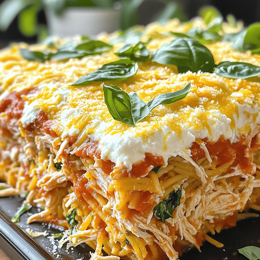 - 2 cups cooked and shredded chicken breast - 1 cup whole wheat pasta (e.g., penne or fusilli) - 2 cups low-sugar marinara sauce - 1 cup ricotta cheese - 1 cup shredded mozzarella cheese - 1/2 cup grated Parmesan cheese - 2 cups fresh spinach, finely chopped - 2 teaspoons Italian seasoning - 1 teaspoon garlic powder - Salt and freshly ground black pepper to taste - Fresh basil leaves for garnish (optional) The key to a great high protein chicken Parmesan casserole is in the ingredients. Each part plays a role in flavor and nutrition. First, I use cooked and shredded chicken breast. This is my protein star. It gives the dish a hearty base. Next, I add whole wheat pasta. It adds a nutty taste and boosts fiber. This helps keep you full longer. Then comes the low-sugar marinara sauce. It adds moisture and tang without too much sugar. For creaminess, I mix in ricotta cheese. It makes the dish rich and delicious. I top it with shredded mozzarella cheese and grated Parmesan cheese. These cheeses melt beautifully and create a golden crust. Fresh spinach gives the casserole a pop of color and nutrients. I season the mix with Italian seasoning and garlic powder. These spices bring warmth and depth to the flavor. Finally, I finish with salt and black pepper. These simple ingredients tie everything together. You can garnish with fresh basil leaves for a fresh touch. This adds aroma and color. For the full recipe, refer to the detailed instructions on preparing this delightful dish! 1. Preheat the oven and cook pasta: Start by preheating your oven to 375°F (190°C). This ensures that your casserole bakes evenly. Next, boil salted water in a large pot. Add 1 cup of whole wheat pasta to the pot and cook until al dente, about 8-10 minutes. Drain the pasta and set it aside. 2. Mix ingredients in a bowl: In a big mixing bowl, combine the cooked pasta with 2 cups of cooked and shredded chicken breast, 2 cups of low-sugar marinara sauce, 1 cup of ricotta cheese, and 2 cups of finely chopped spinach. Add 2 teaspoons of Italian seasoning, 1 teaspoon of garlic powder, and some salt and pepper. Mix well until all the ingredients blend together. 3. Transfer mixture to casserole dish: Grease a 9x13 inch casserole dish. Pour the mixed ingredients into the dish. Spread it out evenly across the bottom. 1. Cover with foil and bake: Take aluminum foil and cover the dish tightly. This keeps the moisture in. Place the dish in your preheated oven. Bake for 25 minutes. 2. Uncover and finish baking: Carefully remove the foil after 25 minutes. Let it bake for another 10-15 minutes. Watch for that beautiful golden brown cheese on top. 1. Allow to cool slightly before serving: Once baked, take the casserole from the oven. Let it sit for about 5 minutes. This helps the flavors settle and makes serving easier. 2. Garnish with basil if desired: For a nice touch, add fresh basil leaves on top of each serving. It adds color and flavor to your dish. Enjoy the high protein chicken Parmesan casserole! For the complete recipe, check out the Full Recipe section. To make your chicken parmesan casserole shine, start by cooking the pasta al dente. This means the pasta should be firm when you bite into it. It helps the pasta hold its shape in the casserole. Next, add some flavor enhancements. You can use extra spices like red pepper flakes for heat or fresh herbs like parsley for freshness. These small changes can make a big difference. For a cheese twist, try mixing in different cheese types. Use provolone for a sharper taste or goat cheese for creaminess. Each option can change the flavor and texture of your casserole. Choosing the right baking dish is key. I recommend a 9x13 inch glass or ceramic dish. It helps the casserole cook evenly and look great. For mixing, use a large bowl and a spatula. This makes it easy to combine all your ingredients without making a mess. A wooden spoon also works well if you prefer that. When serving, you can scoop the casserole directly from the dish. This keeps things simple and easy. To enhance the visual appeal, try adding a fresh basil leaf on top of each serving. The green color contrasts beautifully with the rich cheese and sauce. It also adds a pop of flavor that makes each bite even better. For the full recipe, check the complete details above. {{image_4}} You can easily swap ingredients in this casserole. If you want a different protein, try turkey or tofu. Both options give you a nice taste and keep the protein high. For pasta, look for gluten-free types. These work well and help those who can't eat gluten. If you need dairy-free options, use almond or cashew cheese. This change still keeps the dish creamy and tasty. Adding veggies can change the flavor. Bell peppers and mushrooms are great choices. They add color and nutrients. You can also try different sauces. For a kick, use arrabbiata sauce instead of marinara. Or, go for pesto for a fresh twist. These small changes can make your casserole feel new each time you cook it. If you want to serve fewer people, cut the recipe in half. Use a smaller dish to bake. You might need to reduce cooking time a bit. If you have a crowd, double the ingredients. Use a bigger dish and check for doneness. This way, you can enjoy the casserole no matter the size of your gathering. To keep your high protein chicken Parmesan casserole fresh, follow these steps: - Refrigeration: Let the casserole cool down to room temperature. Cover it tightly with plastic wrap or aluminum foil. It can stay in the fridge for about 3-4 days. - Freezing: For longer storage, freeze the casserole. Use a freezer-safe dish and cover it well. It can last up to 3 months in the freezer. When it's time to enjoy your casserole again, here are the best ways to reheat it: - Oven Method: Preheat the oven to 350°F (175°C). Place the casserole in an oven-safe dish. Cover it with foil to keep it moist. Heat for about 20-25 minutes. - Microwave Method: If you're in a hurry, use the microwave. Place a portion on a microwave-safe plate. Heat it for 1-2 minutes, stirring halfway through. This helps it heat evenly. The shelf life varies based on storage: - In the fridge: Your casserole lasts about 3-4 days. - In the freezer: It can stay good for up to 3 months. Just remember to label it with the date! A high protein chicken Parmesan casserole is a hearty dish. It combines shredded chicken, whole wheat pasta, and rich marinara sauce. This dish includes three types of cheese: ricotta, mozzarella, and Parmesan. The flavors blend well, creating a warm and satisfying meal. You get protein from chicken and cheese, making it a filling option. It’s perfect for family dinners or meal prep. Yes, you can make this recipe ahead of time. Prepare the casserole as directed, but do not bake it. Cover the dish tightly with foil. You can store it in the fridge for up to 24 hours. When ready to bake, just pop it in the oven. You may need to add a few extra minutes to the baking time. This casserole pairs well with many side dishes. A fresh garden salad adds crunch and color. Roasted vegetables bring extra flavor and nutrition. Garlic bread is a classic choice for soaking up sauce. You can also serve it with steamed broccoli or green beans for a healthy touch. Yes, this dish is great for meal prep. You can portion it into individual servings after baking. Use airtight containers to keep the casserole fresh. Store it in the fridge for up to four days. You can also freeze portions for later use. Just reheat them in the oven or microwave when ready to eat. This chicken Parmesan casserole brings together simple, wholesome ingredients for a delicious meal. We reviewed each ingredient, preparation steps, and tips to enhance flavor and presentation. Don't forget the fun of personalizing your dish with variations! Storing and reheating it properly ensures every bite tastes fresh. I hope you feel inspired to make this recipe a staple in your kitchen! Enjoy every scoop and share it with friends and family.