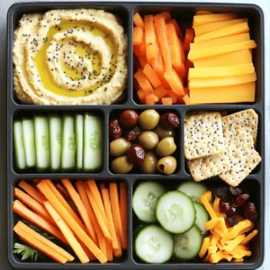 - Hummus (store-bought or homemade) - Mixed seasonal vegetables (carrot sticks, cucumber slices, bell pepper strips) - Sliced roasted chicken breast or turkey - Assorted cheese (cubed cheddar, gouda, etc.) - Whole grain crackers - Olives (green or black) - Dried fruit (apricots, apples, cranberries) - Optional: chia seeds When I prepare my Adult Lunchable Bento Box, I focus on fresh and colorful ingredients. I love hummus because it adds creaminess and flavor. You can use store-bought hummus or make your own. Carrot sticks, cucumber, and bell peppers bring crunch and color. For protein, I choose sliced roasted chicken breast or turkey. If you prefer plant-based options, marinated chickpeas work well too. I also add assorted cheese. Cubes of cheddar or gouda are tasty choices. Whole grain crackers give you that satisfying crunch. I often include olives to add a briny touch. A handful of dried fruit, like apricots or cranberries, adds sweetness. If you want an extra crunch, sprinkle chia seeds on your veggies. Each ingredient plays a role in creating a balanced meal. This complete ingredient list gives you everything you need for a fun and tasty bento box. You can find the full recipe in the article. Start by choosing the right bento box. A 3-compartment box works best. It helps keep food separate and fresh. Compartmentalization is key to a great bento box. It allows you to pack various flavors without mixing them. For container sizes, aim for portions of about 1 cup each. This size fits most meal needs and keeps you satisfied. Portion out mixed vegetables first. Use a mix of carrot sticks, cucumber slices, and bell pepper strips. Aim for bright colors to make it visually appealing. Next, arrange your protein in the second compartment. You can use sliced roasted chicken or turkey. If you prefer plant-based options, try marinated chickpeas or edamame. Fill the cheese compartment with your favorite cheese. Cubed cheddar and gouda pair well with the protein. You can choose just one cheese or mix two for variety. For snacks, choose whole grain crackers that you enjoy. These add crunch and balance to your meal. When arranging your bento box, think about how it looks. Place items in an organized way. This makes it more fun to eat. Lastly, add a handful of olives and a small serving of dried fruit. These add flavor and sweetness. If you want more crunch on your veggies, sprinkle chia seeds on top. This adds a nice texture. Follow these steps for a well-rounded Adult Lunchable Bento Box Meal Prep. For a full recipe, check the details above. - Preparing ingredients in advance: Start by washing and cutting your veggies. Doing this saves time. You can even cook your protein in advance. Store each item in separate containers. This way, you can mix and match later. - Storing meals for maximum freshness: Use airtight containers to keep your food fresh. This prevents odors and maintains flavor. Remember to label your containers with dates. This helps you track what’s fresh. - Ideal shelf life for prepared bento boxes: Your bento boxes can last three to five days in the fridge. Check for signs of spoilage like off smells or changes in texture. When in doubt, throw it out. - Color coordination for visual appeal: Use a variety of colors for your ingredients. Bright veggies like red peppers and green cucumbers make your box pop. A colorful presentation makes meals more fun to eat. - Use of mini containers for dips: Mini containers are great for hummus or dressings. They keep flavors separate and fresh. Plus, they add a fun element to your meal. - Creative garnishing options: Consider adding herbs or seeds for a finishing touch. A sprinkle of parsley or sesame seeds enhances the look. This small detail makes your meal feel gourmet. - Nutritional balance in a bento box: Aim for a mix of protein, carbs, and fats. This keeps your energy up and helps you feel full. Include a variety of food groups to cover your nutritional needs. - Portion control guidance: Use your compartments wisely. Fill half your box with veggies, a quarter with protein, and a quarter with carbs. This balance helps manage portion sizes without counting calories. - Suggested food pairings for extra nutrients: Pairing foods can boost nutrition. For example, add nuts for healthy fats. Combine fruits with cheese for protein and fiber. These pairings make your meal more satisfying. {{image_4}} You can easily make a vegetarian bento box. Start by substituting meat with plant-based proteins. Try marinated chickpeas or roasted tofu for protein. These choices are tasty and filling. Adding legumes like lentils or black beans boosts fiber. You’ll enjoy a balanced meal while keeping it meat-free. If you need gluten-free options, look for gluten-free crackers. Many brands offer tasty choices that fit right in. You can also use rice cakes or vegetable chips for crunch. For dairy-free cheese options, check out nut-based cheeses. They melt well and add great flavor to your box. Make your lunch more fun by using seasonal fruits and veggies. In summer, add juicy tomatoes and sweet berries. In fall, think of apples and squash. Adjusting flavors for different times of the year keeps things fresh. You can switch your hummus to a pumpkin spice version in fall. Enjoy the changing seasons in every bite! You can find the full recipe for the Adult Lunchable Bento Box Meal Prep here! Keep your bento boxes in the fridge at 32°F to 40°F. This range helps keep food fresh. Always use airtight containers. They keep moisture in and air out. This way, your meals stay tasty longer. If you want to reheat proteins, do it safely. Use a microwave or stove. Heat chicken or turkey until they reach 165°F. This ensures any germs are gone. Avoid overheating, or food can dry out. Always cover food while reheating. This helps maintain moisture and taste. Some parts of your bento box can be frozen. Hummus, cheese, and olives freeze well. Vegetables might lose their crunch, so freeze them only if needed. When ready to eat, thaw in the fridge overnight. After thawing, check if food is still good. Reheat as needed, and enjoy! You can store your bento box in the fridge for up to four days. After that, food may lose freshness. Always check for any signs of spoilage. If you use ingredients like hummus or cooked meat, aim to eat them sooner for the best flavor. Yes, leftovers work great in your bento box! Use cooked chicken, roasted vegetables, or even pasta. Just remember to cool them down before packing. This helps keep your food safe and tasty. I recommend using three-compartment bento boxes. They keep food separate and fresh. Look for airtight containers that are easy to seal. This helps prevent leaks and keeps your meals fresh longer. To make your bento box portable, choose stackable containers. Use a lunch bag with an ice pack to keep items cool. Also, consider adding mini containers for dips to avoid spills. This way, you can enjoy your meal on the go without a mess. Absolutely! Swap out whole grain crackers for slices of cucumber or bell pepper. You can also increase the protein by adding more cheese or nuts. This keeps your meal tasty and filling while lowering carbs. For the full recipe, check out Adult Lunchable Bento Box Meal Prep. This bento box guide helps you create tasty, balanced meals easily. We covered ingredient choices, container tips, and fun variations. You now have great strategies for meal prep and storage. Remember to mix flavors and colors for visual appeal. Don't be afraid to try new foods or adapt recipes to fit your needs. Enjoy your healthy lunches and feel good about what you eat. Happy bento-making!