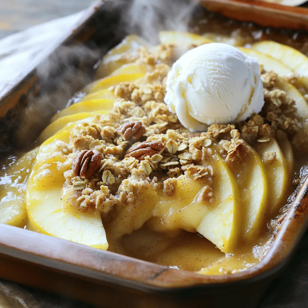 - 4 medium-sized Granny Smith apples, peeled, cored, and sliced - 1 tablespoon fresh lemon juice - ½ cup packed brown sugar - 1 teaspoon ground cinnamon - ½ teaspoon ground nutmeg - 1 cup old-fashioned rolled oats - ½ cup all-purpose flour - ½ cup chopped pecans or walnuts, toasted for extra flavor - ½ cup unsalted butter, melted and slightly cooled - ½ teaspoon salt - Vanilla ice cream for serving (optional) When picking apples for baking, focus on tart varieties. Granny Smith apples work great. Their firm texture holds up well in the oven. You want apples that balance sweet and tart flavors. Other good choices include Honeycrisp and Braeburn. Always choose apples that feel firm and heavy. Avoid any with bruises or soft spots. Fresh apples make a big difference in your dessert. Adding spices can elevate your apple crisp. Along with cinnamon and nutmeg, try ginger or allspice for warmth. A splash of vanilla extract also adds depth. For a twist, mix in dried fruits like cranberries or raisins. Pairing apples with nuts, like pecans or walnuts, gives a nice crunch. You could also drizzle a bit of maple syrup for extra sweetness. These combinations create layers of flavor, making your dessert truly special. For the full recipe, check out the Autumn Bliss Apple Crisp ! Start with fresh Granny Smith apples. Peel, core, and slice them thin. This helps them bake evenly. Use about four medium apples for the perfect crisp. Next, preheat your oven to 350°F (175°C). Grease a 9-inch square baking dish with butter or cooking spray. This prevents sticking and makes serving easy. In a large bowl, mix the sliced apples with one tablespoon of fresh lemon juice. This keeps the apples bright and tasty. Add half a cup of packed brown sugar, one teaspoon of ground cinnamon, and half a teaspoon of ground nutmeg. Toss everything gently until the apples are coated. Spread this mixture evenly in your baking dish. In another bowl, combine one cup of old-fashioned rolled oats, half a cup of all-purpose flour, and half a cup of chopped nuts. You can choose pecans or walnuts for a rich flavor. Pour in half a cup of melted unsalted butter and half a teaspoon of salt. Mix until the topping looks crumbly. No large clumps should remain. Sprinkle the oat topping generously over the apple mixture. Make sure to cover all the apples. Place the dish in your preheated oven. Bake for 30 to 35 minutes. You will know it's done when the apples bubble and the topping turns golden brown. After baking, let it cool for about 10 minutes. Serve warm, and feel free to add a scoop of vanilla ice cream on top. This will make your dessert even more special. For the full recipe, check out the details above. To get that ideal crisp texture, follow a few key steps. First, slice your apples thinly. This helps them cook evenly. Next, use old-fashioned rolled oats. They provide a great crunch. Mix the oats with flour, nuts, and melted butter until crumbly. Make sure there are no large clumps. Spread this topping evenly over the apples. This allows it to crisp up nicely in the oven. Bake at 350°F until golden brown and bubbly. Serve your apple crisp warm for the best experience. A scoop of vanilla ice cream on top makes it extra special. The cold ice cream melts into the warm crisp. This creates a delightful contrast. You can also pair it with whipped cream or Greek yogurt. Both add a nice creaminess. For a fun twist, serve it in small ramekins. This makes each portion feel fancy and personal. Get creative with toppings and pairings. Consider adding a drizzle of caramel sauce for sweetness. Chopped pecans or walnuts can add more crunch. You might also sprinkle some sea salt on top. This enhances the flavors nicely. For a fruity twist, serve alongside fresh berries. They add a pop of color and flavor. Check out the Full Recipe for more tips on making this dessert shine. {{image_4}} You can mix it up with different fruits. Pears are a great choice. They add a soft texture and sweet flavor. You can also try peaches for a juicy twist. Berries like blueberries or raspberries will give your crisp a fun burst of color. Just remember to adjust the sugar based on the fruit's sweetness. This way, you keep your dessert balanced. If you need a gluten-free version, swap the flour with almond or oat flour. For a vegan twist, replace the butter with coconut oil or vegan butter. You can also use maple syrup instead of brown sugar. These swaps keep your crisp tasty while meeting different dietary needs. Adding spices can make your apple crisp even better! Try some cardamom for a warm, fragrant note. Ginger adds a nice zing that pairs well with apples. You can also mix in a bit of allspice for depth. These spices will bring out the apple's natural sweetness and add a cozy fall feel. For the full recipe, check out the Autumn Bliss Apple Crisp. After enjoying your apple crisp, store any leftovers right away. Let it cool first. Cover the dish tightly with plastic wrap or aluminum foil. You can also use an airtight container. This keeps the crisp fresh. Store it in the fridge for up to four days. To reheat your apple crisp, use the oven for the best taste. Preheat your oven to 350°F (175°C). Place the crisp in an oven-safe dish. Cover it with foil to prevent burning. Heat for about 15 minutes. You can also use a microwave. Just heat it in short bursts for about 30 seconds. Check often to avoid overheating. If you want to save apple crisp for a long time, freezing is a good option. First, let it cool completely. Then, cut it into individual portions. Wrap each piece tightly in plastic wrap. Place the wrapped pieces in a freezer bag. Make sure to remove excess air. Apple crisp can stay fresh for up to three months in the freezer. When you’re ready to enjoy it, thaw in the fridge overnight and reheat. For full details, check the Full Recipe. Yes, you can use other apples. Some good choices are Honeycrisp, Fuji, or Braeburn. These apples add sweetness and flavor. I like using a mix for depth. Mixing tart and sweet apples makes the best filling. You can prepare the apple filling and topping separately. Store them in the fridge. When ready, just assemble and bake. This way, you save time and still enjoy the warm dessert. Reheat apple crisp in the oven. Preheat to 350°F (175°C). Place it in a baking dish and cover with foil. Bake for about 15 minutes. This keeps the topping crispy while warming the apples. Yes, you can make a single-serving apple crisp. Use a small ramekin for baking. Adjust the ingredients to fit the size. This way, you can enjoy a fresh crisp just for yourself. If you want to skip nuts, try using seeds like sunflower or pumpkin seeds. You can also add more oats for crunch. This keeps the texture nice without nuts. In this blog post, I shared how to make a tasty Autumn Bliss Apple Crisp. I covered the best apples to use and flavor combos to kick up your dessert. You learned step-by-step instructions for the apple filling and oat topping. Plus, I offered tips to get that perfect crisp texture and ideas for unique variations. Remember, your leftover apple crisp can be stored or frozen easily. Enjoy the flavors of fall with this delightful treat!