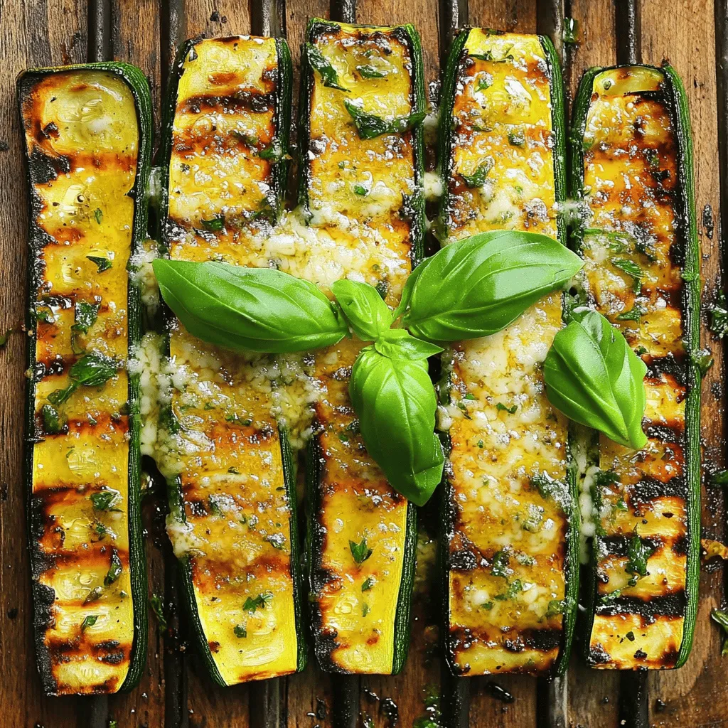- 4 medium zucchinis, sliced lengthwise into 1/4-inch thick strips - 1/4 cup extra-virgin olive oil - 2 cloves garlic, finely minced - 1/2 cup freshly grated Parmesan cheese - Italian seasoning blend - Salt and pepper - Fresh basil leaves - Lemon juice When making grilled zucchini with Parmesan, you need fresh and simple ingredients. The zucchinis should be medium-sized to get that nice grilling texture. Olive oil adds flavor and helps the zucchini not stick to the grill. Garlic provides a punch of taste that complements the zucchini well. Freshly grated Parmesan cheese melts nicely, adding richness. For seasonings, I recommend using an Italian blend. This mix includes herbs like oregano and thyme, which pair perfectly with zucchini. Don’t forget salt and pepper! They bring out the best in every dish. Fresh basil leaves add a burst of color and flavor for garnishing. A squeeze of lemon juice at the end brightens the dish and makes it pop. You can find the full recipe in the main article. Enjoy creating this easy and tasty side dish! Preheat your grill to medium-high heat. This step is key to getting those great char marks on your zucchini. A hot grill helps the zucchini cook evenly and adds a nice smoky flavor. In a small bowl, mix together the olive oil, minced garlic, Italian seasoning, salt, and pepper. Whisk it well until it blends nicely. This marinade will soak into the zucchini and bring out its flavor. Now, take your zucchini strips and brush the oil mixture on both sides. Make sure each piece gets enough oil. This helps them grill well and adds to the taste. Place the zucchini on the hot grill carefully. Grill for about 3-4 minutes on one side. You should see nice char marks forming. This looks great and adds flavor. Next, flip the zucchini using tongs. Grill for another 3-4 minutes. The zucchini should be tender when done. You can easily pierce it with a fork. In the last minute, sprinkle the grated Parmesan cheese over the zucchini. Let it melt slightly. This adds a rich, creamy layer to the dish. After grilling, remove the zucchini from the grill. Drizzle it with fresh lemon juice for a bright touch. For a lovely finish, garnish with fresh basil leaves. This adds color and flavor, making your dish look and taste amazing. For the full recipe, refer to the Full Recipe section above. To grill zucchini just right, aim for a medium-high heat. This heat will create those nice char marks while keeping the inside tender. Preheat your grill for about 10 minutes. Grill each side for about 3-4 minutes. You want the zucchini to become soft and easy to pierce with a fork. To make your zucchini even tastier, consider adding more seasonings. A pinch of red pepper flakes adds heat. You can also try smoked paprika for depth. If you want to switch things up, use different cheeses. Feta or goat cheese can add a tangy twist. When serving, arrange the zucchini on a platter in an overlapping pattern. This adds visual flair to your dish. Garnish with fresh basil leaves. A squeeze of lemon juice adds brightness. You can also include lemon wedges for extra zest. For the full recipe, don’t forget to check out the Grilled Zucchini Delight with Parmesan! {{image_4}} You can easily adapt this dish for different diets. For a vegan option, try using a plant-based cheese. Nutritional yeast also works well to add a cheesy flavor without dairy. It’s a simple swap that still gives you that savory taste. For gluten-free variations, rejoice! This dish is naturally gluten-free. Just be cautious with any added sauces or toppings. Always check the labels to ensure they meet your needs. To spice up your grilled zucchini, think about adding some heat. A pinch of red pepper flakes can give it a nice kick. You can also use smoked paprika for a deeper flavor. Experiment with these spices to find your favorite blend. If you enjoy Mediterranean flavors, try adding toppings like olives or sun-dried tomatoes. A sprinkle of feta cheese can also enhance the dish. These toppings will add a unique twist to your grilled zucchini. Don't limit yourself to just zucchini! You can grill other vegetables alongside it. Bell peppers, eggplant, or asparagus work great. They all cook well and add different textures and tastes. You can also combine zucchini with different summer squashes. Yellow squash or pattypan squash can add color and fun shapes to your plate. Mix and match to create a vibrant vegetable medley. To keep grilled zucchini fresh, store it in an airtight container. Make sure it cools first. Place a paper towel inside to absorb moisture. This helps prevent sogginess. Grilled zucchini lasts about 3 to 5 days in the fridge. Enjoy it cold in salads or warm it up as a side. To reheat grilled zucchini, choose low heat to keep its texture. Use a skillet on the stove. Heat it for about 2 to 3 minutes. You can also use a microwave, but be careful not to overcook it. Heat in short bursts of 30 seconds. This method helps it stay tender and tasty. You can freeze grilled zucchini for future meals. Start by slicing it into pieces if not already done. Place the zucchini on a baking sheet in a single layer. Freeze it for about an hour until solid. Then, transfer it to a freezer bag. It’s best used within 2 to 3 months. To use frozen zucchini, thaw it overnight in the fridge. You can then reheat it or add it to soups and stews. Enjoy the flavor all year round! Grill zucchini for about 6-8 minutes total. Start by grilling for 3-4 minutes on one side. Look for nice grill marks before flipping. Then, grill the other side for another 3-4 minutes. The zucchini should be tender and easy to pierce with a fork. This timing helps keep the veggie juicy while adding great flavor. Yes, you can make grilled zucchini ahead of time! To do this, grill your zucchini as usual. Once cooked, let it cool. Store it in an airtight container in the fridge for up to three days. When you're ready to eat, reheat it in a skillet or microwave. This makes for an easy side dish during busy days. Grilled zucchini pairs well with many dishes. Some great options are: - Grilled chicken or fish - Quinoa or rice salads - Pasta dishes with light sauces - A fresh garden salad You can also add grilled zucchini to wraps or sandwiches for extra flavor. This veggie adds color and taste to your meal, making it more exciting. Grilled zucchini is simple and tasty. We covered the main ingredients you'll need, like zucchini, olive oil, and Parmesan. I shared step-by-step grilling instructions for perfect results. Tips on flavor, presentation, and storage help you make the dish shine. Try variations for vegan or gluten-free diets, or add spices for a kick. Grilled zucchini is versatile and can be paired with many sides. Enjoy experimenting with this easy recipe in your kitchen!