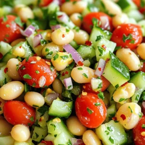 To make a tasty cannellini bean salad, you need just a few key ingredients: - 1 can (15 oz) cannellini beans, thoroughly rinsed and drained - 1 cup cherry tomatoes, halved lengthwise - 1 small cucumber, peeled and diced into small cubes - 1/2 red onion, finely chopped for a mild sweetness - 1 red bell pepper, diced for vibrant color and crunch - 1/4 cup fresh parsley, roughly chopped for an aromatic lift - 2 tablespoons extra virgin olive oil, for richness - 1 tablespoon freshly squeezed lemon juice, to add brightness - 1 teaspoon Dijon mustard, for a subtle kick - 1/2 teaspoon garlic powder, to enhance flavor depth - Salt and freshly ground black pepper to taste - A pinch of red pepper flakes (optional, for added heat) This simple mix of beans and veggies makes a bright dish. Want to make your salad even better? Add these optional items: - Avocado, diced for creaminess - Feta cheese, crumbled for a salty bite - Kalamata olives, pitted and sliced for a briny touch - Capers, for a tangy kick - Fresh herbs like basil or mint, for extra freshness These ingredients can give your salad a unique twist. Cannellini beans are full of protein and fiber. This salad is nutritious: - Protein: Good for muscles and keeps you full - Fiber: Great for digestion and heart health - Vitamins: Offers vitamins A and C from the veggies - Healthy Fats: Olive oil provides heart-healthy fats Eating this salad gives you energy and helps your body stay strong. For the complete recipe, check out the Full Recipe. Start by gathering all your ingredients. You need: - 1 can (15 oz) cannellini beans, thoroughly rinsed and drained - 1 cup cherry tomatoes, halved lengthwise - 1 small cucumber, peeled and diced into small cubes - 1/2 red onion, finely chopped for a mild sweetness - 1 red bell pepper, diced for vibrant color and crunch - 1/4 cup fresh parsley, roughly chopped for an aromatic lift Make sure to rinse the beans well. This helps remove extra salt and improves taste. Dice your cucumber, onion, and bell pepper into small, even pieces. This ensures a nice bite in every forkful. Halve the cherry tomatoes and set all these ingredients aside. In a large mixing bowl, combine the rinsed cannellini beans with the halved cherry tomatoes, diced cucumber, finely chopped red onion, and diced red bell pepper. Gently fold the ingredients together. Be careful not to mash the beans. You want them whole for texture. Once mixed, this colorful blend looks fresh and inviting. It smells amazing too! The beans provide a creamy base, while the veggies add crunch and sweetness. Now, let’s whip up the dressing. In a separate small bowl, whisk together: - 2 tablespoons extra virgin olive oil - 1 tablespoon freshly squeezed lemon juice - 1 teaspoon Dijon mustard - 1/2 teaspoon garlic powder - Salt and freshly ground black pepper to taste - A pinch of red pepper flakes (optional, for added heat) Whisk these ingredients until smooth and creamy. The mustard adds a nice kick, while lemon juice brightens the flavor. Drizzle this dressing over the bean mixture. Use a spatula or wooden spoon to gently toss everything. Ensure all the ingredients get coated. Finally, fold in the chopped parsley. This adds a burst of freshness. Taste your salad and adjust the seasoning if needed. Let it sit for about 10 minutes. This resting time helps the flavors meld beautifully together. Enjoy your fresh and flavorful Cannellini Bean Salad! When mixing your cannellini bean salad, use a big bowl. This helps prevent spills. Start by adding the beans and veggies together gently. You want to keep the beans whole. Use a spatula or large spoon for best results. When serving, choose a colorful bowl to make the dish pop. Garnish with extra parsley and a few cherry tomato halves. This adds a nice touch. Taste your salad before serving. You may want to adjust the flavors. If it needs more salt, add a pinch. For a bit of heat, sprinkle in some red pepper flakes. If you like it tangy, add more lemon juice. Mix well after each adjustment. Remember, everyone's taste is different, so make it yours! One common mistake is over-mixing the salad. This can break the beans and ruin the texture. Another issue is not letting the salad rest. Waiting 10 minutes helps the flavors blend well. Also, be careful with the dressing. Too much can drown the beans. Use the right amount for a balanced taste. Following these tips will help you create a perfect cannellini bean salad. Enjoy the full recipe for a delicious dish! {{image_4}} You can mix up your cannellini bean salad with many veggies. Try adding diced bell peppers for a sweet crunch. Shredded carrots add a nice color and texture. You can also add chopped celery for extra crunch. Spinach or arugula gives a fresh taste and lots of nutrients. Experimenting with vegetables can make your salad unique every time. While the basic dressing is great, you can play around with flavors. Swap the lemon juice for balsamic vinegar for a sweet twist. Consider adding honey or maple syrup to balance the acidity. You can also add fresh herbs like basil or mint for a vibrant kick. A sprinkle of feta cheese in the dressing can add a creamy touch. If you can't find cannellini beans, don't worry! Great northern beans work well as a substitute. Chickpeas are another option and will give a different texture. You can also use black beans for a bold flavor. Each type of bean will change the taste, but all will be delicious. To keep your cannellini bean salad fresh, place it in an airtight container. This helps seal in the flavor and prevents drying out. If you have a large batch, you can separate it into smaller containers. Store the salad in the fridge for the best taste. Freezing this salad is a great way to save leftovers. To freeze, first, place the salad in a freezer-safe container. Leave some space at the top for the salad to expand as it freezes. You can also use freezer bags. Just remove as much air as possible before sealing. Note that some veggies may lose their crunch after freezing. Cannellini bean salad lasts about 3 to 5 days in the fridge. If you see any mold or off-smells, it's time to toss it. The colors may fade, and the salad may become watery. Trust your senses; if it doesn't look or smell right, it’s best to discard it. Cannellini bean salad lasts for about three days in the fridge. Store it in an airtight container. The flavors improve after a day. Just give it a gentle stir before serving. Yes, you can use dried cannellini beans. Soak them overnight in water. Cook them until soft before adding to your salad. This adds a fresh taste and texture. Cannellini beans are packed with nutrients. They are high in protein and fiber. This helps with digestion and keeps you full. They also contain vitamins and minerals like iron and magnesium. Eating these beans can help lower cholesterol and improve heart health. They are a smart choice for a balanced diet. For a delicious way to enjoy these benefits, try the full recipe! In this article, we explored how to make a delicious cannellini bean salad. We covered key ingredients, including both main and optional items. I provided easy steps for preparation, mixing, and dressing. Remember the tips to avoid common mistakes and enhance your dish. You can also try fun variations and learn the best storage tips. Cannellini beans offer health benefits, making this salad a healthy choice. With these insights, you're ready to create your own tasty salad. Enjoy your cooking journey!