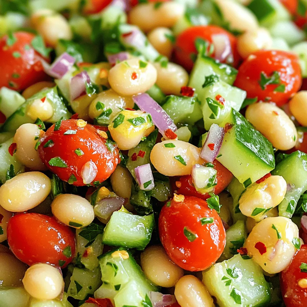 To make a tasty cannellini bean salad, you need just a few key ingredients: - 1 can (15 oz) cannellini beans, thoroughly rinsed and drained - 1 cup cherry tomatoes, halved lengthwise - 1 small cucumber, peeled and diced into small cubes - 1/2 red onion, finely chopped for a mild sweetness - 1 red bell pepper, diced for vibrant color and crunch - 1/4 cup fresh parsley, roughly chopped for an aromatic lift - 2 tablespoons extra virgin olive oil, for richness - 1 tablespoon freshly squeezed lemon juice, to add brightness - 1 teaspoon Dijon mustard, for a subtle kick - 1/2 teaspoon garlic powder, to enhance flavor depth - Salt and freshly ground black pepper to taste - A pinch of red pepper flakes (optional, for added heat) This simple mix of beans and veggies makes a bright dish. Want to make your salad even better? Add these optional items: - Avocado, diced for creaminess - Feta cheese, crumbled for a salty bite - Kalamata olives, pitted and sliced for a briny touch - Capers, for a tangy kick - Fresh herbs like basil or mint, for extra freshness These ingredients can give your salad a unique twist. Cannellini beans are full of protein and fiber. This salad is nutritious: - Protein: Good for muscles and keeps you full - Fiber: Great for digestion and heart health - Vitamins: Offers vitamins A and C from the veggies - Healthy Fats: Olive oil provides heart-healthy fats Eating this salad gives you energy and helps your body stay strong. For the complete recipe, check out the Full Recipe. Start by gathering all your ingredients. You need: - 1 can (15 oz) cannellini beans, thoroughly rinsed and drained - 1 cup cherry tomatoes, halved lengthwise - 1 small cucumber, peeled and diced into small cubes - 1/2 red onion, finely chopped for a mild sweetness - 1 red bell pepper, diced for vibrant color and crunch - 1/4 cup fresh parsley, roughly chopped for an aromatic lift Make sure to rinse the beans well. This helps remove extra salt and improves taste. Dice your cucumber, onion, and bell pepper into small, even pieces. This ensures a nice bite in every forkful. Halve the cherry tomatoes and set all these ingredients aside. In a large mixing bowl, combine the rinsed cannellini beans with the halved cherry tomatoes, diced cucumber, finely chopped red onion, and diced red bell pepper. Gently fold the ingredients together. Be careful not to mash the beans. You want them whole for texture. Once mixed, this colorful blend looks fresh and inviting. It smells amazing too! The beans provide a creamy base, while the veggies add crunch and sweetness. Now, let’s whip up the dressing. In a separate small bowl, whisk together: - 2 tablespoons extra virgin olive oil - 1 tablespoon freshly squeezed lemon juice - 1 teaspoon Dijon mustard - 1/2 teaspoon garlic powder - Salt and freshly ground black pepper to taste - A pinch of red pepper flakes (optional, for added heat) Whisk these ingredients until smooth and creamy. The mustard adds a nice kick, while lemon juice brightens the flavor. Drizzle this dressing over the bean mixture. Use a spatula or wooden spoon to gently toss everything. Ensure all the ingredients get coated. Finally, fold in the chopped parsley. This adds a burst of freshness. Taste your salad and adjust the seasoning if needed. Let it sit for about 10 minutes. This resting time helps the flavors meld beautifully together. Enjoy your fresh and flavorful Cannellini Bean Salad! When mixing your cannellini bean salad, use a big bowl. This helps prevent spills. Start by adding the beans and veggies together gently. You want to keep the beans whole. Use a spatula or large spoon for best results. When serving, choose a colorful bowl to make the dish pop. Garnish with extra parsley and a few cherry tomato halves. This adds a nice touch. Taste your salad before serving. You may want to adjust the flavors. If it needs more salt, add a pinch. For a bit of heat, sprinkle in some red pepper flakes. If you like it tangy, add more lemon juice. Mix well after each adjustment. Remember, everyone's taste is different, so make it yours! One common mistake is over-mixing the salad. This can break the beans and ruin the texture. Another issue is not letting the salad rest. Waiting 10 minutes helps the flavors blend well. Also, be careful with the dressing. Too much can drown the beans. Use the right amount for a balanced taste. Following these tips will help you create a perfect cannellini bean salad. Enjoy the full recipe for a delicious dish! {{image_4}} You can mix up your cannellini bean salad with many veggies. Try adding diced bell peppers for a sweet crunch. Shredded carrots add a nice color and texture. You can also add chopped celery for extra crunch. Spinach or arugula gives a fresh taste and lots of nutrients. Experimenting with vegetables can make your salad unique every time. While the basic dressing is great, you can play around with flavors. Swap the lemon juice for balsamic vinegar for a sweet twist. Consider adding honey or maple syrup to balance the acidity. You can also add fresh herbs like basil or mint for a vibrant kick. A sprinkle of feta cheese in the dressing can add a creamy touch. If you can't find cannellini beans, don't worry! Great northern beans work well as a substitute. Chickpeas are another option and will give a different texture. You can also use black beans for a bold flavor. Each type of bean will change the taste, but all will be delicious. To keep your cannellini bean salad fresh, place it in an airtight container. This helps seal in the flavor and prevents drying out. If you have a large batch, you can separate it into smaller containers. Store the salad in the fridge for the best taste. Freezing this salad is a great way to save leftovers. To freeze, first, place the salad in a freezer-safe container. Leave some space at the top for the salad to expand as it freezes. You can also use freezer bags. Just remove as much air as possible before sealing. Note that some veggies may lose their crunch after freezing. Cannellini bean salad lasts about 3 to 5 days in the fridge. If you see any mold or off-smells, it's time to toss it. The colors may fade, and the salad may become watery. Trust your senses; if it doesn't look or smell right, it’s best to discard it. Cannellini bean salad lasts for about three days in the fridge. Store it in an airtight container. The flavors improve after a day. Just give it a gentle stir before serving. Yes, you can use dried cannellini beans. Soak them overnight in water. Cook them until soft before adding to your salad. This adds a fresh taste and texture. Cannellini beans are packed with nutrients. They are high in protein and fiber. This helps with digestion and keeps you full. They also contain vitamins and minerals like iron and magnesium. Eating these beans can help lower cholesterol and improve heart health. They are a smart choice for a balanced diet. For a delicious way to enjoy these benefits, try the full recipe! In this article, we explored how to make a delicious cannellini bean salad. We covered key ingredients, including both main and optional items. I provided easy steps for preparation, mixing, and dressing. Remember the tips to avoid common mistakes and enhance your dish. You can also try fun variations and learn the best storage tips. Cannellini beans offer health benefits, making this salad a healthy choice. With these insights, you're ready to create your own tasty salad. Enjoy your cooking journey!