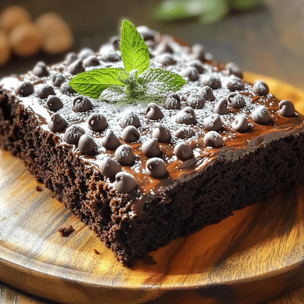 - Grated zucchini - All-purpose flour - Granulated sugar - Unsweetened cocoa powder - Baking soda and baking powder - Salt - Vegetable oil - Eggs - Vanilla extract - Greek yogurt - Semi-sweet chocolate chips For the best results, use accurate measurements. Here are the amounts you need for each ingredient: - Grated zucchini: 2 cups (about 2 medium zucchinis) - All-purpose flour: 1 ¾ cups - Granulated sugar: 1 cup - Unsweetened cocoa powder: ½ cup - Baking soda: 1 tsp - Baking powder: ½ tsp - Salt: ½ tsp - Vegetable oil: ¾ cup - Eggs: 2 large - Vanilla extract: 2 tsp - Greek yogurt: ½ cup - Semi-sweet chocolate chips: 1 cup (plus extra for topping) To measure dry ingredients, use a dry measuring cup. Spoon the flour gently into the cup and level it off with a knife. For liquids, use a clear measuring cup. Pour until the liquid reaches the right line. This ensures your cake will have the right texture and taste. 1. Preheat the oven: Start by setting your oven to 350°F (175°C). This step helps the cake bake evenly. 2. Grease the sheet pan: Take a 9x13-inch sheet cake pan. Use cooking spray or butter to grease it well. This keeps the cake from sticking. 1. Combine wet ingredients: In a large bowl, mix the grated zucchini, vegetable oil, eggs, vanilla extract, and Greek yogurt. Stir until everything is smooth and well-blended. 2. Incorporate dry ingredients: In another bowl, whisk together the flour, sugar, cocoa powder, baking soda, baking powder, and salt. Make sure these dry ingredients are mixed well to spread the flavors. 3. Add chocolate chips: Slowly add the dry mix to the wet ingredients. Stir gently until just combined. Be careful not to overmix. Then, fold in the chocolate chips, ensuring they are evenly spread throughout the batter. 1. Pouring batter into the pan: Now, pour the batter into your prepared pan. Use a spatula to smooth it out evenly. If you like, sprinkle extra chocolate chips on top for added sweetness. 2. Baking time and doneness check: Place the pan in your preheated oven. Bake for 30-35 minutes. To check if it's done, insert a toothpick in the center. It should come out clean when the cake is baked. For the full recipe, check [Full Recipe]. To get a great texture, avoid overmixing the batter. When you mix, do it just enough to combine the wet and dry ingredients. If you mix too much, your cake can turn out tough. Cooling time is also key. Let the cake cool in the pan for 10-15 minutes. This helps it set and makes slicing easier. If you slice too soon, it may crumble and fall apart. You can boost the cake's flavor by adding spices. Cinnamon or nutmeg can add warmth. A splash of almond extract can give it a nice twist. Using high-quality chocolate makes a big difference. Choose semi-sweet chocolate chips with rich flavor. The better the chocolate, the more delicious your cake will be. Serve your chocolate zucchini sheet cake with toppings. A dollop of whipped cream or a sprinkle of powdered sugar looks nice. You can also add fresh berries for a pop of color. This cake is perfect for any occasion. It works well for birthdays, potlucks, or just a cozy family night. Your guests will love it! For more details, check the Full Recipe. {{image_4}} You can easily make this chocolate zucchini sheet cake fit your diet. - Gluten-free options: Use almond flour or a gluten-free blend instead of all-purpose flour. This keeps the cake moist and tasty. Just make sure your cocoa powder is also gluten-free. - Vegan alternatives: Replace eggs with flax eggs. Mix one tablespoon of ground flaxseed with three tablespoons of water. Let it sit for a few minutes. Use plant-based yogurt instead of Greek yogurt for moisture. There are many ways to change the flavor of your cake. - Adding nuts or dried fruit: Chopped walnuts or pecans add a nice crunch. Dried cherries or raisins give a sweet surprise. Just fold them into the batter with the chocolate chips. - Experimenting with different types of chocolate: Try dark chocolate or white chocolate chips. Each type adds a unique taste. You can also mix chocolates for a fun twist. This cake is versatile and can be adapted for any occasion. - Converting to muffins or cupcakes: Pour the batter into muffin tins instead of a sheet pan. Bake for about 20 minutes. This gives you perfect, portable treats. - Layering cakes for special occasions: Bake two sheet cakes and stack them with frosting in between. This makes an impressive dessert for parties and celebrations. For more details, check the Full Recipe. Store your chocolate zucchini sheet cake at room temperature for up to three days. Place it in an airtight container or cover it tightly with plastic wrap. If it's hot or humid, you may want to refrigerate it. This keeps the cake fresh but might change its texture slightly. To freeze leftovers, first cool the cake completely. Cut it into squares. Wrap each piece in plastic wrap, then place them in a freezer bag. Make sure to remove as much air as possible before sealing. The cake freezes well for up to three months. To thaw, move the cake from the freezer to the fridge for several hours or overnight. If you're in a hurry, you can leave it out at room temperature for about an hour. It's best to enjoy the cake at room temperature for the best taste. The chocolate zucchini sheet cake stays fresh for about three days at room temperature. If stored in the fridge, it can last up to a week. If frozen, it retains its flavor and moisture for three months. Always check for any signs of spoilage before eating. Can I use frozen zucchini? Yes, you can use frozen zucchini. Just thaw it and drain excess water. Frozen zucchini works well in this cake. How do I know when the cake is done? Check the cake at 30 minutes. Insert a toothpick in the center. If it comes out clean, the cake is done. Can I replace granulated sugar with a sugar substitute? Yes, you can use a sugar substitute. Make sure it measures like sugar for the best results. What to do if the batter is too thick? If the batter is too thick, add a splash of milk. This will help smooth it out without losing flavor. How to make the cake more chocolatey? Add more cocoa powder or extra chocolate chips. You can also use dark chocolate for a richer taste. Do I need to peel the zucchini? No, peeling is not needed. The skin adds color and nutrients to the cake. Can I substitute other vegetables for zucchini? Yes, you can use carrots or squash. Both will add moisture and keep the cake soft. This article covered key steps to bake a delicious zucchini chocolate cake. We discussed the best ingredients, measurements, and clear instructions for mixing and baking. Tips and tricks for perfecting flavor and texture can help you enjoy every bite. We explored fun variations and smart storage methods to keep your cake fresh. Remember, experimenting with flavors can lead to your ideal creation. Enjoy baking and sharing this tasty treat any time!