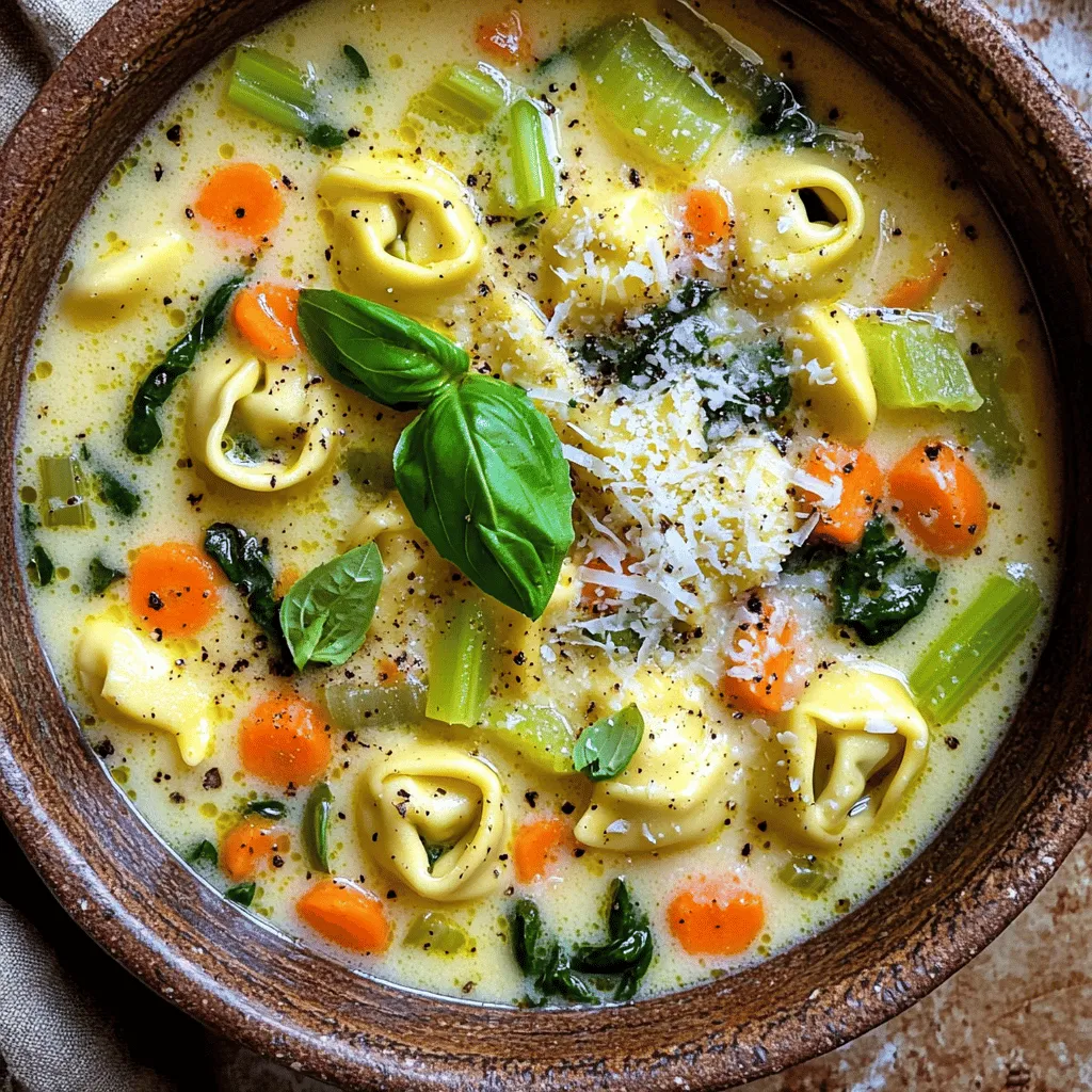- 2 cups cheese tortellini (fresh or frozen) - 1 tablespoon olive oil - 1 small onion, finely diced - 3 cloves garlic, minced - 2 medium carrots, peeled and diced - 2 celery stalks, diced The heart of this creamy tortellini soup lies in its fresh and flavorful ingredients. I love choosing cheese tortellini, as its rich filling adds a nice touch. You can use fresh or frozen tortellini, depending on what you have. Olive oil gives the soup a smooth base, while the onion, garlic, carrots, and celery create a tasty aroma that fills the kitchen. - 4 cups vegetable broth (low-sodium recommended) - 1 cup heavy cream or coconut milk (for a lighter option) For the broth, I suggest low-sodium vegetable broth. It keeps the soup light yet flavorful. If you want a creamy texture, use heavy cream. For a lighter option, coconut milk works well too. Both will add a rich and velvety finish. - 1 cup fresh spinach, roughly chopped - 1 teaspoon dried oregano - 1 teaspoon dried basil - Salt and black pepper to taste - Freshly grated parmesan cheese, for serving - Fresh basil leaves, for garnish Seasonings are key to making this soup shine. I love adding fresh spinach for color and nutrients. Dried oregano and basil bring warmth and depth to every bite. Finally, finish your soup with salt and pepper to taste. A sprinkle of grated parmesan cheese on top is a must. The fresh basil leaves add a lovely touch and a burst of flavor. For the full recipe, check out the detailed instructions. This creamy tortellini soup is a warm hug in a bowl, perfect for any day! First, heat the olive oil in a large pot over medium heat. Once the oil shimmers, add the diced onion, diced carrots, and diced celery. Sauté these vegetables for about 5 to 7 minutes. You want them to be tender and the onion to turn translucent. Next, add the minced garlic and cook for another 1 to 2 minutes. The garlic should smell great but not brown. Now it's time to build the soup base. Carefully pour in 4 cups of vegetable broth. Stir it well and bring the mixture to a gentle boil. Once you see bubbles forming, add the cheese tortellini. Cook them according to the package instructions. Fresh tortellini usually takes 3 to 5 minutes, while frozen takes about 7 to 10 minutes. They are done when they float and are al dente. After the tortellini is cooked, lower the heat. Slowly stir in 1 cup of heavy cream or coconut milk until it blends smoothly. Then, mix in 1 cup of chopped spinach. Add 1 teaspoon of dried oregano and 1 teaspoon of dried basil. Season with salt and black pepper to taste. Allow the soup to simmer for about 2 to 3 minutes. You want the spinach to wilt and everything to heat through. For a full recipe, check out the [Full Recipe]. To make your creamy tortellini soup even better, think about adding more herbs. Thyme and parsley can boost the taste. You can also change how creamy the soup is. If you like it rich, use more cream. If you want it lighter, add less cream or try coconut milk. How you serve the soup matters. Use shallow bowls to show off the bright spinach. A sprinkle of extra parmesan on top makes it look tasty. Fresh basil leaves add color and flavor. Don’t forget to pair it with crusty bread for a great meal. To cook your soup well, choose a pot with a heavy bottom. This helps stop burning. When you add cream, stir constantly. This keeps the texture smooth and creamy. Following these tips makes your soup even more delightful. You can find the full recipe for creamy tortellini soup in the article. {{image_4}} You can add more vegetables to your creamy tortellini soup for extra flavor. Try mushrooms, zucchini, or bell peppers. They bring a nice texture and taste. You can also mix in legumes like beans or lentils. This adds protein and fiber, making your soup heartier. For a filling meal, include proteins like cooked chicken, sausage, or tofu. These options boost the soup's flavor and nutrition. You can also switch up the tortellini type. Try mushroom or spinach tortellini for a fun twist. If you need a gluten-free option, use gluten-free tortellini. This keeps the soup tasty while meeting dietary needs. For a dairy-free version, swap heavy cream for almond milk. This change keeps the soup creamy without dairy. Explore these variations to make the creamy tortellini soup your own! For the full recipe, check out the entire guide. Store any leftover creamy tortellini soup in an airtight container. It keeps well in the fridge for up to 3 days. When you are ready to enjoy it again, reheat the soup gently on the stove over low heat. Stir it often to ensure it warms evenly. This way, you keep that creamy texture and yummy flavor intact. To freeze creamy tortellini soup, let it cool completely first. Then, transfer it to a freezer-safe container. Make sure to leave some space at the top, as the soup will expand when it freezes. When you want to eat it, take it out and thaw it in the fridge overnight. For reheating, pour the soup in a pot and warm it over low heat. Stir it often for the best taste. Look for a few signs to know if your soup has gone bad. If it smells off or has a strange color, it’s best to throw it away. Another sign is if you see any mold on the surface. For food safety, always check before you eat. If you are unsure, it’s safer to discard it. Cooking tortellini in soup takes about 3 to 10 minutes. Fresh tortellini cooks faster, around 3 to 5 minutes. Frozen tortellini needs more time, about 7 to 10 minutes. Always check the package for the best guidance. Factors like heat and pot size can also change cooking time. Stir gently to help them cook evenly. Yes, you can use frozen tortellini! They work great in this soup. Just add them directly to the pot without thawing. Cook them for about 7 to 10 minutes. They will soften and float when done. This makes it a quick and easy option for busy days. This soup pairs well with many sides. A slice of crusty bread is perfect for dipping. You can also serve a simple salad, like a mixed greens salad with vinaigrette. Garlic bread adds a nice touch too. For a hearty meal, consider a side of roasted vegetables. These options complement the soup's creamy texture well. Creamy tortellini soup can be healthy with a few tweaks. The soup has protein from tortellini and nutrients from veggies. To make it lighter, use coconut milk instead of heavy cream. You can add more spinach or other veggies for fiber. Always watch your salt and cheese portions to keep it balanced. Yes, you can make this soup ahead of time! Prepare it and let it cool, then store it in the fridge. It stays good for up to 3 days. When reheating, use low heat to avoid overcooking the tortellini. You can also freeze it for up to 3 months. Just remember to let it thaw in the fridge before reheating. For the best taste, add fresh spinach just before serving. For the full recipe, check out the link above. Creamy tortellini soup combines rich flavors and easy steps. You learned about the key ingredients, cooking methods, and variations to personalize your dish. Adding herbs and fresh veggies boosts flavor, while adjustments cater to dietary needs. Store leftovers properly for future meals. This soup is not only comforting, but also versatile and enjoyable. Dive in, try these tips, and make this dish your own!
