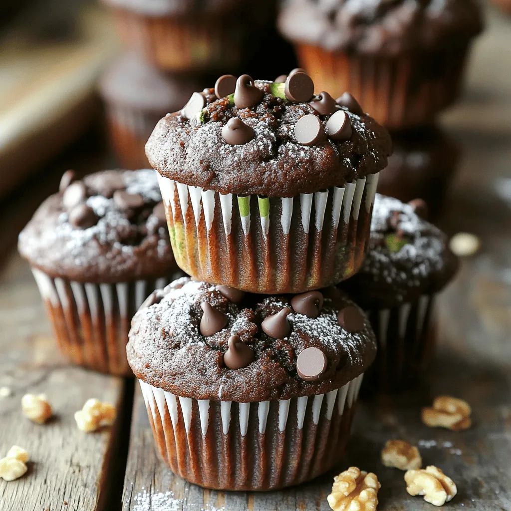 To make Bakery Style Double Chocolate Zucchini Muffins, you'll need these ingredients: - 1 cup grated zucchini - 1 cup all-purpose flour - 1/2 cup unsweetened cocoa powder - 1 teaspoon baking soda - 1/2 teaspoon baking powder - 1/4 teaspoon fine sea salt - 1/2 cup granulated sugar - 1/4 cup packed brown sugar - 1/3 cup vegetable oil - 2 large eggs - 1 teaspoon pure vanilla extract - 1/2 cup semi-sweet chocolate chips - 1/2 cup chopped walnuts (optional) Zucchini adds moisture and nutrition. They help the muffins stay soft. The cocoa powder gives a rich chocolate taste. I love using both sugars for the best sweetness and texture. The baking soda and baking powder help the muffins rise. You can choose to add walnuts for crunch or skip them if you prefer. This recipe is simple and fun. You can find the full recipe to guide you through each step. Enjoy baking! Start by preheating your oven to 350°F (175°C). This step is key for even baking. Next, prepare your muffin tin. Line it with paper muffin liners or grease it lightly with cooking spray. This will help the muffins release easily after baking. In a medium bowl, combine 1 cup of grated zucchini with both sugars. Use granulated and brown sugar. Let this sit for about 10 minutes. This draws out moisture from the zucchini. The extra moisture keeps your muffins soft and tasty. In a large bowl, sift together the dry ingredients. You need 1 cup of flour, 1/2 cup of cocoa powder, baking soda, baking powder, and fine sea salt. Whisk these well so they mix evenly. This step improves the texture of your muffins. To the zucchini mixture, add in the vegetable oil, eggs, and vanilla extract. Stir until smooth. Now, add the dry ingredients to the wet mixture. Fold gently until just combined. It’s okay if there are a few lumps. Over-mixing can make the muffins tough. Fold in 1/2 cup of chocolate chips and optional chopped walnuts. Spoon the batter into the muffin tin, filling each cup about three-quarters full. This helps the muffins rise nicely. Bake for 18-20 minutes. Check for doneness with a toothpick. It should come out clean or with a few moist crumbs. After baking, cool in the pan for 5 minutes. Then, transfer to a wire rack to cool completely. To make sure your muffins are moist, use fresh zucchini. Grate the zucchini and let it sit with sugar for about ten minutes. This method draws out moisture, making your muffins tender. Do not skip this step! For added richness, use oil instead of butter. Vegetable or coconut oil works great. Both oils keep the muffins soft and delicious. Mixing the batter too much can make your muffins tough. Combine the wet and dry ingredients until they are just mixed. A few lumps are okay. They will disappear during baking. Gently fold in the chocolate chips at the end. This keeps them intact and prevents the batter from becoming dense. Store your muffins in an airtight container for the best taste. This helps keep them soft. If you want to keep them longer, freeze them. Place muffins in a freezer bag, removing as much air as possible. When ready to eat, thaw at room temperature or microwave for a few seconds. Enjoy your Bakery Style Double Chocolate Zucchini Muffins anytime! {{image_4}} You can make these muffins even more chocolatey. Just add more chocolate chips. Use a mix of semi-sweet and dark chocolate chips. This gives each bite more rich flavor. You can also sprinkle some chips on top before baking. This makes the muffins look extra tempting. If you want a nut-free version, simply skip the walnuts. The muffins will still be delicious without them. They will stay moist from the zucchini and chocolate. You can also add a bit of oats for texture. This way, you keep the muffins hearty without nuts. To make these muffins gluten-free, swap the all-purpose flour. Use a gluten-free baking mix instead. Make sure it has a good binding agent, like xanthan gum. This helps to keep the muffins from crumbling. You may need to adjust the baking time slightly. Keep an eye on them as they bake. For more tips, check the Full Recipe. For best results, store your Bakery Style Double Chocolate Zucchini Muffins in an airtight container. A plastic or glass container with a tight lid works well. You can also use a resealable plastic bag. Make sure to remove excess air to keep the muffins fresh. This helps keep them soft and moist. To freeze your muffins, first, let them cool completely. Then, wrap each muffin tightly in plastic wrap. Place the wrapped muffins in a freezer-safe bag or container. Label the bag with the date to track freshness. You can freeze them for up to three months. When ready to eat, thaw them in the fridge overnight or heat them in the microwave for a quick treat. When stored at room temperature, these muffins stay fresh for about three to four days. If you want to extend their shelf life, keep them in the fridge. In the fridge, they can last up to a week. Storing them in the freezer will keep them safe for months. Enjoy these muffins fresh or warm for the best taste! Yes, you can use frozen zucchini. Just thaw it first. Once thawed, squeeze out excess water. This helps keep your muffins from becoming too wet. Frozen zucchini works well in baked goods like these muffins. You can use melted coconut oil for a fun twist. Other options include applesauce or Greek yogurt. Both will keep your muffins moist. Each option adds a unique flavor. Choose what fits your taste best. To check if your muffins are ready, insert a toothpick in the center. If it comes out clean or with a few moist crumbs, they’re done! Baking usually takes about 18 to 20 minutes. Keep an eye on them as they bake for the best results. In this article, I shared a simple recipe for moist zucchini muffins. You gathered important tips on the best ingredients, baking steps, and useful storage options. I discussed how to make your muffins tasty and fresh. Remember, you can adapt the recipe with chocolate chips or even go nut-free! Taking time to bake can be fun and rewarding. Enjoy your homemade muffins!