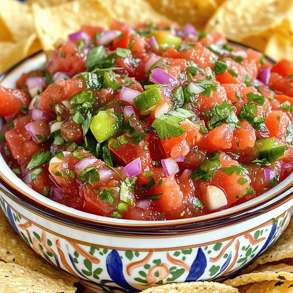The key ingredients for great salsa are simple yet fresh. Here’s what you need: - 4 juicy ripe tomatoes, finely diced - 1 small red onion, finely minced - 1 jalapeño pepper, deseeded and minced for heat - 1/4 cup fresh cilantro leaves, chopped - 2 cloves of garlic, minced - 2 tablespoons freshly squeezed lime juice - 1 teaspoon ground cumin - Sea salt and freshly cracked black pepper Fresh produce is vital for flavor. Ripe tomatoes add sweetness, while cilantro gives a bright note. The jalapeño pepper adds heat, which you can adjust. Each ingredient brings its own taste to the mix. You can customize your salsa with optional add-ins. Some popular choices are: - Diced bell peppers for crunch - Corn for sweetness - Black beans for protein - Avocado for creaminess Adding these can change the texture and taste. Feel free to experiment. Personalizing your salsa makes it unique and caters to your taste buds. You don’t need fancy tools, but a few will help. Use: - A sharp knife for chopping - A cutting board for safety - A mixing bowl for blending Proper chopping techniques matter. Dice your tomatoes and onion evenly for the best texture. This way, every bite tastes balanced. A good mix of ingredients ensures your salsa is both tasty and visually appealing. To make the best homemade salsa, start with fresh tomatoes. Choose juicy, ripe ones. Cut them into small pieces. Place them in a bowl. Next, take a red onion. Peel it and slice it in half. Then, finely chop it into tiny pieces. This adds a nice crunch and flavor. For the jalapeño, cut off the stem. Slice it in half and remove the seeds. You can use a small spoon for this. This step helps reduce heat. If you like spice, leave some seeds in. Mince the jalapeño into small bits. Now, combine all the diced ingredients in a medium mixing bowl. Add the minced garlic and cilantro. Pour in the lime juice and sprinkle the cumin. Use a wooden spoon to mix everything gently. Make sure the flavors blend well. You want a nice, even mix of all the ingredients. Check the consistency of your salsa. If it feels too chunky, you can chop the tomatoes or onion smaller. If it is too watery, let it sit for a bit. Letting the salsa rest is key. Cover the bowl with plastic wrap. Place it in the fridge for at least 30 minutes. This allows the flavors to come together. After resting, taste the salsa. Add sea salt and black pepper as needed. Adjust the seasoning to your liking. You can always add more, but you can’t take it away! For the full recipe, check out the Zesty Homemade Salsa Delight. Enjoy this fresh and vibrant salsa with your favorite dishes! Salsa shines best when paired with the right foods. Here are some great choices: - Tacos - Grilled chicken - Fish or shrimp dishes - Quesadillas - Nachos Complementary dips and sides also boost your meal: - Guacamole - Sour cream - Cheese dips - Fresh vegetables You can make your salsa perfect for your taste. Want more heat? Add more jalapeño or a dash of cayenne. Prefer it mild? Skip the jalapeño or use a sweet pepper instead. For those who want vegan or gluten-free options, this salsa is already safe! Just focus on fresh ingredients. You can try adding fruits like mango or pineapple for a unique twist. Serving salsa can be fun and creative. Here are some ideas: - Use small cups for individual servings. - Serve with colorful tortilla chips for a vibrant look. - Top grilled meats with salsa for added flavor. For presentation, use a bright bowl. Place tortilla chips around it for easy access. A sprig of cilantro on top adds a nice touch. Enjoy your salsa with your favorite tacos or grilled meats. For the full recipe, check out the details above! {{image_4}} You can add fruits to salsa for a sweet twist. Fruits like mango, peach, or pineapple work great. They bring a nice balance to the tangy tomatoes. I love using seasonal fruit combinations. In summer, try fresh peaches. In fall, diced apples add a nice crunch. These fruity variations keep your salsa exciting and fresh. Adjusting spice levels is easy with different peppers. If you want a hot salsa, use serrano peppers. For a milder version, use sweet bell peppers. You can also remove the seeds and membranes from jalapeños. This lowers the heat without losing flavor. To make a mild salsa, I recommend using just a bit of jalapeño or even a pinch of crushed red pepper. Incorporating beans or corn can make your salsa unique. Black beans add protein and texture. Corn gives a sweet crunch that contrasts with the tomatoes. You can also experiment with herbs and spices. Try adding fresh basil or oregano for a twist. These unique ingredients will create a salsa that stands out. For more ideas, check the Full Recipe for inspiration. To keep your salsa fresh, use glass or plastic containers with tight lids. These containers help keep air out and flavors in. Avoid using metal containers, as they can change the taste. Always let the salsa cool before sealing it. This helps prevent condensation, which can make your salsa soggy. Store the salsa in your fridge for the best taste. You can freeze homemade salsa if you want it to last longer. Pour the salsa into freezer bags or containers. Leave some space at the top for the salsa to expand. Label the bags with the date. When you want to use it, thaw the salsa in the fridge overnight. To enjoy it, stir it well after thawing. The texture may change, but the flavor will still be great. Homemade salsa lasts about 4 to 5 days in the fridge. If you freeze it, it can last up to 6 months. Always check for signs of spoilage before eating. Look for mold, off smells, or changes in color. If you see any of these, throw the salsa away. Enjoy your fresh salsa while it’s at its best! For salsa, I recommend using ripe Roma tomatoes. They have fewer seeds and thicker flesh. Their rich flavor shines in salsa. Other good choices are vine-ripened tomatoes or heirloom varieties. These tomatoes provide a fresh taste and vibrant color. Always pick firm and juicy tomatoes for the best results. Yes, you can make salsa in advance! I often prepare it a day before a party. This allows the flavors to blend well together. Store your salsa in an airtight container. Keep it in the fridge to maintain freshness. Just remember to stir it before serving to mix the flavors again. To thicken your salsa, start with the right tomatoes. Roma tomatoes are great for this. If your salsa is still runny, try these tips: - Drain excess liquid from the tomatoes before mixing. - Add diced bell peppers or onions to absorb some moisture. - You can also mix in a small amount of tomato paste for thickness. These tricks will help you achieve a perfect salsa consistency. In this blog post, we explored how to create delicious homemade salsa. We covered key ingredients like fresh tomatoes and onions that make your salsa shine. You learned how to customize your recipe and the tools needed for perfect chopping. We also discussed the mixing process, flavor enhancement, and various ways to serve salsa. Remember, your salsa reflects your taste. Experiment with flavors, storage tips, and unique ingredients. With practice, you’ll make salsa that impresses anyone. Dive in and enjoy the process!
