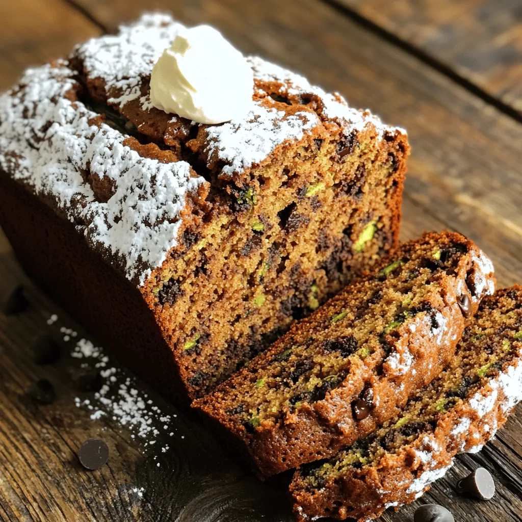 - 2 cups grated zucchini (about 2 medium zucchinis) - 1 ½ cups all-purpose flour - ½ teaspoon baking soda - ½ teaspoon baking powder - ½ teaspoon salt - 1 teaspoon ground cinnamon - ½ cup granulated sugar - ½ cup packed brown sugar - ½ cup vegetable oil - 2 large eggs - 1 teaspoon vanilla extract These ingredients form the base of your decadent chocolate chip zucchini bread. Grated zucchini adds moisture, while flour gives structure. Baking soda and baking powder help the bread rise. Granulated and brown sugar provide sweetness and a lovely caramel flavor. - 1 cup semi-sweet chocolate chips - ½ cup chopped walnuts These optional add-ins take your bread to the next level. Semi-sweet chocolate chips bring a rich, gooey texture. Chopped walnuts add crunch and nutty flavor. Feel free to mix and match based on your taste. - Alternative flours like whole wheat or almond flour - Plant-based oils such as coconut or avocado oil If you want to switch things up, try using alternative flours. Whole wheat flour gives a hearty texture, while almond flour adds nuttiness. For oils, coconut oil offers a subtle sweetness, while avocado oil keeps it light. For the complete recipe, you can refer to the Full Recipe section. - Preheat the oven to 350°F (175°C). - Grease a 9x5-inch loaf pan with butter or non-stick spray. Dust it lightly with flour. - In a large bowl, combine 1 ½ cups all-purpose flour, ½ teaspoon baking soda, ½ teaspoon baking powder, and ½ teaspoon salt. - Add 1 teaspoon ground cinnamon, ½ cup granulated sugar, and ½ cup packed brown sugar. Whisk until there are no lumps. - In a separate bowl, whisk together ½ cup vegetable oil, 2 large eggs, and 1 teaspoon vanilla extract. - Make sure the mixture is smooth and creamy, mixing well to combine. - Gently fold the wet mixture into the dry ingredients using a spatula. - Be careful not to over-mix; stop when just combined. - Fold in 2 cups grated zucchini and 1 cup semi-sweet chocolate chips. If desired, add ½ cup chopped walnuts. - Pour the batter into the prepared loaf pan. Smooth the top with a spatula. - Bake in the preheated oven for 50-60 minutes. - Check doneness by inserting a toothpick into the center. It should come out clean or with a few moist crumbs. For the full recipe, follow the instructions above, and enjoy your delicious treat! To make your chocolate chip zucchini bread moist, start by squeezing out the excess moisture from the grated zucchini. Use a clean kitchen towel to twist and wring it out. This step is key. If you skip it, your bread might turn out soggy. Next, avoid over-mixing the batter. Mix just until the wet and dry ingredients come together. Over-mixing can lead to a tough texture, which is not what you want. You can customize your bread by adding spices and different ingredients. Try adding nutmeg or ginger for a warm flavor. You can also mix in nuts, like walnuts, for crunch. Using high-quality chocolate makes a big difference. Choose semi-sweet or dark chocolate chips for a rich taste. The better the chocolate, the more decadent your bread will be. Adjusting baking time is important for a great texture. Check your bread around the 50-minute mark. If a toothpick comes out clean, it’s done. If it’s still wet, let it bake longer. After baking, let the bread cool in the pan for about 10 minutes. Then, transfer it to a wire rack. This helps keep the structure and makes slicing easier. Enjoy the process and make sure to check the [Full Recipe] for complete guidance! {{image_4}} You can make your chocolate chip zucchini bread healthier. Start by reducing the sugar. Try using just 1/4 cup of granulated sugar. This keeps the sweetness but cuts down on calories. You can also add whole grain flours. Swap out half of the all-purpose flour for whole wheat flour. This adds fiber and nutrients to your bread. Adding spices can change the flavor profile. Consider mixing in nutmeg or ginger for a warm taste. You can also experiment with different types of chocolate. Try dark chocolate chips or even white chocolate for a fun twist. Each option brings a new taste to your bread. To make gluten-free chocolate chip zucchini bread, substitute gluten-free flour. Look for a blend that works for baking. This change allows everyone to enjoy this treat. You may need to adjust baking times too. Check the bread a few minutes earlier to ensure it bakes properly. Store your chocolate chip zucchini bread at room temperature in an airtight container. This keeps it fresh and moist. If your kitchen is warm, consider placing it in the fridge. Wrap the bread in plastic wrap to avoid drying out. To freeze the bread, wait until it cools completely. Wrap it tightly in plastic wrap, then place it in a freezer bag or container. This protects it from freezer burn. When you're ready to enjoy, take it out and let it thaw at room temperature. For a warm slice, heat it in the oven at 350°F for about 10 minutes. Your decadent chocolate chip zucchini bread stays fresh for about 3-4 days at room temperature. If refrigerated, it can last up to a week. Signs of spoilage include a change in smell, mold, or a dry texture. Always trust your senses before consuming! To keep your chocolate chip zucchini bread moist, follow these tips: - Squeeze out excess moisture from the grated zucchini. - Use oil instead of butter for added moisture. - Don’t over-mix the batter. This keeps the bread light. - Add an extra egg to improve structure. Moisture is key, especially in a bread like this. The zucchini adds moisture, but it's vital to manage it. Too much liquid can make your bread soggy. If you squeeze the zucchini well, you prevent this. Yes, you can use frozen zucchini! Here’s how: - Thaw the zucchini and drain it well. - Pat it dry with a paper towel to remove excess moisture. - Use it just as you would fresh zucchini. Frozen zucchini works well if you prepare it right. It may even save you time! When using frozen zucchini, ensure it's fully thawed. This helps achieve the right texture in your bread. Here are some great serving ideas: - Serve warm with butter or cream cheese. - Add a light dusting of powdered sugar for sweetness. - Pair with fresh fruit or a scoop of ice cream. Serving it warm enhances the flavors and textures. The cream cheese adds a rich touch. You can even toast slices for a crunchy contrast! To keep your chocolate chip zucchini bread fresh: - Store in an airtight container at room temperature. - Refrigerate for up to a week for longer shelf life. - Freeze slices for up to three months. Proper storage keeps your bread tasty. Room temperature is best for short-term storage. If you freeze it, wrap each slice in plastic wrap for best results. For the full recipe, check the details above! You now have all the tools to make delicious chocolate chip zucchini bread. We covered the key ingredients, preparation steps, and tips to ensure great flavor and texture. Remember to customize your recipe with optional add-ins or variations. Storing properly will help keep your bread fresh longer. Use these steps, and you’ll enjoy a moist and tasty treat every time. Happy baking!