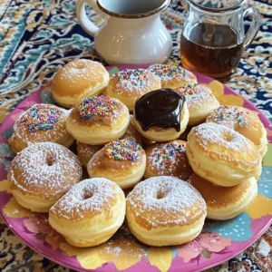 To make pancake donuts, you need a few simple items. Here’s your list: - 1 cup all-purpose flour - 1 tablespoon baking powder - 2 tablespoons granulated sugar - 1/2 teaspoon salt - 1 cup milk - 1 large egg - 2 tablespoons melted butter (or vegetable oil) - 1 teaspoon vanilla extract These ingredients create the base for your pancake donuts. Each one plays a vital role in making them fluffy and tasty. After baking, you can dress up your pancake donuts. Here are some fun ideas: - Maple syrup - Powdered sugar - Colorful sprinkles - Chocolate glaze These toppings add flavor and excitement. You can mix and match to suit your taste. Enjoy experimenting with different combinations! If you want the full recipe, check it out. - Preheat the oven to 350°F (175°C). - Grease the donut pan with cooking spray or oil. Start by setting your oven to the right temperature. This helps the donuts bake evenly. Greasing the pan is important so they pop out easily after baking. - Combine flour, baking powder, sugar, and salt. In a big bowl, mix the flour, baking powder, sugar, and salt. Whisk them well to make sure there are no lumps. This step is key for fluffy donuts. - Beat the egg and add milk, melted butter, and vanilla. - Combine wet and dry ingredients carefully. In another bowl, crack the egg and beat it. Then, add the milk, melted butter, and vanilla. Stir until smooth. Pour this mixture into the dry ingredients. Fold them gently together. Don’t overmix; a few lumps are okay! - Fill the donut pan and bake for 10-12 minutes. - Check for doneness with a toothpick. Spoon the batter into the donut pan. Fill each mold about three-quarters full. Bake for 10 to 12 minutes. Use a toothpick to check if they are done. If it comes out clean, they are ready! - Cool the donuts in the pan and transfer to a wire rack. - Add toppings after cooling. Let the donuts cool in the pan for about five minutes. Then, move them to a wire rack to cool completely. Once cooled, you can add your favorite toppings. You can use maple syrup, powdered sugar, or colorful sprinkles. This is where you can get creative! For the complete recipe, check out the Full Recipe. To make your pancake donuts perfect, follow these tips. First, avoid overmixing the batter. When you mix, do it gently. A few lumps are okay. Overmixing makes the donuts tough. Second, ensure the oven temperature is accurate. An oven thermometer helps with this. If the oven is too hot or too cold, your donuts may not rise well. Make your pancake donuts look great. Arrange them on a vibrant plate. A colorful plate adds fun to your treat. Use powdered sugar for a sweet touch. A drizzle of chocolate makes them even more tempting. You can also add colorful sprinkles. This adds a fun factor and makes them pop! Think about what to serve with your pancake donuts. Coffee or milk are great drink choices. They pair well with the sweetness of the donuts. For dipping, warm maple syrup is a classic choice. You can also offer chocolate sauce or fruit jam. These options can make each bite exciting. For the full recipe, check the details above. {{image_4}} You can easily boost your pancake donuts with fun flavors. Adding fruit can make them tasty and fresh. Strawberries, blueberries, or mashed bananas work well. Simply fold them into the batter before baking. You can also add spices for warmth and depth. A sprinkle of cinnamon or nutmeg can create a cozy feel. Just a pinch is enough to change the flavor! Glazing your pancake donuts can take them to the next level. You can make a simple maple glaze by mixing powdered sugar with maple syrup. For chocolate lovers, melt chocolate and dip the tops in it. You might also try a lemon glaze for a citrus twist. Just mix lemon juice with powdered sugar until smooth. For extra crunch, add nuts or crushed cookies on top after glazing. They add great texture and flavor! Want to make your pancake donuts a bit healthier? You can swap all-purpose flour for whole wheat or almond flour. This change adds fiber and nutrients. You can also reduce sugar in the batter. Try using honey or maple syrup instead. These natural sweeteners can cut down on refined sugar while adding nice flavor. Remember, you can still enjoy these treats while making them a bit healthier! To keep your pancake donuts fresh, store them in an airtight container. Line the container with paper towels to absorb moisture. This helps keep them soft and tasty. You can store them at room temperature for up to two days. For longer storage, place them in the fridge for about a week. If you want to save them for later, freeze the donuts. Wrap each donut in plastic wrap and place them in a freezer-safe bag. They can last up to three months in the freezer. When you're ready to enjoy your pancake donuts again, reheating is key. For the best texture, warm them in the oven. Preheat the oven to 350°F (175°C). Place the donuts on a baking sheet and heat them for about 5-7 minutes. This method keeps them soft and fluffy. You can also use the microwave. Just warm them for 10-15 seconds. But be careful, as this can make them a bit chewy. After reheating, serve your donuts with a drizzle of maple syrup or a dusting of powdered sugar. You can add colorful sprinkles for fun! Enjoy these treats any time of the day. For the full recipe, check out the section above! Pancake donuts are softer and fluffier than regular donuts. They use pancake batter, which makes them light. Regular donuts often have a denser texture due to yeast or cake batter. The flavors in pancake donuts are similar to pancakes, giving them a unique twist. You can enjoy them with toppings like syrup or sprinkles, just like regular donuts. Yes, you can make pancake donuts without a donut pan! Just use a baking sheet instead. Spoon the batter into circles on the sheet. Make sure to keep them evenly spaced. You can also shape them with cookie cutters or use a muffin tin as an alternative. They might not have the classic donut shape, but they will still taste great! To check if your pancake donuts are done, insert a toothpick into one. If it comes out clean, they are ready! The tops should be a light golden brown. If they look too pale, give them a couple more minutes. Keep an eye on them to avoid overbaking, which can make them dry. You can customize pancake donuts in many fun ways. Here are some ideas: - Add fruits like blueberries or bananas to the batter for extra flavor. - Mix in spices such as cinnamon or nutmeg for warmth. - Top with different glazes like chocolate or lemon. - Use colorful sprinkles for a festive look. These simple changes can make your pancake donuts uniquely yours! Pancake donuts are a fun treat, but they are not the healthiest option. They contain sugar and butter, which adds sweetness. However, you can make them healthier by using whole wheat flour or reducing sugar. They are best enjoyed in moderation. Their fluffy texture and sweet toppings make them a delightful indulgence, perfect for special occasions or a fun breakfast! For the full recipe, please refer to the Full Recipe section above. Pancake donuts are simple yet delicious. You need basic ingredients like flour, sugar, and milk. I showed you easy steps to make these tasty treats. Remember to avoid overmixing the batter for the best texture. Add fun toppings like sprinkles or chocolate. Try different flavors to make them unique. With proper storage, you can keep them fresh. Pancake donuts are a fun twist on a classic breakfast. Enjoy making them and share with others!
