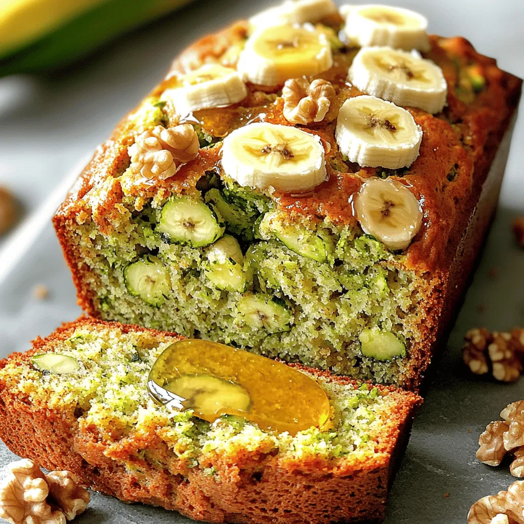 To make a delicious zucchini banana bread, you need a few simple ingredients. Here’s what you’ll need: - 1 cup grated zucchini (about 1 medium zucchini) - 1 cup ripe bananas (about 2 medium bananas, mashed) - 1/3 cup vegetable oil (or melted coconut oil) - 1 large egg - 1 teaspoon vanilla extract - 1 cup all-purpose flour - 1/2 cup whole wheat flour - 1 teaspoon baking soda - 1/2 teaspoon baking powder - 1/2 teaspoon salt - 1 teaspoon ground cinnamon - 1/2 cup chopped walnuts (optional) - 1/2 cup chocolate chips (optional) These ingredients blend well to create a moist and tasty bread. The zucchini adds moisture, while the bananas provide sweetness and flavor. I love adding walnuts or chocolate chips for extra texture. If you want to try the full recipe, check this [Full Recipe]. First, set your oven to 350°F (175°C). This step helps ensure even cooking. Next, take a 9x5-inch loaf pan. Grease it with oil or line it with parchment paper. This way, your bread will come out easily after baking. In a large bowl, combine 1 cup of grated zucchini and 1 cup of mashed bananas. Mix them well with a fork or whisk. Then, add 1/3 cup of oil, 1 large egg, and 1 teaspoon of vanilla extract. Beat the mixture until it is smooth and well blended. This forms a great base for your bread. In another bowl, mix together the dry ingredients. Use 1 cup of all-purpose flour, 1/2 cup of whole wheat flour, 1 teaspoon of baking soda, 1/2 teaspoon of baking powder, 1/2 teaspoon of salt, and 1 teaspoon of ground cinnamon. Stir well so that everything is evenly distributed. This mixture adds structure and flavor to your bread. Now, add the dry mix to the wet mixture. Stir gently until just combined. Be careful not to over-mix. Over-mixing can make your bread dense. If you want, you can fold in 1/2 cup of chopped walnuts or chocolate chips at this stage. This gives extra flavor and texture. Pour the batter into your prepared pan. Smooth the top with a spatula. Place it in your preheated oven and bake for 50-60 minutes. To check if it's done, insert a toothpick into the center. It should come out clean. Once baked, let it cool in the pan for 10 minutes. Then, transfer it to a wire rack to cool completely. Enjoy your delicious Zucchini Banana Bread! For the full recipe, check the full recipe section. To make your Zucchini Banana Bread moist, use fresh ingredients. The riper the bananas, the better. They should be brown and soft. This adds natural sweetness and moisture. Also, don't overmix the batter. Stir just until combined to keep it light and fluffy. If you want extra moisture, add a splash of milk or yogurt. Measuring ingredients correctly is key for good bread. Use a kitchen scale for best results. For dry ingredients, spoon them into a measuring cup and level off with a knife. Avoid packing them down. For liquid ingredients, use a clear measuring cup and check at eye level. This gives you the right amount every time. A great presentation makes your bread even more appealing. Slice the bread evenly for a nice look. Serve it warm with butter or honey on top. You can also add a sprinkle of walnuts or banana slices for flair. This not only looks good but tastes great too. Enjoy making your dish shine! For the full recipe, check [Full Recipe]. {{image_4}} You can make this recipe gluten-free. Just swap regular flour with gluten-free flour. The texture may change a bit, but it will still taste great. To make this bread vegan, replace the egg with a flax egg. Mix one tablespoon of ground flaxseed with three tablespoons of water. Let it sit for five minutes to thicken. Use plant-based oil for moisture. Adding spices or nuts can boost flavor. Try adding nutmeg or ginger for warmth. You can also mix in half a cup of chocolate chips for a sweet twist. Walnuts or pecans add a nice crunch. Use these options to create a unique version of zucchini banana bread. For the full recipe, check out the Zesty Zucchini Banana Bread 🥒. Enjoy experimenting! To keep your zucchini banana bread fresh, store it at room temperature. Wrap it tightly in plastic wrap or foil. This keeps moisture in and prevents it from drying out. You can also store it in an airtight container. If you want it to last longer, consider refrigeration. Just be aware that it may dry out a bit, so reheat before serving. Freezing zucchini banana bread is easy. First, let it cool completely. Then, wrap it tightly in plastic wrap. Place it in a freezer bag or container to protect it from freezer burn. Label it with the date so you know how long it’s been there. It can stay frozen for up to three months. When you’re ready to enjoy your bread, take it out of the freezer. Let it thaw in the fridge overnight or on the counter for a few hours. You can reheat slices in the microwave for about 15-20 seconds. If you prefer a crispy crust, pop it in the oven at 350°F (175°C) for about 10 minutes. Enjoy the warm, delicious taste of your zucchini banana bread again! For the full recipe, check out the detailed instructions above. Yes, you can use frozen bananas. Just thaw them first. Remove any excess water. This helps keep the bread moist. Frozen bananas often taste sweeter. They work well in Zucchini Banana Bread. To make your bread lighter, try these tips: - Use room temperature ingredients. - Don’t overmix the batter. Mix just until combined. - Add a bit more baking powder. This helps the bread rise. - Consider adding an extra egg for fluffiness. To check if the bread is done, use a toothpick. Insert it into the center of the loaf. If it comes out clean, the bread is ready. If it has batter on it, bake for a few more minutes. This ensures a perfectly baked Zucchini Banana Bread. This blog shows you how to make delicious Zucchini Banana Bread. You learned about the key ingredients, simple steps, and tips for success. We also explored variations, like gluten-free and vegan options, plus how to store and reheat your bread. Now, you can enjoy fresh, moist bread anytime. Baking can be fun. Be brave and try new flavors and methods. Enjoy your time in the kitchen!