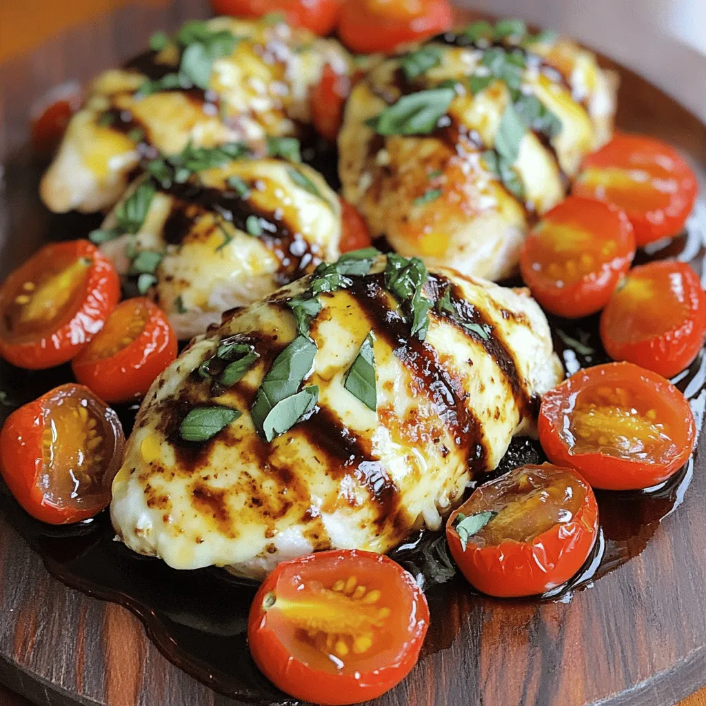 For this dish, you will need: - 4 boneless, skinless chicken breasts - 2 cups cherry tomatoes, halved - 8 oz fresh mozzarella, sliced - 1/4 cup fresh basil leaves, chopped - 2 tablespoons balsamic vinegar - 2 tablespoons extra virgin olive oil - 1 teaspoon garlic powder - 1 teaspoon onion powder - Salt and freshly cracked black pepper to taste These simple ingredients come together to create a bright and flavorful meal. The chicken is tender, the tomatoes burst with juice, and the mozzarella is creamy. Using fresh basil adds a nice touch. You can enhance the flavor with optional items: - Italian seasoning - Crushed red pepper flakes - Spinach or arugula - Lemon zest These add-ins can give your dish a unique twist. If you like heat, crushed red pepper flakes work well. For a touch of citrus, lemon zest brightens the flavors. Pair your Easy Baked Caprese Chicken with: - Garlic bread - Steamed broccoli - Quinoa salad - Mixed greens with vinaigrette These sides complement the main dish nicely. Garlic bread adds crunch, while steamed broccoli brings color and nutrients. A fresh salad rounds out the meal perfectly. For the full recipe, check the details above. First, gather all your ingredients. You will need chicken breasts, cherry tomatoes, mozzarella, and basil. Also, get balsamic vinegar, olive oil, garlic powder, onion powder, salt, and pepper ready. Preheat your oven to 400°F (200°C). This step is key to cooking your chicken evenly. In a small bowl, mix olive oil, balsamic vinegar, garlic powder, onion powder, salt, and pepper. Whisk it well until all the flavors blend. This marinade adds great taste to the chicken. Next, place the chicken breasts in a baking dish. Make sure they fit snugly but not crowded. Pour the marinade over the chicken. Use a spoon or brush to cover every piece. This ensures each bite is packed with flavor. Now, cut the cherry tomatoes in half and scatter them around the chicken. They bring sweetness and color to the dish. Place your baking dish in the preheated oven. Bake for 20 minutes. This helps the chicken cook through and soak up the marinade. After 20 minutes, take the dish out carefully. Layer mozzarella slices on top of each chicken breast. The cheese will melt and create a delicious topping. Return the dish to the oven for another 10 minutes. You want the cheese to melt and bubble. Ensure the chicken's internal temperature reaches 165°F (75°C) for safe eating. Once cooked, take the dish out of the oven. Sprinkle fresh basil over the top. This adds a nice pop of color and freshness. Let the dish rest for a few minutes before serving. This helps the flavors mix well. For a beautiful presentation, place each chicken breast on a bed of roasted cherry tomatoes. Drizzle with extra balsamic vinegar for an elegant touch. For the complete recipe, check out the [Full Recipe]. Enjoy your Easy Baked Caprese Chicken! To bake chicken breasts just right, start with even thickness. If needed, pound them to a uniform size. This helps them cook evenly. Always preheat your oven to 400°F (200°C) before placing the chicken inside. This ensures a nice sear on the outside and keeps the juices locked in. Use a meat thermometer to check for doneness. The chicken should reach an internal temperature of 165°F (75°C). This way, you avoid dry chicken and get a juicy result. Fresh ingredients make your dish pop with flavor. Choose ripe cherry tomatoes for sweetness. Look for mozzarella that is soft and creamy. Fresh basil adds a vibrant taste. When using herbs, chop them just before serving. This keeps their flavor strong. Make sure your olive oil is high-quality. It should have a fruity flavor that enhances the dish. Always wash your produce before use to ensure it’s clean and healthy. One common mistake is crowding the baking dish. If chicken is too close, it will steam instead of bake. Make sure there’s space around each piece. Another mistake is not seasoning enough. Season the chicken well with salt and pepper for great flavor. Avoid opening the oven door too often. This lets heat escape and can affect cooking time. Lastly, don’t skip the resting time after baking. Letting the chicken rest helps keep it moist and tender. For the full recipe, check out the Baked Caprese Chicken Delight. {{image_4}} You can switch up the cheese in this dish. While fresh mozzarella is great, try using provolone or goat cheese. Both add a unique twist. Provolone gives a sharp flavor, while goat cheese adds creaminess. Each option brings a different layer of taste to your chicken. You can add more veggies to boost flavor and nutrition. Consider bell peppers, zucchini, or spinach. Just chop them up and scatter them around the chicken. As they roast, they will soak up the marinade’s goodness. This adds color and makes your meal more filling. Feel free to make the marinade your own. You can add herbs like oregano or thyme for extra depth. A pinch of red pepper flakes can bring heat. If you like sweetness, a drizzle of honey works well. Each change makes the dish unique, allowing you to explore new tastes. For the full recipe, check out the details listed earlier. After you enjoy your Easy Baked Caprese Chicken, store leftovers in an airtight container. This keeps the chicken moist and tasty. Let the chicken cool down to room temperature before sealing it. Keep the leftovers in the fridge for up to three days. If you want, separate the chicken from the tomatoes and cheese to keep them fresh longer. To reheat your baked chicken, preheat your oven to 350°F (175°C). Place the chicken on a baking sheet. Cover it with foil to keep it moist. Heat for about 15 to 20 minutes, or until warm. You can also use a microwave. Place the chicken on a microwave-safe plate. Heat it in short bursts of 30 seconds, checking often so it doesn’t dry out. You can freeze this dish if you want to save it for later. Wrap each piece of chicken tightly in plastic wrap and then place it in a freezer bag. This helps prevent freezer burn. It can stay in the freezer for up to three months. To thaw, move it to the fridge overnight. After thawing, reheat as mentioned above. Enjoy your Easy Baked Caprese Chicken even after a few months! Yes, you can use frozen chicken. Just make sure to thaw it first. Frozen chicken takes longer to cook. Always check the internal temperature. It should be 165°F (75°C) before you eat it. This ensures the chicken is safe and juicy. To make this dish low-carb, skip the balsamic vinegar. You can replace it with lemon juice. Use fewer tomatoes, as they add natural sugars. Also, add more leafy greens like spinach or kale. These choices keep the flavors high while cutting carbs. I love serving this dish with a fresh salad. A simple mix of greens, cucumbers, and a light vinaigrette works great. You can also try garlic bread for a crunchy side. For a healthy option, serve it with steamed broccoli or zucchini noodles. This adds color and nutrients to your meal. For the full recipe, check out the complete details above. This post covered how to make Easy Baked Caprese Chicken. We discussed the key ingredients, baking steps, and tips for perfect chicken. Remember to choose fresh ingredients and avoid common mistakes. You can customize this dish with different cheeses or veggies. Store leftovers properly to keep them fresh. Whether you make it low-carb or serve with side dishes, this meal can be yours. Enjoy cooking and exploring new flavors!