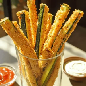 To make crispy baked zucchini fries, you will need: - 3 medium zucchinis, trimmed and sliced into thin strips - 1 cup breadcrumbs (opt for panko for an extra crispy texture) - 1/2 cup finely grated Parmesan cheese - 1 teaspoon garlic powder - 1 teaspoon onion powder - 1/2 teaspoon smoked paprika - Salt and freshly ground pepper, to taste - 2 large eggs, beaten until frothy - Olive oil spray for light coating For this recipe, start by washing the zucchinis. Trim both ends off, then slice them into thin strips. The thinner you cut them, the crispier they will become. Next, gather your other ingredients. Measure out the breadcrumbs, Parmesan cheese, and spices. Combine them in a bowl. This mixture will coat the zucchini and give it flavor. In another bowl, beat the eggs until they are frothy. This will help the breadcrumbs stick to the zucchini properly. It’s key to ensure you coat each strip well, so they turn out crispy after baking. Each serving of baked zucchini fries is about 150 calories. You will also get: - 8g of protein - 10g of carbs - 8g of fat These fries are a great way to enjoy a healthy snack. They are low in calories but high in flavor. Enjoy these fries with your favorite dipping sauce for added taste. You can find the full recipe and guide to make them perfectly crispy. First, preheat your oven to 425°F (220°C). This high heat makes the fries crisp. While the oven heats up, line a baking sheet with parchment paper. This helps prevent the fries from sticking. Next, grab a large mixing bowl. Add the breadcrumbs, grated Parmesan cheese, garlic powder, onion powder, smoked paprika, salt, and pepper. Mix these dry ingredients well. This step ensures each fry gets uniform flavor. Now, set up a dredging station. Pour the beaten eggs into one bowl. In another bowl, place the breadcrumb mixture. Take a zucchini strip and dip it into the egg. Let any extra egg drip off. Then, coat the strip with the breadcrumb mix. Make sure every inch is covered for the best crunch. Arrange the coated zucchini fries on the baking sheet. Leave space between each fry to help them cook evenly. Lightly spray the tops with olive oil. This adds a nice golden color while baking. Place the sheet in the oven for 20-25 minutes. Halfway through, flip the fries for even crispiness. Once they turn golden brown, take them out and let them cool a bit. Enjoy your crispy snack! For the full recipe, check above. To make your zucchini fries super crispy, follow these steps. First, slice the zucchinis thinly. Thin strips help with even cooking and crisping. Next, use panko breadcrumbs instead of regular ones. Panko gives a great crunch. When coating, shake off excess egg. This way, the coating sticks better. Lastly, space the fries out on the baking sheet. If they touch, they may steam instead of bake. I love serving baked zucchini fries as a fun snack. You can place them in a tall glass or cone. This makes them look fancy! Pair them with a zesty marinara sauce for dipping. A creamy ranch dip also works well. You can even try spicy ketchup if you like heat. Serve these fries at parties or game days for a hit! You can spice things up with different seasonings. Try adding Italian herbs like oregano or basil to the breadcrumb mix. For a kick, add some cayenne pepper or chili powder. If you love cheese, mix in some grated Parmesan with the breadcrumbs. Experiment with flavors to find your favorite. The options are endless! For the full recipe, check the section above. {{image_4}} You can easily make these fries vegan. Replace the eggs with a mix of ground flaxseed and water. Use 1 tablespoon of flaxseed and 2.5 tablespoons of water for each egg. Let this sit for a few minutes until it thickens. This will help the breadcrumbs stick. You can also skip the Parmesan cheese or use a vegan cheese alternative. For a gluten-free version, choose gluten-free breadcrumbs. Many brands offer great options. You can make your own by blending gluten-free bread. Just dry it out in the oven first. Ensure all other ingredients, like spices, are gluten-free. This way, everyone can enjoy these tasty fries! Get creative with spices! Add cayenne for heat or Italian herbs for flavor. You can use lemon zest for a fresh taste. Try adding nutritional yeast for a cheesy flavor without dairy. Experiment with what you love. Each change can give you a new twist on these fries. Enjoy finding your favorite spice mix! To store leftover zucchini fries, let them cool first. Place them in an airtight container. Layer parchment paper between fries to prevent sticking. Store in the fridge for up to three days. Make sure to seal the container tightly to keep them fresh. When you want to enjoy your leftover zucchini fries, preheat your oven to 400°F (200°C). Spread the fries on a baking sheet in a single layer. Bake for about 10 minutes, or until they are hot and crispy again. You can also reheat them in an air fryer for extra crispiness. Just set it to 375°F (190°C) for about 5-7 minutes. If you want to freeze zucchini fries, first let them cool completely. Arrange them in a single layer on a baking sheet and freeze for 1-2 hours. Once frozen, transfer the fries to a freezer bag. Remove as much air as possible from the bag. They can stay in the freezer for up to three months. When you're ready to eat them, bake directly from frozen, adding a few extra minutes to the cooking time. Enjoy your crispy baked zucchini fries anytime with these simple storage methods! For the full recipe, check out the details above. I do not recommend using frozen zucchini. Frozen zucchini can get mushy when baked. Fresh zucchini gives you a better crunch and flavor. If you have fresh zucchini, use that for the best results. To reduce the water in zucchini, salt the strips before cooking. After slicing, sprinkle salt on the zucchini. Let them sit for about 15 minutes. This draws out excess moisture. After that, pat the zucchini dry with a paper towel. This step is key for crispy fries. Baked zucchini fries pair well with many dips. Try serving them with marinara sauce or ranch dressing. You can also use garlic aioli or a spicy salsa. Each dip adds a new flavor to the fries. They make a great snack or side dish for any meal. Yes, this recipe works great for meal prep. You can bake a large batch and store them. Keep them in an airtight container for up to three days. Reheat in the oven for a few minutes for the best texture. Baked zucchini fries are a fun, healthy snack anytime! For the full recipe, check above. This blog post covered everything you need for delicious baked zucchini fries. We explored the right ingredients, steps to bake them, tips for more crunch, and yummy variations. I also shared how to store leftovers and answered common questions. Baking zucchini fries is simple and fun. You can enjoy a healthy snack or side dish anytime. Try different spices to find your perfect flavor. Enjoy your cooking adventure!
