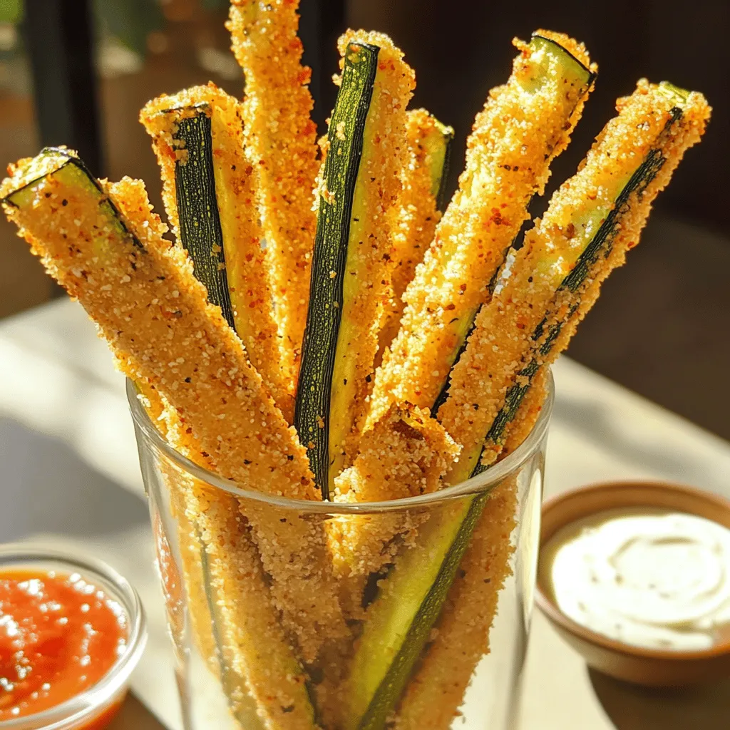 To make crispy baked zucchini fries, you will need: - 3 medium zucchinis, trimmed and sliced into thin strips - 1 cup breadcrumbs (opt for panko for an extra crispy texture) - 1/2 cup finely grated Parmesan cheese - 1 teaspoon garlic powder - 1 teaspoon onion powder - 1/2 teaspoon smoked paprika - Salt and freshly ground pepper, to taste - 2 large eggs, beaten until frothy - Olive oil spray for light coating For this recipe, start by washing the zucchinis. Trim both ends off, then slice them into thin strips. The thinner you cut them, the crispier they will become. Next, gather your other ingredients. Measure out the breadcrumbs, Parmesan cheese, and spices. Combine them in a bowl. This mixture will coat the zucchini and give it flavor. In another bowl, beat the eggs until they are frothy. This will help the breadcrumbs stick to the zucchini properly. It’s key to ensure you coat each strip well, so they turn out crispy after baking. Each serving of baked zucchini fries is about 150 calories. You will also get: - 8g of protein - 10g of carbs - 8g of fat These fries are a great way to enjoy a healthy snack. They are low in calories but high in flavor. Enjoy these fries with your favorite dipping sauce for added taste. You can find the full recipe and guide to make them perfectly crispy. First, preheat your oven to 425°F (220°C). This high heat makes the fries crisp. While the oven heats up, line a baking sheet with parchment paper. This helps prevent the fries from sticking. Next, grab a large mixing bowl. Add the breadcrumbs, grated Parmesan cheese, garlic powder, onion powder, smoked paprika, salt, and pepper. Mix these dry ingredients well. This step ensures each fry gets uniform flavor. Now, set up a dredging station. Pour the beaten eggs into one bowl. In another bowl, place the breadcrumb mixture. Take a zucchini strip and dip it into the egg. Let any extra egg drip off. Then, coat the strip with the breadcrumb mix. Make sure every inch is covered for the best crunch. Arrange the coated zucchini fries on the baking sheet. Leave space between each fry to help them cook evenly. Lightly spray the tops with olive oil. This adds a nice golden color while baking. Place the sheet in the oven for 20-25 minutes. Halfway through, flip the fries for even crispiness. Once they turn golden brown, take them out and let them cool a bit. Enjoy your crispy snack! For the full recipe, check above. To make your zucchini fries super crispy, follow these steps. First, slice the zucchinis thinly. Thin strips help with even cooking and crisping. Next, use panko breadcrumbs instead of regular ones. Panko gives a great crunch. When coating, shake off excess egg. This way, the coating sticks better. Lastly, space the fries out on the baking sheet. If they touch, they may steam instead of bake. I love serving baked zucchini fries as a fun snack. You can place them in a tall glass or cone. This makes them look fancy! Pair them with a zesty marinara sauce for dipping. A creamy ranch dip also works well. You can even try spicy ketchup if you like heat. Serve these fries at parties or game days for a hit! You can spice things up with different seasonings. Try adding Italian herbs like oregano or basil to the breadcrumb mix. For a kick, add some cayenne pepper or chili powder. If you love cheese, mix in some grated Parmesan with the breadcrumbs. Experiment with flavors to find your favorite. The options are endless! For the full recipe, check the section above. {{image_4}} You can easily make these fries vegan. Replace the eggs with a mix of ground flaxseed and water. Use 1 tablespoon of flaxseed and 2.5 tablespoons of water for each egg. Let this sit for a few minutes until it thickens. This will help the breadcrumbs stick. You can also skip the Parmesan cheese or use a vegan cheese alternative. For a gluten-free version, choose gluten-free breadcrumbs. Many brands offer great options. You can make your own by blending gluten-free bread. Just dry it out in the oven first. Ensure all other ingredients, like spices, are gluten-free. This way, everyone can enjoy these tasty fries! Get creative with spices! Add cayenne for heat or Italian herbs for flavor. You can use lemon zest for a fresh taste. Try adding nutritional yeast for a cheesy flavor without dairy. Experiment with what you love. Each change can give you a new twist on these fries. Enjoy finding your favorite spice mix! To store leftover zucchini fries, let them cool first. Place them in an airtight container. Layer parchment paper between fries to prevent sticking. Store in the fridge for up to three days. Make sure to seal the container tightly to keep them fresh. When you want to enjoy your leftover zucchini fries, preheat your oven to 400°F (200°C). Spread the fries on a baking sheet in a single layer. Bake for about 10 minutes, or until they are hot and crispy again. You can also reheat them in an air fryer for extra crispiness. Just set it to 375°F (190°C) for about 5-7 minutes. If you want to freeze zucchini fries, first let them cool completely. Arrange them in a single layer on a baking sheet and freeze for 1-2 hours. Once frozen, transfer the fries to a freezer bag. Remove as much air as possible from the bag. They can stay in the freezer for up to three months. When you're ready to eat them, bake directly from frozen, adding a few extra minutes to the cooking time. Enjoy your crispy baked zucchini fries anytime with these simple storage methods! For the full recipe, check out the details above. I do not recommend using frozen zucchini. Frozen zucchini can get mushy when baked. Fresh zucchini gives you a better crunch and flavor. If you have fresh zucchini, use that for the best results. To reduce the water in zucchini, salt the strips before cooking. After slicing, sprinkle salt on the zucchini. Let them sit for about 15 minutes. This draws out excess moisture. After that, pat the zucchini dry with a paper towel. This step is key for crispy fries. Baked zucchini fries pair well with many dips. Try serving them with marinara sauce or ranch dressing. You can also use garlic aioli or a spicy salsa. Each dip adds a new flavor to the fries. They make a great snack or side dish for any meal. Yes, this recipe works great for meal prep. You can bake a large batch and store them. Keep them in an airtight container for up to three days. Reheat in the oven for a few minutes for the best texture. Baked zucchini fries are a fun, healthy snack anytime! For the full recipe, check above. This blog post covered everything you need for delicious baked zucchini fries. We explored the right ingredients, steps to bake them, tips for more crunch, and yummy variations. I also shared how to store leftovers and answered common questions. Baking zucchini fries is simple and fun. You can enjoy a healthy snack or side dish anytime. Try different spices to find your perfect flavor. Enjoy your cooking adventure!