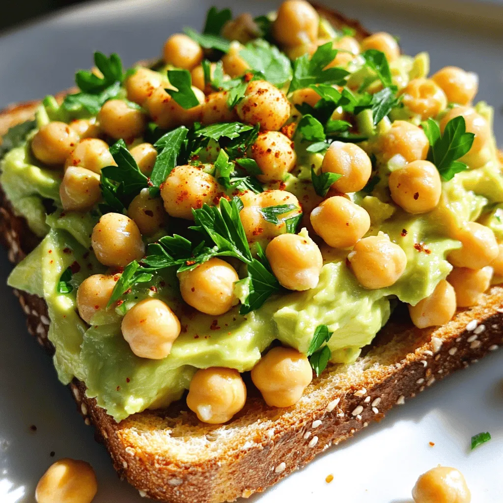 To make this tasty toast, you need: - 1 can (15 oz) chickpeas, drained and rinsed - 1 ripe avocado - 1 tablespoon tahini - 1 tablespoon fresh lemon juice - 1 teaspoon garlic powder - 1 teaspoon ground cumin - Salt and freshly ground black pepper to taste - 2 slices whole grain bread - Fresh parsley, finely chopped (for garnish) These ingredients are simple, fresh, and full of flavor. Chickpeas provide protein, while avocado gives healthy fats. Together, they create a filling and nutritious meal. You can add a few extras to make your toast even better: - Red pepper flakes (for added heat) - Lemon zest (for more citrus flavor) - Sliced radishes (for crunch) - Feta cheese (for creaminess) These optional ingredients let you customize your toast. Mix and match to find the perfect taste for you. Each serving of Zesty Chickpea Avocado Toast has: - Calories: 410 - Protein: 14g - Carbohydrates: 48g - Fiber: 12g - Fats: 20g This meal is not just quick; it’s also packed with nutrients. It fuels your body and keeps you satisfied. Enjoy this quick meal anytime you need a tasty boost! For the full recipe, check the details above. Start by opening a can of chickpeas. Drain and rinse them well under cold water. This step helps remove excess salt. In a mixing bowl, add the chickpeas. Use a fork to mash them gently. Aim for a chunky texture, leaving some whole chickpeas. This adds a nice bite to your toast. Next, grab a ripe avocado. Cut it in half and remove the pit. Scoop the green flesh into a separate bowl. Mash the avocado with a fork until it is smooth but not runny. Add one tablespoon of tahini and one tablespoon of fresh lemon juice. Then, mix in one teaspoon of garlic powder and one teaspoon of ground cumin. Season with salt and black pepper to taste. Stir until all is well combined. Now, it's time to toast the bread. Take two slices of whole grain bread. You can use a toaster or a skillet to make it crispy. Toast until they are golden brown. This should take about 2-3 minutes. Crispy bread gives your toast a great base. Once the bread is toasted, it's time to build your toast. Spread a generous layer of the avocado mixture on each slice. Make sure to cover the bread well. Next, spoon the mashed chickpeas on top of the avocado. Press them down gently to help them stick. To finish, sprinkle some freshly chopped parsley on top. This adds color and freshness. If you like heat, add some red pepper flakes. Serve your toast on a nice plate. A lemon wedge on the side adds a bright touch. Enjoy your quick and healthy meal! You can find the full recipe for Zesty Chickpea Avocado Toast in the earlier part of this article. To save time, gather all your ingredients before you start. This way, you won’t waste minutes searching for items. Use canned chickpeas; they are quick and easy. You can also mash the chickpeas and avocado at the same time to save effort. If you need more speed, toast your bread while you prepare the other ingredients. This simple hack cuts down your cooking time. For perfect toast, use a toaster or skillet. If using a skillet, heat it on medium. Add a little olive oil or butter for extra flavor. Keep an eye on the bread so it doesn’t burn. You want it golden brown and crispy. Try toasting the bread for a few minutes on each side. This way, it gets nice and crunchy, which pairs well with the creamy toppings. To get the best avocado texture, choose a ripe one. It should yield slightly when you press it. Cut the avocado in half and scoop it into a bowl. Mash it with a fork, leaving some chunks. This adds great texture to your toast. Mixing it with tahini and lemon juice enhances the flavor. Aim for a creamy but not completely smooth spread. This will make your dish more exciting to eat. For a delicious quick meal, try the Zesty Chickpea Avocado Toast. Check the full recipe for details! {{image_4}} You can switch up the protein in this meal. Try using canned tuna or cooked chicken. Both options add flavor and make the toast filling. You can also use cooked lentils for a plant-based choice. They are rich in protein and taste great. If you want a different texture, consider adding crumbled feta cheese or a dollop of Greek yogurt. These choices keep the meal light yet satisfying. Spices can change the taste of your dish. If you want more zest, add smoked paprika or chili powder. These spices give a warm, smoky flavor. You can also try fresh herbs like cilantro or basil for a fresh twist. For a bit of crunch, add sliced radishes or cucumbers on top. These ingredients can make your toast more exciting and colorful. If you need a vegan option, swap the tahini for a nut butter like almond or cashew. This change keeps the creaminess while adding a nutty flavor. You can also replace the whole grain bread with gluten-free bread or wraps. For a creamy touch, use a vegan cream cheese instead of avocado. These swaps make the meal fit any diet while still being quick and tasty. For the full recipe, check out the Zesty Chickpea Avocado Toast. To keep your leftover ingredients fresh, place them in airtight containers. Store the chickpeas in the fridge for up to three days. The avocado mixture also lasts well for two days. Just remember, avocados brown quickly. To slow this down, add a little lemon juice on top before sealing. Assembled toast tastes best fresh. If you have leftovers, store them in a cool place. Wrap each toast in plastic wrap to keep moisture in. However, the texture may change. Enjoy the toast within a few hours for the best taste. If you need to reheat your toast, use a toaster oven or skillet. Heat it at a low temperature to avoid burning. This method helps keep the bread crispy. Avoid using a microwave, as it can make the bread soggy. When ready, top with fresh parsley for added flavor. Enjoy your zesty chickpea avocado toast! You can try a few easy options. Here are my favorites: - Greek yogurt with honey and nuts: Just mix yogurt, a drizzle of honey, and your choice of nuts. - Hummus and veggie wraps: Spread hummus on a tortilla, add veggies, and roll it up. - Quick quesadilla: Place cheese between two tortillas, heat until the cheese melts, and enjoy. - Microwaveable rice and beans: Heat canned beans with pre-cooked rice for a filling meal. - Fruit and nut salad: Combine chopped fruit with nuts for a fresh, sweet snack. Yes, you can prep some parts ahead. You can mash the chickpeas and avocado a few hours before. Store them in airtight containers to keep them fresh. Toast the bread just before serving for the best texture. This way, you save time during lunch. For a gluten-free choice, use gluten-free bread or lettuce wraps instead of bread. You can also add toppings like sliced radishes or cucumbers for extra crunch. Experiment with spices like paprika or smoked salt for different flavors. This keeps your meal fun and tasty! For the full recipe, check out the Zesty Chickpea Avocado Toast. Zesty chickpea avocado toast is a tasty, simple dish. We explored key ingredients, flavors, and ideas to enhance your meal. You learned about storing leftovers and reheating tips. Remember, you can add protein or spices to switch things up. This dish is enjoyable for quick lunches or snacks. Now, it’s time to get creative with your ingredients and make this toast your own!