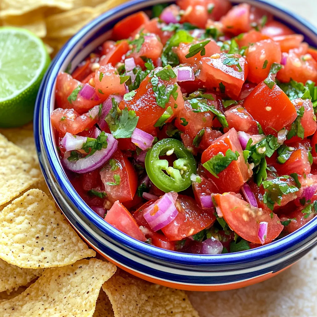 - 4 large, ripe tomatoes, coarsely chopped - 1 small red onion, finely diced - 1 jalapeño pepper, seeds removed and finely minced - 1/4 cup fresh cilantro, roughly chopped - 2 cloves garlic, finely minced - 1 teaspoon ground cumin - Salt, to taste - 1/2 teaspoon freshly ground black pepper - Juice of 2 limes, or to taste - 1 tablespoon extra virgin olive oil (optional, for flavor enhancement) To make this easy no-peel salsa, fresh produce is key. Ripe tomatoes bring sweetness. A small red onion adds a nice crunch. I like jalapeños for heat, but you can adjust as needed. Fresh cilantro gives a bright flavor, while garlic adds depth. Spices and seasonings are simple. Ground cumin adds warmth. Just sprinkle salt and black pepper to your liking. The lime juice adds a zesty kick. Olive oil is optional but can enhance flavor. For the full recipe, I encourage you to check out the detailed steps. This salsa is quick to make and perfect for any meal. Enjoy the fresh taste! 1. Start with fresh tomatoes. Coarsely chop four large, ripe tomatoes. 2. Finely dice one small red onion. This adds sweetness and crunch. 3. Next, take one jalapeño pepper. Remove the seeds and mince it finely. 4. Roughly chop 1/4 cup of fresh cilantro. This adds a bright flavor. 5. Mince two cloves of garlic for extra zest. 1. In a large mixing bowl, combine the chopped tomatoes and diced onion. 2. Add the minced jalapeño, chopped cilantro, and garlic to the bowl. 3. Squeeze the juice of two limes over the mixture. This brings freshness. 4. Sprinkle with one teaspoon of ground cumin, salt, and half a teaspoon of black pepper. 5. If you want more flavor, drizzle in one tablespoon of extra virgin olive oil. 6. Use clean hands or a spoon to gently toss all ingredients. Mix until evenly combined. 7. Taste the salsa and adjust the seasoning if needed. 1. Letting the salsa rest is key. It allows the flavors to blend well. 2. I suggest resting for at least 15 minutes at room temperature. 3. This short wait enhances the taste, making the salsa more delicious. This easy no-peel salsa is perfect for fresh, tasty meals. You can find the full recipe for a delightful burst of flavors! To make your salsa shine, focus on seasoning. Start with salt. It brings out the natural taste of the tomatoes. Use it sparingly at first. You can always add more later. Ground cumin adds warmth and depth. Just one teaspoon can change the whole flavor. Don't skip it! Adding olive oil can boost the richness. Use about one tablespoon for a subtle touch. It makes the salsa smooth and creamy. Salsa is great with crispy tortilla chips. Scoop it up, and enjoy each bite. You can also serve it on tacos. It adds a fresh twist to grilled meats too. Try pairing it with grilled chicken or fish. The fresh flavors complement the savory meats well. You can even mix it into rice or beans for a tasty side dish. You can make this salsa a few hours in advance. It tastes even better after the flavors blend. Just let it sit at room temperature for about 15 minutes before serving. Store leftovers in a sealed container in the fridge. It stays fresh for about three days. To keep it vibrant, press plastic wrap against the surface. This helps prevent browning and keeps it tasty. For the full recipe, check out the instructions above. Enjoy your delicious salsa! {{image_4}} You can easily change the heat of your salsa. If you want a milder taste, use less jalapeño. Start with half of what the recipe calls for. Taste it before adding more. You can also try other peppers. Bell peppers add sweetness, while serrano peppers bring more heat. Get creative by adding fruits to your salsa. Mango or pineapple can add a sweet twist. Just chop them into small pieces and mix them in. You can also switch up the herbs. Try using basil or mint for a fresh flavor change. This no-peel salsa is naturally vegan. It has no animal products, so everyone can enjoy it. For gluten-free needs, check your ingredients. All the core items in the recipe are gluten-free. You can serve this salsa with corn chips for a tasty snack. For short-term storage, use an airtight container. Glass jars work great for salsa. You can keep your salsa in the fridge for up to five days. Always check for freshness before using. To freeze salsa, place it in a plastic container or freezer bag. Leave space at the top for expansion. Seal it tightly and label it with the date. Salsa can last up to three months in the freezer. When you want to use it, thaw it in the fridge overnight. This keeps it fresh and tasty. You should discard salsa if it smells sour or has a strange color. Signs of spoilage include mold or separation of liquids. Always taste a small amount if you’re unsure. This helps you avoid wasting food and ensures your meals stay fresh and safe. Yes, you can use canned tomatoes. They save time and are always ready. However, fresh tomatoes offer better taste and texture. Canned tomatoes can be softer and may have added salt. When using canned ones, drain the liquid to avoid watery salsa. This keeps the salsa thick and flavorful. Leftover salsa is a treasure! You can use it in many ways. Try mixing it with scrambled eggs for a zesty breakfast. Spread it on sandwiches or wraps for a flavor boost. You can also top grilled fish or chicken with salsa. It makes a great dip for veggies or chips too. Want more heat? Add more jalapeño or try a hotter pepper. You can also add a dash of cayenne or red pepper flakes. For a smoky flavor, try chipotle peppers. Always taste as you go, so you get your desired spice level without overwhelming the salsa. Absolutely! This salsa fits many diets. It is naturally vegan and gluten-free. If you want to lower the carbs, use less onion. For a fruity twist, add diced mango or pineapple. You can swap cilantro for parsley if you prefer. This recipe allows for many tasty changes! This blog post explored how to make fresh salsa using simple ingredients. We discussed fresh produce, spices, and unique variations to suit your taste. I shared important steps and tips for the best flavor, along with storage information. Remember, salsa is fun to customize and easy to prepare in advance. Keep experimenting with flavors and enjoy your fresh creations. With this knowledge, you can make delicious salsa that everyone will love. Happy cooking!