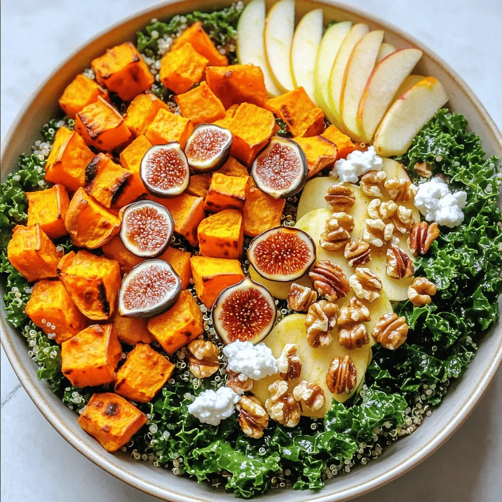 - 2 cups cooked quinoa - 1 cup roasted sweet potatoes, diced - 1 cup chopped kale - 1/2 cup dried figs, roughly chopped - 1/2 cup goat cheese, crumbled - 1/4 cup toasted walnuts, roughly chopped - 1 medium apple, thinly sliced - 1/4 cup balsamic vinegar - 3 tablespoons olive oil - 2 tablespoons fig preserves - 1 teaspoon Dijon mustard - Salt and pepper to taste - 1 tablespoon olive oil for roasting - Salt and pepper to taste The ingredients in Harvest Bowls with Fig Balsamic Vinaigrette offer a great mix of flavors and textures. Each element plays a key role. For instance, quinoa serves as a hearty base. It’s full of protein and fills you up. Roasted sweet potatoes add warmth and natural sweetness. They contrast nicely with the fresh, crunchy apple slices. The dried figs bring a chewy texture and fruity flavor. They work well with the creamy goat cheese, which adds a tangy taste. Walnuts lend a satisfying crunch, making each bite delightful. For the vinaigrette, the balsamic vinegar gives a tangy kick. Fig preserves add depth and sweetness. The olive oil rounds it all out, making it smooth and rich. Dijon mustard adds a hint of spice that brightens the dressing. This recipe is not just tasty, but it also keeps well. It makes a great meal prep option. You can enjoy the bowls throughout the week. For the full recipe, check the details provided. - Cook the quinoa and let it cool: Start by rinsing the quinoa well. This step helps remove any bitterness. Cook it based on the package instructions. Once it's ready, let it cool in a bowl. - Roast the sweet potatoes until caramelized: Preheat your oven to 400°F. Toss diced sweet potatoes in one tablespoon of olive oil. Season with salt and pepper, then spread them on a baking sheet. Roast for about 25 minutes until they are tender and caramelized. - Sauté the kale until wilted: In a skillet, add a drizzle of olive oil over medium heat. Add chopped kale and sauté for 3-4 minutes. You want it wilted but still bright green. Season with a pinch of salt. - Whisk together vinaigrette ingredients until blended: In a small bowl, combine balsamic vinegar, olive oil, fig preserves, and Dijon mustard. Whisk until everything is mixed well. - Adjust seasoning to taste: Taste the vinaigrette and add salt and pepper as needed. This step is key to getting the right balance of flavors. - Layer quinoa as the base: Start by putting the cooled quinoa at the bottom of each bowl. This forms a hearty base. - Add roasted sweet potatoes, sautéed kale, figs, apple slices, walnuts, and goat cheese: Carefully layer the roasted sweet potatoes, sautéed kale, chopped figs, apple slices, toasted walnuts, and crumbled goat cheese on top of the quinoa. Make it look nice! - Drizzle with vinaigrette and mix if desired: Generously drizzle your fig balsamic vinaigrette over the top. You can mix it all together if you like, or leave it layered for a pretty display. For the full recipe, check the previous section. Enjoy crafting your beautiful harvest bowls! - Rinse quinoa thoroughly to remove bitterness. - Preheat the oven adequately for roasting. Rinsing quinoa helps wash away the saponins, which can make it taste bitter. I always rinse it under cold water for about a minute. This simple step makes a big difference. Preheating your oven means your sweet potatoes will roast evenly. I set my oven to 400°F (200°C) at least 10 minutes before I put in the sweet potatoes. - Use large, shallow dishes for distinctive presentation. - Arrange toppings in a color-coordinated manner. Serving in large, shallow dishes makes your harvest bowls look great. You can see all the colors and textures this way. Use greens, oranges, and browns for a feast for the eyes. Color coordination adds fun to your meal. Try placing roasted sweet potatoes next to bright apple slices. It draws the eye and makes for a tasty bite. - Consider adding additional herbs. - Experiment with different nut toppings. Fresh herbs like parsley or basil can lift your dish. They add a pop of flavor that complements the fig balsamic vinaigrette well. Nuts add crunch and depth. Try using pecans or almonds for a new twist. They can change the whole vibe of your harvest bowl. For the full recipe, don’t forget to check out the section earlier! {{image_4}} You can easily boost your harvest bowl with protein. Grilled chicken or turkey adds a savory touch. If you prefer plant-based options, try adding chickpeas or beans. Both options give you good protein and add great texture. Feel free to customize your bowl! You can swap kale for spinach or arugula. They bring a different taste and are just as nutritious. For cheese lovers, feta works great if you want a change from goat cheese. Want to switch up your vinaigrette? Use maple syrup instead of fig preserves for a sweeter taste. If you crave more flavor, add minced garlic to the mix. It gives the vinaigrette a nice kick that pairs well with fresh ingredients. To keep your harvest bowls fresh, store them in an airtight container in the refrigerator. This ensures the flavors stay intact. Enjoy them within 3-4 days for the best quality. After that, the taste and texture may start to decline. Freezing is not recommended for harvest bowls, as it can change the texture. If you must freeze, store the individual components separately. This way, you can enjoy them later without losing the fresh taste. When you’re ready to eat, gently reheat the quinoa and sweet potatoes on the stovetop or in the microwave. This keeps them warm without overcooking. When serving, toss all ingredients with a bit more vinaigrette. This adds flavor and moisture back into the dish. Yes, you can make this recipe vegan. Simply substitute the goat cheese with a vegan alternative. Also, skip the honey in the vinaigrette. This keeps the flavors bright and fresh without animal products. To make quinoa fluffy, rinse it thoroughly before cooking. This removes any bitterness. After cooking, let the quinoa rest for a few minutes. This allows steam to escape and keeps the texture light. You can pair these harvest bowls with a light soup. They also shine as a standalone meal, packed with nutrients and flavor. Total time is about 50 minutes. Prep time is around 20 minutes. This makes it a great option for a weeknight meal or a cozy weekend gathering. This blog post showed you how to create tasty harvest bowls. We covered key ingredients like quinoa, sweet potatoes, and figs. You learned to make a fig balsamic vinaigrette, assemble the bowl, and add your favorite proteins. Use my tips for cooking and presenting your dish nicely. Remember, you can get creative with swaps and extras. Enjoy experimenting with flavors and colors in your meals!