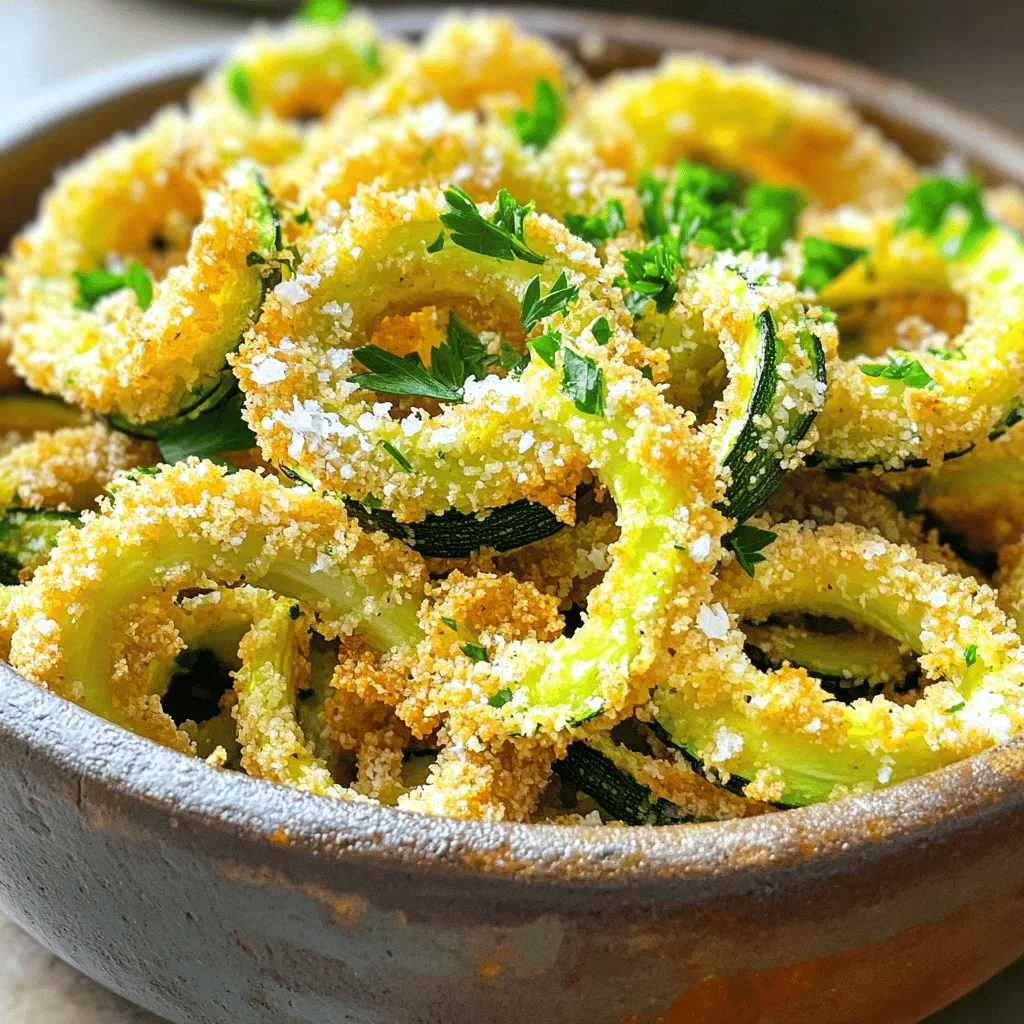 To make delicious air fryer curly zucchini fries, you'll need a few simple ingredients. Here’s the list: - 2 medium zucchinis - 1 cup panko breadcrumbs - 1 teaspoon garlic powder - 1 teaspoon onion powder - 1 teaspoon smoked paprika - 1/2 teaspoon salt - 1/2 teaspoon black pepper - 1 large egg - 1 tablespoon olive oil - Fresh parsley for garnish - Optional: Grated Parmesan cheese for serving These ingredients come together to create a crispy and tasty snack. You can find the full recipe to guide you through the cooking process. Enjoy the crunch and flavor! To start, you need to spiralize the zucchinis. A spiralizer works best for this task. If you don’t own one, a vegetable peeler will work. Just peel long strips and twist them into curls. It is key to aim for thin, curly pieces. Thin pieces cook faster and get crispier in the air fryer. Next, let’s remove some moisture. Place the curly zucchini in a colander and sprinkle lightly with salt. This helps draw out water. Allow them to drain for about 15 minutes. After that, use paper towels to pat the zucchini curls dry. This step is very important for that perfect crispiness. Now it’s time to set up your breading station. In a bowl, mix panko breadcrumbs with garlic powder, onion powder, smoked paprika, salt, and black pepper. Make sure to mix well. In another bowl, whisk together the egg and olive oil. This egg mixture helps the breadcrumbs stick to the zucchini. Grab each curly zucchini piece. First, dip it into the egg mixture and coat it well. Then, move it to the breadcrumb mix. Press gently to make sure the breadcrumbs stick. Repeat this process until all pieces are coated. Proper coating ensures a crunchy texture. Before cooking, preheat your air fryer. Set it to 400°F (200°C) and let it heat for 3-5 minutes. Preheating is crucial. It helps the zucchini fries to crisp up nicely and cook evenly. Now, arrange the breaded zucchini fries in a single layer in the air fryer basket. Cook them at 400°F (200°C) for about 10-12 minutes. Shake the basket halfway through cooking. This helps achieve even browning and crispiness. The fries should look golden brown when they are done. You can find the full recipe for these crispy delights to ensure every step is clear and easy to follow. To make your curly zucchini fries crispy, moisture control is key. Zucchini has a lot of water. If you don't remove it, your fries will turn out soggy. Use a colander and salt to help draw out the moisture. Let the zucchini sit for about 15 minutes. After that, pat it dry with paper towels. This step is crucial for getting that perfect crunch. Also, space matters! Arrange the fries in a single layer in the air fryer. If they overlap, they won’t crisp up. You want hot air to flow freely around each fry. Dipping sauces can elevate your curly zucchini fries. Here are some tasty ideas: - Ranch dressing - Spicy mayo - Garlic aioli - Marinara sauce These sauces not only enhance flavor but also add fun to your snack. Pairing ranch with smoky fries works great, while marinara adds a nice zing. Don't be afraid to mix and match! Sometimes, less is more. Cooking in smaller portions ensures that your fries cook evenly. If you fill the basket too much, they may not brown well. Cook in batches if you have more than one layer of fries. Managing cook times is also easier this way. Check and shake the basket halfway through for even cooking. This habit helps you get perfectly crispy fries every time. {{image_4}} You can change the taste of your air fryer curly zucchini fries easily. Try adding different spices to the breadcrumb mix. Here are some ideas: - Cajun seasoning for a spicy kick. - Italian herbs like oregano and basil for a fresh touch. - Curry powder for a warm and earthy flavor. Mixing flavors keeps things exciting. Think about what you love. You can also try different cheese, like cheddar or feta, mixed into the breadcrumbs. If you need gluten-free zucchini fries, it’s simple. Use gluten-free breadcrumbs instead of panko. Many brands offer tasty options. For a vegan version, skip the egg. Instead, use a mixture of ground flaxseed and water. Just mix one tablespoon of flaxseed with three tablespoons of water. Let it sit for a few minutes until it thickens. This helps the breadcrumbs stick to the zucchini. Serving your curly zucchini fries in a fun way makes them even more appealing. Here are some ideas: - Use a cone or a small basket for a playful look. - Serve with a colorful dip, like spicy mayo or ranch dressing. - Sprinkle fresh parsley on top for a pop of color. These tips will make your snack not just delicious, but also beautiful. Don't forget to check the Full Recipe for step-by-step details. To store leftover zucchini fries, let them cool down. Place them in an airtight container. This helps keep them fresh for about 2-3 days. Before sealing, you can layer paper towels in the container. This absorbs extra moisture, keeping your fries crisp. When you want to enjoy your fries again, use an air fryer or oven. Set the air fryer to 350°F (175°C). Heat the fries for about 5-7 minutes. This method keeps them crispy. Avoid using a microwave, as it makes them soggy. You can freeze both raw and cooked zucchini fries. For raw fries, place them in a single layer on a baking sheet. Freeze until solid, then transfer to a freezer bag. For cooked fries, allow them to cool first. Store them in airtight containers. To defrost, place them in the fridge overnight. Reheat them in the air fryer for best results. To prepare zucchini well, spiralizing is key. When you spiralize the zucchini, you create thin, curly pieces. This shape helps them cook evenly. After spiralizing, the next step is to remove moisture. Place the curls in a colander and sprinkle salt over them. Let them drain for about 15 minutes. This process pulls out excess water. After that, pat them dry with paper towels. This step is crucial. It makes your fries crispy when cooked. For perfect zucchini fries, cook them at 400°F (200°C). The cooking time should be about 10 to 12 minutes. Halfway through, shake the basket to ensure even cooking. This helps all sides get crispy and golden brown. Keep an eye on them. Every air fryer is a bit different, so check for doneness. When they look golden and crisp, they are ready to enjoy! Yes, you can use regular breadcrumbs, but panko works better. Panko breadcrumbs are lighter and crunchier. They give the fries a nice, crispy texture. Regular breadcrumbs can make the fries denser. If you want the best crunch, stick with panko. It makes a big difference in the final dish. Curly zucchini fries pair well with many dishes. You can serve them as a snack or side. They go great with burgers, grilled chicken, or fish. For dipping, try ranch, marinara, or spicy mayo. These sauces add flavor and fun. You can also serve them with a simple salad for a fresh touch. Making spicy zucchini fries is easy! Add some cayenne pepper or chili powder to your breadcrumb mix. You can also mix in hot sauce to the egg mixture. Just a little can add great heat. Adjust the spice level to your taste. This way, you can enjoy a kick with each bite. You can find the full recipe for crispy air fryer curly zucchini fries online. Just search for "Crispy Air Fryer Curly Zucchini Fries." This recipe will guide you step by step. Enjoy making this tasty snack! In this blog post, we covered how to make crispy air-fried zucchini fries. We went over selecting the right ingredients, preparing the zucchini, and the steps for air frying. You learned tips for perfect crispiness and different ways to customize flavors. Remember to store any leftovers properly for freshness. I hope you feel inspired to try this recipe! Enjoy crafting delicious treats that everyone will love.