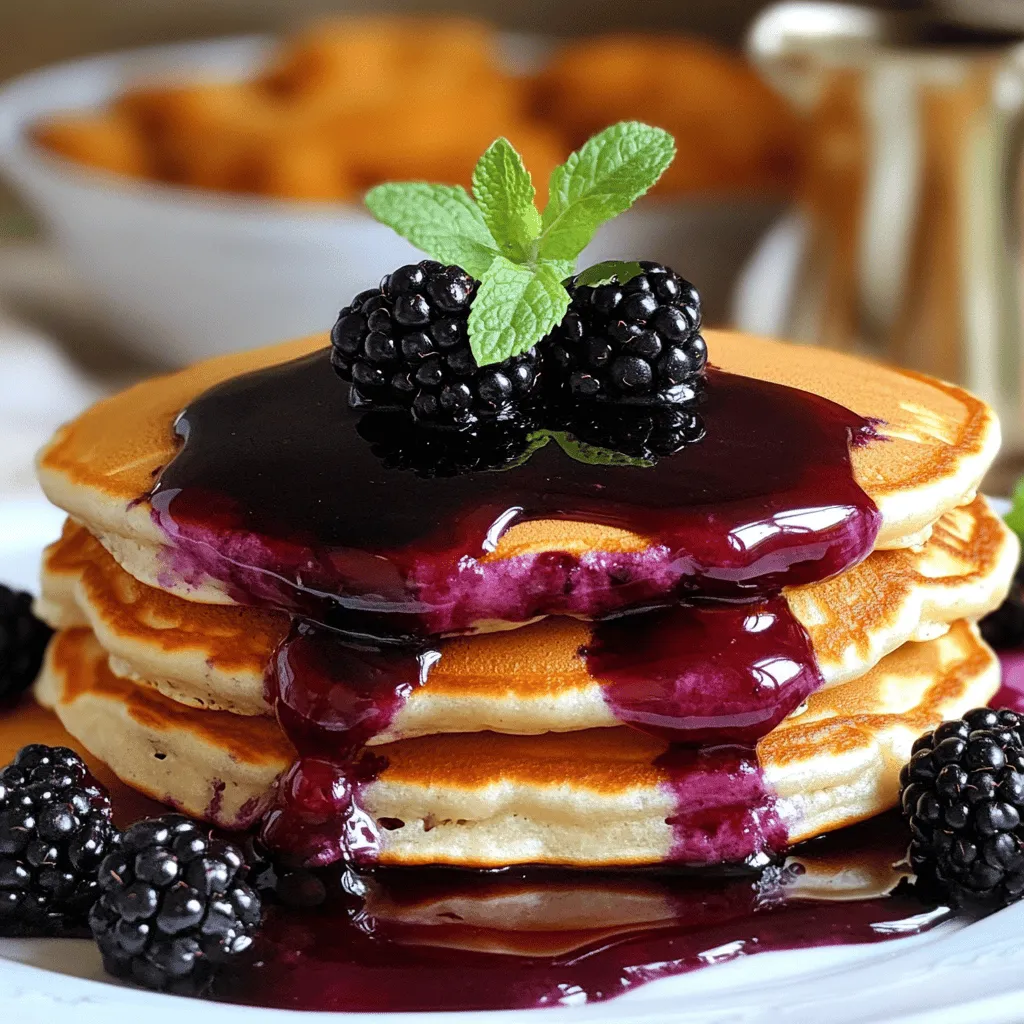 To make thick blackberry syrup, gather these simple ingredients: - 2 cups fresh blackberries (or use frozen blackberries that have been thawed) - 1 cup granulated sugar - 1/4 cup water - 1 tablespoon freshly squeezed lemon juice - 1 tablespoon cornstarch mixed with 2 tablespoons water (this will be your thickening slurry) - A pinch of salt If you don't have blackberries, try using raspberries or blueberries. Both fruits offer a sweet flavor. For sugar, you can use honey or maple syrup for a different taste. Cornstarch can be swapped with arrowroot powder or tapioca starch for thickening. When picking fresh blackberries, look for ones that are plump and shiny. They should smell sweet and have no soft spots. If you choose frozen blackberries, ensure they are unsweetened. Thaw them before use to achieve the best texture for your syrup. To make thick blackberry syrup, start by adding blackberries, sugar, water, and lemon juice to a medium saucepan. Place this over medium heat and stir. In about 5 minutes, the blackberries will start to release their juices. You will see a nice mix forming. When it simmers, take a potato masher or fork and mash the blackberries gently. This helps release more juice while keeping some whole for texture. Let it simmer for another 5 to 7 minutes, stirring often. You want it to thicken a bit. Next, mix cornstarch with 2 tablespoons of water in a small bowl. Make sure it is smooth and lump-free. Gradually add this slurry to your simmering mixture while stirring constantly. Keep it on the heat for another 2 to 3 minutes until the syrup reaches your desired thickness. If it gets too thick, just add a splash of water to loosen it up. Once it thickens, take the saucepan off the heat and stir in a pinch of salt. This adds a great flavor boost! Allow the syrup to cool before transferring it to a clean jar. Mashing blackberries can be tricky, but it’s key for great syrup. Use a potato masher for best results. Apply gentle pressure to break the berries without turning them into mush. If you don’t have a masher, a fork works too. Just be careful not to over-mash; you want some berry pieces left for texture. If your blackberries are a bit firm, let them warm a little on the stove before mashing. This will soften them and make the process easier. Enjoy the sweet aroma as you mash; it’s part of the fun! Achieving the right thickness for your syrup is simple. The cornstarch slurry is your best friend here. It thickens the syrup nicely without altering the flavor. Be sure to mix it well to avoid lumps. As it simmers, keep an eye on the consistency. If you prefer a thicker syrup, let it cook a bit longer. If it’s too thick, add a small amount of water. Taste it as you go; you want it to be just right for your pancakes! This thick blackberry syrup is perfect for drizzling over pancakes. You can find the full recipe above for all the details. Enjoy your cooking! Drizzling thick blackberry syrup over pancakes is a must! The sweet, tart flavor pairs well with the fluffy texture of the pancakes. For a fun twist, add slices of banana or a dollop of whipped cream on top. You can also sprinkle some chopped nuts for a crunchy touch. This makes each bite exciting and full of flavor. Want to boost the taste? Add a splash of vanilla extract to the syrup while it simmers. It brings warmth and depth to the syrup. You can also mix in a bit of cinnamon for a cozy feel. If you like a bit of heat, try a dash of cayenne pepper. This adds a surprising kick! One common mistake is not mashing the blackberries enough. Make sure to mash them well to get all the juice out. Another mistake is adding too much cornstarch at once. Always mix it with water first to avoid lumps. Lastly, be careful not to boil the syrup too hard. A gentle simmer is best for thickening without burning. Keeping these tips in mind will help you make a perfect syrup every time. {{image_4}} You can swap blackberries for many fruits. Raspberries, strawberries, or blueberries work well. Each fruit gives a different taste. For example, raspberry syrup has a tart kick. Strawberry syrup is sweet and fruity. Just follow the same steps in the Full Recipe. You can enjoy various flavors with ease. If you want a healthier syrup, try using honey or maple syrup instead of sugar. These options add natural sweetness. You can also use a sugar substitute like stevia. Just remember, these alternatives may change the taste slightly. Adjust the amount based on your preference. Keep the rest of the recipe the same for a delicious result. Adding spices to your syrup can create unique flavors. Consider cinnamon or nutmeg for warmth. A dash of ginger can add a nice kick. Start with a small amount and taste as you go. You can blend spices into the cooking process. This way, the flavors mix well with the fruit. Get creative and find your favorite spice blend! Storing your thick blackberry syrup is easy. First, let the syrup cool completely. This prevents condensation from forming in your container. Use a clean jar or airtight container. Glass jars work best as they don't absorb flavors. Always label your jar with the date. This way, you’ll know how long it has been stored. Your thick blackberry syrup will last in the fridge for about two weeks. If you want to keep it longer, freeze it. Pour the syrup into ice cube trays for easy use. Once frozen, transfer the cubes to a freezer bag. This way, you can take out just what you need. Properly stored, frozen syrup can last up to six months. Choose containers that seal tightly. Glass jars with lids are great for fridge storage. For freezing, use freezer-safe bags or silicone molds. Make sure to leave some space in the container. Syrup expands when frozen. These tips will help keep your syrup fresh and tasty! You can skip the cornstarch by using chia seeds. Chia seeds absorb liquid and thicken your syrup. Use about 2 tablespoons of chia seeds. Add them to the blackberry mixture after mashing. Let it sit for a few minutes. The seeds will swell and thicken the syrup naturally. This method also adds a bit of fiber. Yes, you can! Raspberries, blueberries, or strawberries work well too. Each berry brings its unique flavor. If you use strawberries, you may want to cut them into smaller pieces. This helps them break down faster. Just keep the same proportions in the recipe for a balanced taste. Mixing berries can also create a fun flavor twist. Watch for a nice, syrupy consistency. It should coat the back of a spoon. If you run your finger through it, the line should stay clear. If it's too thin, let it simmer longer. You can always adjust it by adding a splash of water if it gets too thick. Just keep stirring to ensure even thickness. This blog post covered how to make thick blackberry syrup. We looked at key ingredients, including substitutions and tips for choosing blackberries. Then, we detailed the cooking process, ensuring you can mash and thicken the syrup just right. I shared serving ideas and common mistakes to avoid. We explored variations, like using other fruits and healthy options. Lastly, I provided storage advice to keep your syrup fresh. Enjoy your delicious syrup! It will elevate any dish.