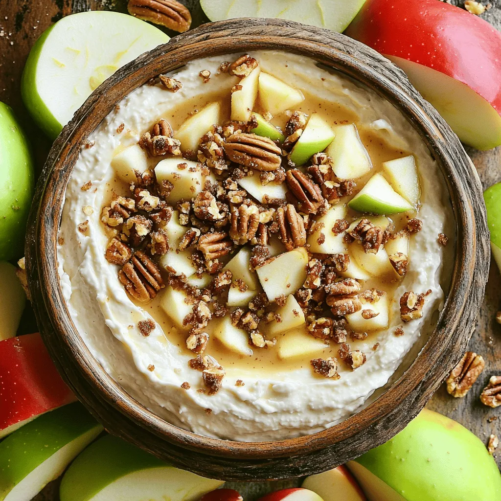 To make this dip, you need a few key ingredients: - 2 large apples (such as Fuji or Granny Smith), cored and sliced into wedges - 1 cup cream cheese, brought to room temperature for easy mixing - 1/2 cup packed brown sugar for a rich sweetness - 1/4 cup powdered sugar to achieve the perfect creamy texture - 1 teaspoon pure vanilla extract for a hint of warmth - 1/2 cup toffee bits (and a little extra for topping) to add crunch and flavor These ingredients work together to create a rich and creamy dip that you will love. The apples add crispness, while the toffee bits give a sweet crunch. You can make your dip even better with some nice garnishes: - 1/4 cup crushed pecans or walnuts (optional, for garnish and added crunch) - Extra toffee bits for a sweet touch Adding these garnishes makes your dip look more inviting and adds more flavor. Before you start, gather these tools: - A medium mixing bowl - A hand mixer for easy blending - A spatula for folding and serving - A pretty serving dish to display your dip Having the right tools will make your dip-making process smooth and fun. You can find the full recipe for more details! Start by taking your cream cheese out of the fridge. Let it sit until it is room temperature. This makes it easier to mix. In a medium bowl, use a hand mixer to blend the cream cheese. Mix until it is smooth and creamy. You want to avoid any lumps. A good base is key for your dip. Next, it’s time to sweeten up the mix. Gradually add in the brown sugar and powdered sugar. Keep the mixer on low speed as you mix. This helps everything blend evenly. You want a sweet and creamy base that tastes just right. Now, let’s add some flavor! Carefully fold in the vanilla extract and toffee bits. Use a spatula for this step. Mixing gently ensures the toffee bits spread throughout. This adds great crunch and flavor in every bite. Once you mix it all together, it’s ready to serve. For the full recipe, check the earlier section. Enjoy your rich and creamy Apple Toffee Dip! To get a smooth and creamy dip, start with room-temperature cream cheese. Cold cream cheese can create lumps. Use a hand mixer to blend it well until it’s soft. Gradually add the sugars. Mixing on low speed helps keep the texture light. Make sure to scrape the sides of the bowl while mixing. This ensures that no lumps remain. For a great look, serve the dip in a beautiful bowl. You can arrange apple slices in a circle around the dip. It makes the dish inviting. Add small spoons next to the dip for easy serving. You can also include graham crackers or pretzels for variety. These add fun textures and flavors to the mix. If you have leftovers, store them in an airtight container. This keeps the dip fresh for up to three days. When ready to enjoy again, you can mix it lightly. This helps restore its creamy texture. If it looks a bit thick, you can add a splash of milk to loosen it up. Enjoy your dip again without losing quality! {{image_4}} You can use many kinds of apples in this dip. Fuji apples are sweet and crisp. Granny Smith apples add a nice tartness that works well with the dip's creaminess. Honeycrisp apples offer a juicy and sweet bite. If you want a softer texture, try Red Delicious. Each apple type brings its own taste to the party. Mix and match for fun flavors! While apple slices are classic, there are other tasty options. Graham crackers provide a sweet crunch that pairs well with the dip. Pretzels add a salty twist, which is a great contrast to the sweet dip. You can also use sliced pears or bananas for a different fruit flavor. Even mini cookies can make a fun addition. Get creative and let your guests choose! Enhancing your dip can take it to the next level. Try adding a pinch of cinnamon for warmth. A bit of nutmeg also gives it a nice fall flavor. If you love chocolate, mix in some mini chocolate chips or drizzle melted chocolate on top. For a nutty flavor, add chopped pecans or walnuts into the mix. These small changes can make a big difference in taste. For the complete recipe, check out the Full Recipe. To keep your Apple Toffee Dip fresh, store it in an airtight container. This helps avoid drying out and keeps flavors intact. Make sure the container is clean and dry before adding the dip. Avoid using metal containers, as they can react with the sugars. When stored properly, Apple Toffee Dip lasts about 3 to 5 days in the fridge. Be sure to check for any changes in smell or texture before serving. If it looks or smells off, it’s best to toss it. You can freeze Apple Toffee Dip, but the texture may change once thawed. To freeze, place the dip in a freezer-safe container, leaving some space at the top. This allows for expansion. It lasts up to 2 months in the freezer. To use, thaw it in the fridge overnight, then stir well before serving. For the best taste, use the dip fresh whenever possible. For the full recipe, check out the earlier section. You can dip many yummy things in Apple Toffee Dip. Fresh apple slices work best. They add a nice crunch and sweet flavor. You can also try graham crackers for a different taste. Pretzels give a salty twist that pairs well too. For a fun surprise, consider dipping bananas or strawberries. Each option offers a new flavor, making your party even better! Yes, you can prepare Apple Toffee Dip ahead of time. Make it a day before your event for ease. Just store it in the fridge in an airtight container. When ready to serve, take it out and let it sit for a few minutes. This helps bring back its creamy texture. If needed, stir it gently before serving for a smooth finish. You can make Apple Toffee Dip a bit healthier with easy swaps. Use low-fat cream cheese for a lighter option. You can also try using honey instead of brown sugar to cut down on refined sugar. Another idea is to add more nuts for healthy fats. Just remember, these changes might alter the taste slightly. Enjoy experimenting until you find your favorite version! Apple toffee dip is a fun and tasty treat. We covered key ingredients, easy steps, and handy tips. You learned how to make it creamy and delicious. Explore variations and storage options to keep it fresh. This dip suits many occasions, from parties to snacks. Now, you can enjoy it with different fruits and flavors. It's simple to whip up and will impress your friends. Give it a try, and have fun!