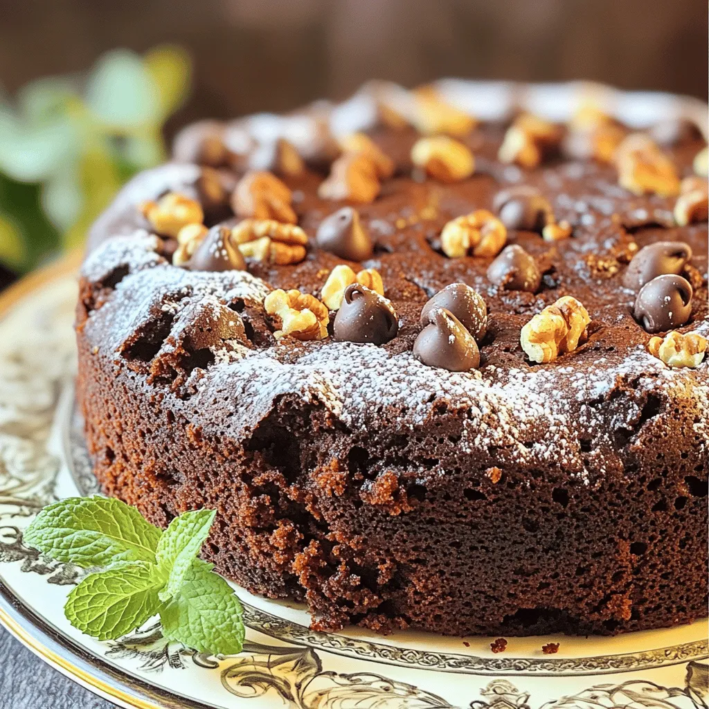 To make this cake, you need fresh and simple ingredients. Here’s what you will need: - 1 ½ cups finely grated zucchini (about 1 medium-sized zucchini) - 1 cup all-purpose flour - 1 cup granulated sugar - ⅓ cup unsweetened cocoa powder - 1 teaspoon baking soda - ½ teaspoon baking powder - ¼ teaspoon salt - ½ cup vegetable oil - 2 large eggs - 1 teaspoon pure vanilla extract - ½ cup semi-sweet chocolate chips (optional) - ½ cup finely chopped walnuts or pecans (optional) These ingredients come together to create a rich and moist cake. The zucchini keeps it tender and adds a subtle flavor. You can customize your cake with some tasty add-ins. Consider these options: - ½ cup semi-sweet chocolate chips for extra chocolatey goodness. - ½ cup chopped walnuts or pecans for a crunchy bite. - A teaspoon of cinnamon for a warm, cozy flavor. - A splash of espresso for a deeper chocolate taste. Feel free to mix and match these to suit your taste. If you need to swap some ingredients, here are a few ideas: - Use whole wheat flour instead of all-purpose flour for a healthier option. - Substituting coconut oil for vegetable oil adds a hint of coconut flavor. - For a dairy-free option, use flax eggs instead of regular eggs. Just mix 1 tablespoon of ground flaxseed with 2.5 tablespoons of water for each egg. These swaps can change the cake's texture or flavor, so try them out! For the full recipe, check the previous section. Start by preheating your oven to 350°F (175°C). This temperature helps the cake rise well. Next, take a 9x5-inch loaf pan. Grease it with butter or oil. You can also use parchment paper to line the pan. This makes it easy to remove the cake later. In a large bowl, add the following dry ingredients: - 1 cup all-purpose flour - 1 cup granulated sugar - ⅓ cup unsweetened cocoa powder - 1 teaspoon baking soda - ½ teaspoon baking powder - ¼ teaspoon salt Whisk these together until they blend well. Make sure there are no lumps. This mix gives the cake its nice texture and flavor. In another bowl, combine these wet ingredients: - 1 ½ cups finely grated zucchini - ½ cup vegetable oil - 2 large eggs - 1 teaspoon pure vanilla extract Whisk them together until smooth. This mixture keeps the cake moist and adds a slight sweetness. Now, pour the wet zucchini mixture into the dry ingredients. Gently stir them together. Do this until just combined. It's okay if there are a few lumps. Overmixing can make the cake tough, which we want to avoid. If you like, add in any extras now, such as: - ½ cup semi-sweet chocolate chips (optional) - ½ cup chopped walnuts or pecans (optional) Once you fold these in, pour the batter into your greased loaf pan. Spread it evenly. Place the pan in the oven. Bake for 50-60 minutes. Use a toothpick to check for doneness. It should come out clean or with a few crumbs. After baking, let the cake cool in the pan for about 10 minutes. Then, gently transfer it to a wire rack. This allows it to cool completely. When ready, you can dust it with powdered sugar or drizzle melted chocolate on top. Serve it with a scoop of vanilla ice cream for a tasty treat. For the complete recipe, check the Full Recipe section. To get a moist cake, use finely grated zucchini. This adds moisture without making the cake soggy. Squeeze out some excess liquid, but not all. Aim for about 1 ½ cups of grated zucchini from one medium zucchini. The zucchini blends well with the batter, creating a soft texture. It’s a great way to sneak in some veggies too! Many bakers make simple mistakes. Here are a few to watch out for: - Overmixing: Mix just until combined. A few lumps in the batter are okay. - Wrong oven temp: Always preheat your oven to 350°F (175°C). This ensures even baking. - Not checking doneness: Use a toothpick to check if the cake is done. It should come out clean or with a few moist crumbs. Toppings can take your cake to the next level. Here are some ideas: - Powdered sugar: A light dusting adds sweetness and looks great. - Chocolate drizzle: Melt some chocolate and drizzle over the cooled cake for a rich touch. - Nuts: Add chopped walnuts or pecans for crunch. It gives a nice contrast to the soft cake. These tips will help you create a delicious Easy Chocolate Zucchini Cake. For the full recipe, check out the complete instructions! {{image_4}} To make this cake gluten-free, swap the all-purpose flour for a gluten-free blend. Many blends work well, so choose one that you like. Make sure it has a good texture and taste. You can add a bit of xanthan gum if your blend does not include it. This helps with the cake’s structure. The rest of the recipe stays the same. You still get that rich chocolate flavor and moist texture. If you prefer a vegan version, replace the eggs with flax eggs. To make a flax egg, mix 1 tablespoon of ground flaxseed with 2.5 tablespoons of water. Let it sit for about 5 minutes. You can also use applesauce or mashed bananas instead. For the oil, use melted coconut oil or applesauce for less fat. Check the cocoa powder to ensure it is dairy-free. This way, you can still enjoy a tasty, chocolatey cake without any animal products. Feel free to get creative with spices! In fall, add cinnamon and nutmeg for a warm flavor. In spring, try adding a hint of cardamom for a fresh taste. You can even mix in some cocoa nibs for a chocolate crunch. Seasonal spices can change the cake’s vibe while keeping it moist and sweet. You can also experiment with citrus zest, like orange or lemon, to brighten the flavors. Each variation opens up new ways to enjoy this cake! To keep your Easy Chocolate Zucchini Cake fresh, store it in an airtight container. This helps to lock in moisture and flavor. You can leave it at room temperature for up to two days. If you want to keep it longer, place it in the fridge. It will stay good for about a week in the fridge. Just make sure to wrap it well if you do this. You can freeze this cake to enjoy later. First, let it cool completely. Then, wrap it tightly in plastic wrap and aluminum foil. This helps prevent freezer burn. You can freeze it for up to three months. When you are ready to eat it, just thaw it in the fridge overnight or leave it at room temperature for a few hours. To reheat your cake, use the oven instead of the microwave. Preheat your oven to 350°F (175°C). Place a piece of the cake on a baking sheet and cover it loosely with foil. Heat for about 10-15 minutes, or until warm. This method keeps the cake moist and delicious. Avoid using the microwave, as it can dry out the cake. For a special treat, serve it warm with ice cream or chocolate sauce! Yes, you can use other squash types. Yellow squash works well. It has a similar texture and flavor. Other squash may change the taste a bit. Experiment to find what you like best! Check the cake at 50 minutes with a toothpick. Insert it in the middle. If it comes out clean or has a few crumbs, it's ready. If not, let it bake for a few more minutes. This helps you avoid a gooey center. This cake goes great with whipped cream or ice cream. You can also pair it with fresh berries for a burst of flavor. A drizzle of chocolate sauce adds a nice touch too. These options make your dessert even more special. When stored in an airtight container, it lasts about 3 to 5 days. Keep it in a cool spot or the fridge for freshness. If you want it to last longer, consider freezing it. This way, you can enjoy it later! Absolutely! Adding more chocolate chips makes the cake richer and more decadent. Try adding up to 1 cup for a chocolate lover's dream. Just remember, balance is key for the best taste! You learned how to make an Easy Chocolate Zucchini Cake. We covered main ingredients, optional add-ins, and substitutions. I shared step-by-step instructions for mixing and baking. You also gained tips on moisture, common mistakes, and flavor enhancement. Variations for gluten-free and vegan diets are included. For storage, I provided best practices and reheating tips. With these tools, you can confidently bake a delicious cake. Enjoy your baking journey!