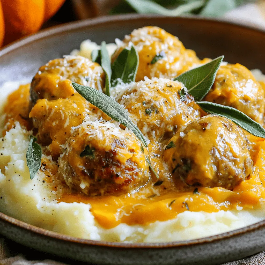 For this dish, you need some key items. First, grab 1 pound of ground turkey. This gives you a lean base for your meatballs. You will also need ½ cup of breadcrumbs, preferably Italian-style. These add texture and flavor. Don’t forget ¼ cup of grated Parmesan cheese for richness. You’ll also need ¼ cup of fresh parsley, finely chopped, for a fresh touch. One large egg, beaten, helps bind the mixture. Also, have 2 cloves of garlic, minced, and 1 teaspoon of onion powder ready. Season with salt and freshly cracked black pepper to taste. For the sauce, you’ll need 1 can (15 oz) of pumpkin puree. This is the star of the dish. You also want 1 cup of low-sodium chicken broth and ½ cup of heavy cream for creaminess. Finally, get 1 tablespoon of fresh sage, chopped, or 1 teaspoon of dried sage. Olive oil is needed for frying the meatballs. The seasonings play a huge role in this dish. The garlic and onion powder bring depth to the meatballs. Salt and pepper enhance all the flavors. The sage is key to the sauce, giving it a warm, herbal note. If you want extra flavor, consider adding a pinch of nutmeg to the sauce. It pairs well with pumpkin. To make this dish, you need some basic kitchen tools. Start with a large mixing bowl for combining ingredients. A sturdy skillet helps cook the meatballs evenly. Use a spatula to turn the meatballs without breaking them. A measuring cup and spoons ensure you get the right amounts. Finally, have a spoon ready for tasting and adjusting the sauce. For the complete recipe, check out the Full Recipe link. Start with a large bowl. Add 1 pound of ground turkey. Then, mix in ½ cup of breadcrumbs. Use Italian-style breadcrumbs for more taste. Next, add ¼ cup of grated Parmesan cheese. This adds richness to the meatballs. Toss in ¼ cup of finely chopped fresh parsley. It gives a nice color and flavor. Now, crack 1 large egg into the bowl and beat it first. This helps bind the meatball mixture. Next, add 2 cloves of minced garlic and 1 teaspoon of onion powder. Don’t forget salt and pepper to taste. Use your hands to mix everything well. Make sure there are no dry spots. Then, shape the mixture into meatballs about 1 inch in size. Make them compact so they hold together. Grab a large skillet and heat it over medium heat. Drizzle a bit of olive oil in the pan. Wait until the oil is hot and shimmering. Then, place the meatballs in the skillet. It’s best to do this in batches. Avoid crowding the pan. Cook the meatballs for about 7-10 minutes. Turn them often until they are golden brown on all sides. Once done, remove the meatballs and set them aside on a plate. In the same skillet, lower the heat. Add 1 can of pumpkin puree. Next, pour in 1 cup of low-sodium chicken broth. This gives the sauce a nice base. Stir in ½ cup of heavy cream for creaminess. Add 1 tablespoon of chopped fresh sage. If you don't have fresh sage, 1 teaspoon of dried sage works too. Mix well and scrape any brown bits from the bottom of the pan. Bring the sauce to a gentle simmer. Carefully place the cooked meatballs back into the skillet. Nestle them into the pumpkin sage sauce. Cover the skillet and let them simmer. Cook for another 10-15 minutes. This helps the meatballs soak up the sauce's flavor. Check if they are cooked through. Taste the sauce and adjust salt and pepper if needed. You can find the full recipe to guide you through every step. To make sure your meatballs cook well, I recommend a few steps. First, keep the size uniform, about one inch wide. This helps them cook evenly. Next, avoid overcrowding the pan when frying. Cook in batches if needed. This way, they get a nice brown crust and stay juicy inside. Lastly, check the internal temperature with a meat thermometer. They should reach 165°F for safe eating. Your sauce should be creamy and smooth. If it feels too thick, add a bit more chicken broth. If it’s too thin, let it simmer longer to thicken up. Taste as you go! Adjust the flavor with more salt, pepper, or sage if you like. The blend of pumpkin and sage creates a warm, earthy taste that pairs well with turkey. Serve your turkey meatballs on a plate with a generous scoop of sauce. For a nice touch, place them over creamy mashed potatoes or pasta. Sprinkle extra grated Parmesan cheese on top for flavor and a pop of color. A fresh parsley leaf can brighten up the dish. This makes it look fancy, even though it’s easy to prepare. For the full recipe, check out the section above. {{image_4}} You can change up the meatballs for fun. Try using ground chicken or beef instead of turkey. If you want a twist, add some chopped spinach or grated zucchini in the mix. This adds nutrients and keeps the meatballs moist. For a burst of flavor, mix in some feta or mozzarella cheese. When fall hits, you can add seasonal spices like nutmeg or cinnamon to the sauce. These spices bring warmth to the dish. In spring, swap pumpkin for butternut squash. It gives a fresh taste and pairs well with sage. You can also mix in some caramelized onions for a rich flavor. Pair these meatballs with creamy mashed potatoes for comfort. Twirled pasta is another great choice to soak up the sauce. You could also serve them over rice for a filling meal. For a lighter touch, try a side salad with mixed greens. This adds crunch and freshness to your plate. For the full recipe, check the details above. Enjoy your cooking! You can store leftover turkey meatballs in pumpkin sage sauce in an airtight container. Make sure to cool them first. They stay fresh in the fridge for about 3 to 4 days. When storing, keep the sauce with the meatballs to keep them moist. To reheat, use the stovetop or microwave. If using the stovetop, warm on low heat. Stir gently until the meatballs are hot throughout. In the microwave, cover the dish with a paper towel to prevent splatter. Heat in short bursts, checking often. This method helps keep the meatballs tender. Freezing is great for longer storage. Place the meatballs and sauce in a freezer-safe container. They keep well for up to 3 months. When you’re ready to eat, thaw in the fridge overnight. Reheat them on the stovetop for the best taste. Enjoy your meal even on busy days by prepping ahead! You can find the full recipe above. To make Turkey Meatballs in Pumpkin Sage Sauce, follow these simple steps. First, mix ground turkey, breadcrumbs, Parmesan cheese, parsley, egg, garlic, onion powder, salt, and pepper in a bowl. Use your hands to mix well. Next, shape the mixture into meatballs, about one inch wide. Heat olive oil in a skillet over medium heat. Cook the meatballs for 7-10 minutes until golden brown. Then, add pumpkin puree, chicken broth, heavy cream, and sage to the same skillet. Stir it well and simmer gently. Finally, return the meatballs to the sauce and let everything cook for another 10-15 minutes. You can find the complete instructions in the Full Recipe. Yes, you can. Ground turkey can be swapped with ground chicken or lean beef. Both options will work well in this recipe. Just keep in mind that the flavors may change slightly. Ground chicken will be light and mild, while beef offers a richer taste. You can also try ground pork for a different twist. Turkey meatballs pair nicely with many sides. You can serve them over creamy mashed potatoes or twirled pasta for a hearty meal. Another great option is to enjoy them with roasted vegetables or a fresh salad. For a festive touch, serve the meatballs with crusty bread to soak up all the delicious sauce. To check if the meatballs are done, use a meat thermometer. The internal temperature should reach 165°F (74°C). If you don't have a thermometer, cut one meatball in half. It should be no longer pink inside, and the juices should run clear. Cooking them in the pumpkin sage sauce will also help ensure they are fully cooked and flavorful. You now have all the tools to make great Turkey Meatballs in Pumpkin Sage Sauce. We covered main ingredients, seasonings, and key tools. I shared step-by-step instructions and tips for perfect cooking. Don’t forget the variations for fun twists, and I explained how to store leftovers. Enjoy your cooking! This dish is perfect for sharing and impressing friends. You will love how easy it is to make!