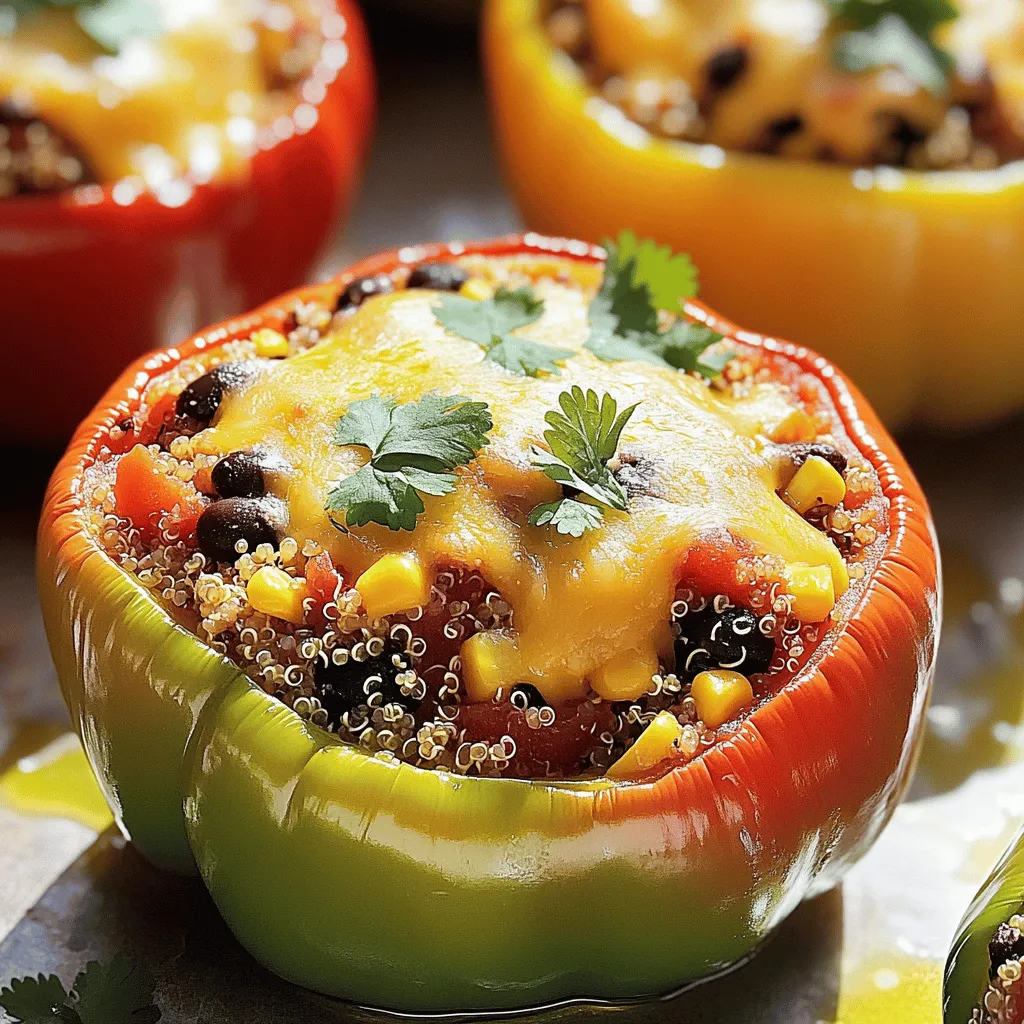 When making easy stuffed bell peppers, you'll need fresh and wholesome ingredients. Here’s what I use: - 4 large bell peppers (mixed colors) - 1 cup cooked quinoa or rice - 1 can black beans (15 oz), drained and rinsed - 1 cup sweet corn kernels - 1 cup diced tomatoes - 1 teaspoon ground cumin - 1 teaspoon chili powder - 1/2 teaspoon garlic powder - 1/2 teaspoon onion powder - Salt and black pepper to taste - 1 cup shredded cheese - Fresh cilantro for garnish - Olive oil for drizzling These ingredients bring flavor and nutrition to each bite. The bell peppers serve as a vibrant vessel for the filling, while quinoa or rice adds heartiness. Black beans and corn give a nice texture and sweetness, making every mouthful delightful. Spices like cumin and chili powder add warmth and depth. Feel free to adjust these ingredients based on your taste. You can find the full recipe below to see how it all comes together! Set your oven to 375°F (190°C). This step is key for cooking the peppers evenly. Preheating ensures they bake just right. Slice the tops off the bell peppers. Remove the seeds and membranes carefully. Drizzle a little olive oil inside each pepper. This adds flavor and helps with cooking. In a large bowl, combine 1 cup of cooked quinoa, 1 can of black beans, 1 cup of sweet corn, and 1 cup of diced tomatoes. Add 1 teaspoon of ground cumin, 1 teaspoon of chili powder, 1/2 teaspoon of garlic powder, 1/2 teaspoon of onion powder, and a pinch of salt and black pepper. Mix well to blend all the flavors. Using a spoon, fill each pepper tightly with the mixture. Mound it a bit at the top for a nice look. Place the stuffed peppers upright in a baking dish. If they wobble, cut a small slice off the bottom for balance. Cover the baking dish with aluminum foil. This keeps the peppers moist while they cook. Bake for 25 minutes. After that, take off the foil and bake for another 10-15 minutes. The cheese should be bubbly and golden. Let the peppers cool for a few minutes. Sprinkle 1 cup of shredded cheese on top of each. Before serving, add some chopped cilantro for a fresh touch. Enjoy your easy stuffed bell peppers! For full details on this recipe, check the Full Recipe above. - Choose bell peppers that are similar in size. This helps them cook evenly. - For more protein, mix in some cooked ground meat like turkey or beef. It makes the dish heartier. - Drizzle a bit of olive oil or fresh lime juice on top before serving. It adds a nice shine and flavor. - Serve the peppers on a colorful plate. Adding fresh salad greens around them makes the dish look bright and fresh. - Make sure to pack the filling tightly into each pepper. If you don’t, they may fall apart. - Watch your cooking time. Overcooking can make peppers mushy, while undercooking leaves them crunchy. Aim for that perfect tender bite! {{image_4}} You can easily change the filling of your stuffed peppers. Swap quinoa for fluffy rice or even try couscous. This gives you a different texture and taste. You can also add chopped vegetables like zucchini or mushrooms. Mixing in different beans, like kidney or pinto, adds more protein and flavor. If you want a vegan option, just leave out the cheese. You can find plant-based cheese that melts well. For gluten-free stuffed peppers, use grains like quinoa or rice. This way, everyone can enjoy this meal without worry. Spice things up by adding paprika or cayenne for a little kick. If you like heat, toss in diced jalapeños. These spices and ingredients make each bite exciting. You can also play with fresh herbs like basil or parsley to brighten the dish. Try these variations to make stuffed peppers your own. For the full recipe, check the link above. You can refrigerate leftover stuffed peppers for up to 4 days. Use an airtight container to keep them fresh. Make sure to let them cool before storing. This way, they will taste great when you heat them up later. If you want to keep your stuffed peppers longer, freeze them! Wrap each pepper in plastic wrap or foil. Place them in a freezer-safe bag. When you need a quick meal, simply reheat them. They will still taste delicious! To reheat your stuffed peppers, you can bake them in the oven or use the microwave. If you bake them, set your oven to 350°F (175°C) and heat until warm. For microwave reheating, place one pepper on a plate and cover it. Heat for about 2-3 minutes, or until hot. Enjoy your meal again! It takes about 50 minutes to cook stuffed bell peppers. The prep time is around 15 minutes. Baking the peppers takes about 35 minutes. You first preheat the oven to 375°F. This helps the peppers cook evenly and get a nice golden color. Yes, you can use other types of peppers. Green, yellow, and red bell peppers add flavor and color. Each type has its unique taste. You can also try poblano or Anaheim peppers for a different twist. Just make sure they are large enough to hold the filling. Stuffed bell peppers go well with many sides. A simple green salad adds freshness. You can also serve them with rice or quinoa for extra carbs. For a hearty meal, pair them with grilled vegetables or garlic bread. A dollop of sour cream or guacamole can enhance the flavors too. To check if the peppers are done, look for a bright color. They should be tender but not mushy. The cheese should be bubbly and golden brown on top. A fork should easily pierce through the pepper without resistance. Stuffed bell peppers are a versatile and tasty dish. We covered the essential ingredients, step-by-step instructions, and storage tips. You can customize them easily with different grains or spices. Avoid common mistakes like under-filling or overcooking. These peppers can be a healthy, fun meal for you and your family. Enjoy your cooking adventure and make it your own!