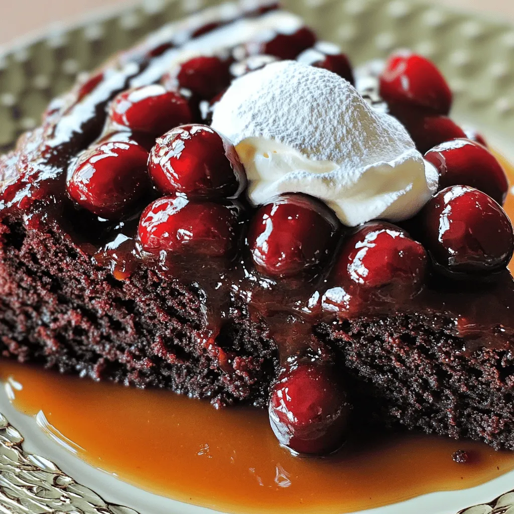 To make a rich and tasty Chocolate Cherry Upside Down Cake, you need the following ingredients: - 1 cup fresh or frozen cherries, pitted - ½ cup brown sugar, packed - ¼ cup unsalted butter - 1 cup all-purpose flour, sifted - ½ cup unsweetened cocoa powder - 1 teaspoon baking powder - ½ teaspoon baking soda - ¼ teaspoon salt - 1 cup granulated sugar - ½ cup vegetable oil - 2 large eggs, at room temperature - 1 teaspoon pure vanilla extract - ½ cup buttermilk, at room temperature This blend creates a moist cake that bursts with flavor. You can switch things up for fun! Here are some ideas: - Cherries: Use blueberries or raspberries instead for a new taste. - Sugar: Try coconut sugar or honey for a different sweetness. - Butter: Substitute with coconut oil for a dairy-free option. - Flour: Use almond or oat flour for a gluten-free cake. These variations keep the cake exciting and cater to dietary needs. When choosing cherries, look for these signs of freshness: - Color: Select deep red or almost black cherries. - Firmness: Pick cherries that feel firm, not soft. - Shine: Choose shiny cherries as they indicate freshness. If using frozen cherries, ensure they are pitted and not clumped together. Frozen cherries can work well, especially when fresh ones are out of season. Start by preheating your oven to 350°F (175°C). Grab a 9-inch round cake pan and lightly grease it with butter or non-stick spray. This will help the cake come out easily later. Next, take a small saucepan and melt ¼ cup of unsalted butter over medium heat. Once melted, add ½ cup of packed brown sugar. Stir this mix until it bubbles slightly. Pour this caramel-like mixture into the bottom of the pan. This creates a sweet layer for the cherries. Now it's time for the dry ingredients. In a medium bowl, whisk together 1 cup of all-purpose flour, ½ cup of unsweetened cocoa powder, 1 teaspoon of baking powder, ½ teaspoon of baking soda, and ¼ teaspoon of salt. Make sure there are no lumps. In a large bowl, mix 1 cup of granulated sugar and ½ cup of vegetable oil. Use an electric mixer on medium speed until this mix is fluffy. Add 2 large eggs, one at a time, mixing well after each. Stir in 1 teaspoon of pure vanilla extract for flavor. Next, alternate adding the dry mix and ½ cup of buttermilk to your wet ingredients. Start and end with the dry mix. Stir gently until just combined to keep the cake light. Pour the cake batter over the cherries in the pan, using a spatula to spread it evenly. Now, transfer the pan to the oven and bake for 30-35 minutes. Check doneness by inserting a toothpick in the center; it should come out clean. After baking, let the cake cool in the pan for about 10 minutes. Run a knife around the edges. Carefully invert the cake onto a serving platter, so the cherries are now on top. For the complete list of ingredients and detailed instructions, check out the Full Recipe. This cake serves eight and takes about 50 minutes to make. Enjoy the rich chocolate and tart cherries in every bite! Baking can be tricky. Here are key mistakes to watch for: - Overmixing the batter: This makes the cake dense. Mix until just combined. - Not measuring ingredients correctly: Use measuring cups for accuracy. - Skipping the preheat: Always preheat the oven. It helps the cake rise evenly. You want a soft and moist cake. Follow these tips: - Use room temperature eggs and buttermilk: This ensures better mixing. - Sift dry ingredients: This adds air and helps prevent lumps. - Don’t overbake: Check the cake at 30 minutes. It should spring back when touched. Even baking gives you a great cake. Here’s how to do it: - Use the right pan size: A 9-inch round pan works best. - Position the rack in the center: This allows for even heat circulation. - Rotate the pan halfway through baking: This helps avoid hot spots in the oven. These tips will help you make a chocolate cherry upside down cake that impresses. For the full recipe, check the full recipe section. {{image_4}} You can switch up the cherries for other fruits. Try using sliced peaches, pineapples, or blueberries. Each fruit brings its own flavor. Peaches add a sweet and juicy taste. Pineapples give a tropical flair. Blueberries offer a burst of tartness. Using different fruits can change the cake's entire vibe. For a gluten-free version, swap all-purpose flour for almond or coconut flour. These flours add a nutty flavor. You can also use gluten-free baking blends. For a healthier cake, cut down on sugar. Use honey or maple syrup instead. You can also replace vegetable oil with applesauce for moisture. Want to spice things up? Add a splash of almond extract or a sprinkle of cinnamon to the batter. These flavors pair well with chocolate and cherries. You can also fold in chopped nuts for crunch. Adding espresso powder boosts the chocolate flavor too. For a fun twist, mix in some orange zest for brightness. Make sure to check out the Full Recipe for all the details! To keep your Chocolate Cherry Upside Down Cake fresh, wrap it tightly in plastic wrap. You can also place it in an airtight container. Store it at room temperature for up to three days. If you want to keep it longer, the fridge is a good option, but it may dry out a bit. To freeze the cake, first allow it to cool completely. Once cooled, cut it into slices for easy serving later. Wrap each slice in plastic wrap, then place them in a freezer-safe bag. This way, you can enjoy a slice whenever you crave this rich treat. The cake will stay good in the freezer for up to three months. When you are ready to enjoy your frozen cake, take it out and let it thaw in the fridge overnight. For a warm slice, you can reheat it in the microwave for about 15-20 seconds. If you prefer a crispier texture, heat it in the oven at 350°F (175°C) for about 10 minutes. This will make the cake taste fresh and delicious again. Yes, you can use many fruits in this cake. Pineapple, peaches, or berries are great choices. Each fruit adds its own flavor. Choose fresh or canned fruit, but drain canned fruit well. Experimenting with flavors makes baking fun. If you don't have buttermilk, don't worry! You can use milk with vinegar or lemon juice. Just add one tablespoon of vinegar or lemon juice to a cup of milk. Let it sit for five minutes. This will give you a similar tangy flavor. This cake stays fresh for about three days at room temperature. Keep it covered with plastic wrap or in an airtight container. You can also store it in the fridge for a week. Just make sure to cover it well to keep it moist. To boost the chocolate flavor, add more cocoa powder. Try adding an extra ¼ cup to the batter. You can also use chocolate chips. Mix in about a half cup of semi-sweet or dark chocolate chips for extra richness. This cake pairs well with whipped cream or vanilla ice cream. The creaminess balances the rich chocolate and tart cherries. You can also serve it with a drizzle of chocolate sauce for added sweetness. A sprinkle of nuts can add a nice crunch too. This cake is unique because of its rich chocolate base. Most upside-down cakes are vanilla or spice-based. The chocolate adds a deep flavor that pairs perfectly with the sweet cherries. The combination makes it a special dessert for chocolate lovers. For the full recipe, check out the details above. Chocolate Cherry Upside Down Cake is a delight. We covered key ingredients like cherries and chocolate. Selecting the right cherries enhances flavor and freshness. You learned the steps to prepare, bake, and invert the cake perfectly. With tips to avoid common baking errors, you can achieve the best texture. Variations, like using other fruits or gluten-free options, add personalization. Store leftovers wisely and follow freezing tips. This cake will impress friends and family. Enjoy making this tasty treat for any occasion!