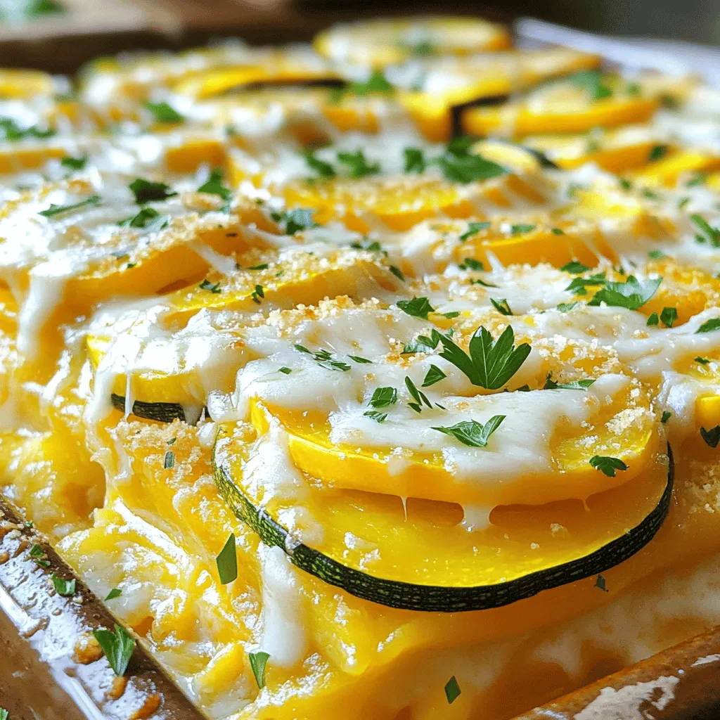 To make this tasty casserole, you will need: - 2 medium yellow squash, sliced thinly - 2 medium zucchini, sliced thinly - 1 cup shredded cheddar cheese - 1 cup shredded mozzarella cheese - 1 medium onion, finely chopped - 3 cloves garlic, minced - 1 cup heavy cream - 2 large eggs, whisked - 1 teaspoon dried oregano - 1/2 teaspoon salt - 1/2 teaspoon freshly ground black pepper - 1/4 teaspoon red pepper flakes (optional for an extra kick) - 1/4 cup grated Parmesan cheese (for a flavorful topping) - 2 tablespoons olive oil This casserole is not just delicious; it is also friendly to low-carb diets. Each serving (1/6 of the casserole) offers: - Calories: 350 - Fat: 28g - Carbohydrates: 7g - Fiber: 2g - Protein: 15g This dish packs flavor without piling on carbs or gluten. To create this mouthwatering casserole, gather the following: - A large skillet for sautéing - A mixing bowl for combining ingredients - A whisk for blending eggs and cream - A greased baking dish for the casserole - An oven to bake the dish With these tools, you can easily whip up this delightful recipe. For the complete recipe, check out the full recipe link. Start by preheating your oven to 375°F (190°C). This ensures even cooking. While your oven heats up, grab a baking dish and grease it lightly. This helps prevent sticking and makes serving easier later. Next, heat two tablespoons of olive oil in a large skillet over medium heat. Once the oil is warm, add one finely chopped onion and three minced garlic cloves. Sauté for about 3-4 minutes until the onion turns translucent. Then, add two medium yellow squash and two medium zucchini, sliced thinly. Stir and sauté for another 5-7 minutes. You want the squash tender but still a bit crisp. Remove the skillet from heat and let the mixture cool slightly. In a large mixing bowl, combine one cup of heavy cream, two large whisked eggs, one teaspoon of dried oregano, and ½ teaspoon each of salt and black pepper. If you like a little heat, add ¼ teaspoon of red pepper flakes. Whisk all these ingredients together until smooth. Now, gently fold in the cooled sautéed squash mix. Add half a cup each of shredded cheddar and mozzarella cheese, then stir until everything is well mixed. Now, transfer your mixture into the greased baking dish. Spread it evenly. Top it with the remaining shredded cheddar and mozzarella cheeses. Don't forget to sprinkle ¼ cup of grated Parmesan cheese on top for extra flavor. Place the dish in your preheated oven and bake for 25-30 minutes. The casserole is ready when the cheese is melted and bubbly. Let it cool for about 5 minutes before serving. Enjoy this cheesy low carb delight! For the full recipe, check out the detailed instructions and ingredient list. For the best texture, choose squash that is firm and fresh. Slice the squash thinly, around 1/4 inch. This helps them cook evenly. When sautéing, don't rush. Cook the squash until tender but not mushy. This keeps the casserole from getting watery. Another key tip is to let the sautéed vegetables cool a bit before mixing them with the cream and eggs. This prevents the heat from scrambling the eggs. If you prefer a creamier texture, add more heavy cream. You can also mix in a bit of cream cheese for richness. One common mistake is overcooking the squash. This makes it too soft and watery. Always sauté until it's just tender. Avoid using too much salt, as cheese can add saltiness. Don’t skip the step of cooling the sautéed mixture. If you mix it hot, it changes the texture of the eggs. Lastly, remember to let the casserole cool for five minutes after baking. This helps it set and makes serving easier. When choosing cheese, opt for brands labeled gluten-free. Most natural cheeses are gluten-free, but always check the label. For a rich flavor, use sharp cheddar and mozzarella. You can also try goat cheese or cream cheese for a unique twist. Nutritional yeast is a great dairy-free option that adds a cheesy taste without gluten. For the full recipe, visit the [Full Recipe] link to start cooking your delicious low carb gluten free squash casserole with cheese. {{image_4}} You can easily boost this dish's flavor and nutrition by adding protein. Cooked chicken or bacon works great. For chicken, use shredded rotisserie or grilled pieces. Mix it in with the squash before baking. If you prefer bacon, crisp it up first. Chop it and fold it in for a smoky touch. Either option makes your casserole more filling and satisfying. If you want a meatless version, consider adding more veggies. Spinach, mushrooms, or bell peppers add great taste and color. You can also use eggplant instead of squash for a different texture. Just remember to sauté these veggies first. This helps them soften and blend well with the cheese. Herbs and spices can transform your casserole. Try fresh basil or thyme for a fragrant twist. If you want heat, add jalapeños or more red pepper flakes. Experimentation is key! You can even change the cheese to feta or goat cheese for a tangy flavor. Each variation adds a unique touch to your dish. For more details, check out the Full Recipe. After enjoying your low carb gluten free squash casserole, you can store leftovers easily. Let the casserole cool down to room temperature. Then, place it in an airtight container. It will stay fresh in the fridge for up to four days. Always label the container with the date. This way, you know when to use it. To reheat your casserole, preheat your oven to 350°F (175°C). Cover the casserole with foil to keep it moist. Bake for about 15-20 minutes or until heated through. You can also microwave portions for quick reheating. Just use a microwave-safe dish and heat in short intervals until warm. You can freeze this casserole for later meals. First, let it cool completely. Then, cut it into portions. Wrap each piece tightly in plastic wrap, then place them in a freezer-safe bag. It will stay good for up to three months. When you want to enjoy it, thaw it overnight in the fridge before reheating. For a full recipe, check out the full recipe above. Yes, you can make this casserole ahead of time. Prepare the dish up to the baking step. Cover it and store it in your fridge. When ready to bake, simply preheat your oven and pop it in. You may need to add a few minutes to the cooking time. You can use alternatives like coconut cream or almond milk. For a thicker texture, try using Greek yogurt. Just keep in mind that the flavor will change slightly. This recipe is great for a low-carb diet. The main ingredients, squash and zucchini, are low in carbs. The cheese adds flavor and richness without adding too many carbs. Each serving provides a satisfying meal while keeping your carb count low. Absolutely! You can use butternut squash, acorn squash, or even spaghetti squash. Each type brings its own flavor. Just slice them thinly to ensure even cooking. Yes, you can make this casserole dairy-free. Use dairy-free cheeses and substitute heavy cream with coconut cream or almond milk. This will keep the texture creamy and delicious without dairy. For the complete recipe, check out the full recipe! This blog post covered a delicious low-carb gluten-free squash casserole. We talked about its ingredients, nutritional info, and the cooking equipment you'll need. You learned step-by-step instructions, tips for perfecting the texture, and variations to suit your taste. We also discussed how to store leftovers and answered some common questions. I hope you feel ready to try this tasty recipe. With these skills, you’ll create a nourishing meal that everyone can enjoy!