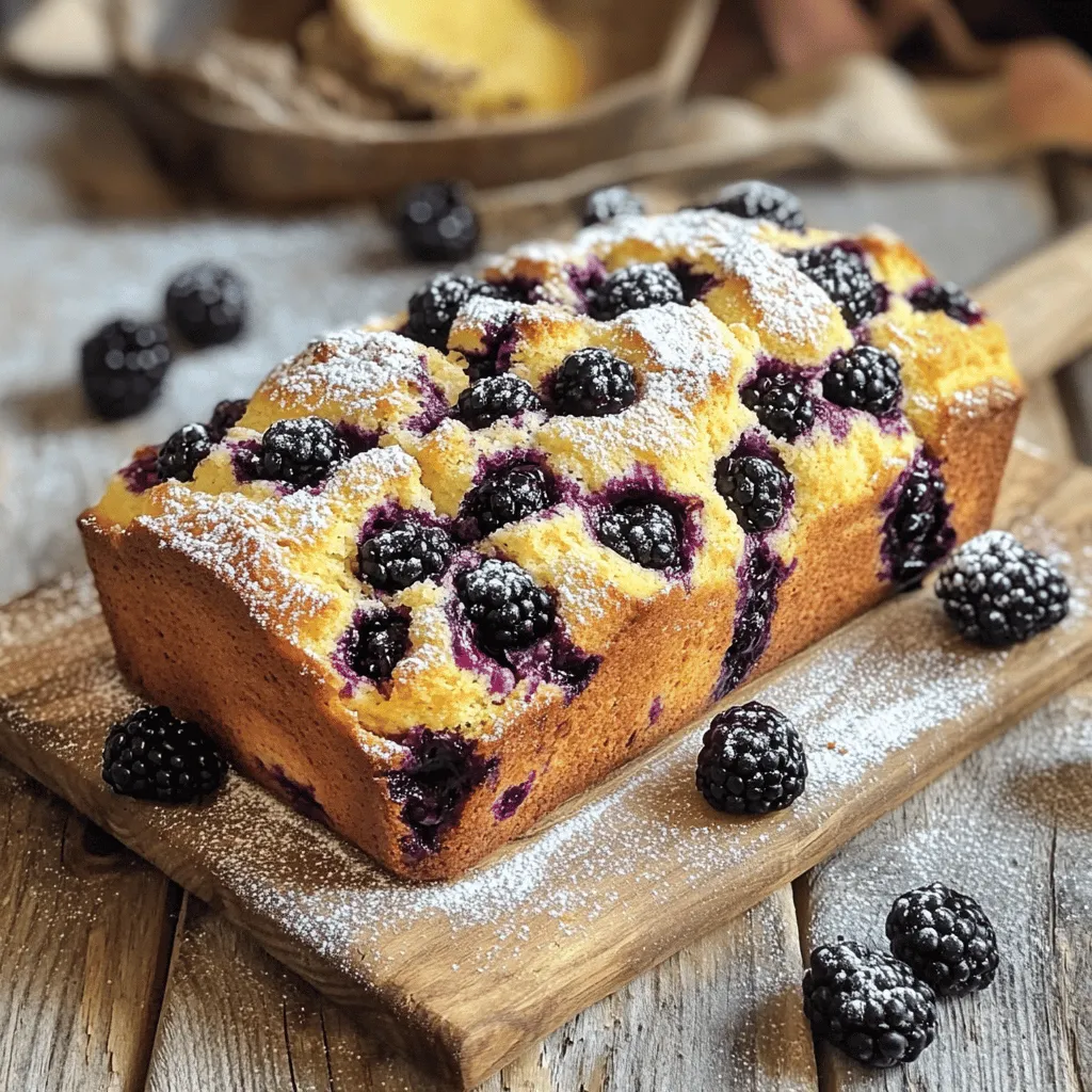 To make this delightful blackberry loaf, you will need: - 2 cups fresh blackberries, rinsed and drained - 1 ½ cups all-purpose flour - 1 cup granulated sugar - ½ cup unsalted butter, softened to room temperature - 2 large eggs, at room temperature - 1 teaspoon pure vanilla extract - 1 teaspoon baking powder - ½ teaspoon baking soda - ½ teaspoon fine sea salt - ½ cup plain Greek yogurt - ¼ cup whole milk You can swap ingredients to fit your needs. Use coconut oil instead of butter. This gives a nice flavor. For a dairy-free option, use almond milk in place of whole milk. You can also try almond yogurt instead of Greek yogurt. If you want less sugar, use honey or maple syrup. Adjust the amount by taste. When picking blackberries, look for shiny, plump ones. They should be dark purple or black. Avoid berries with red or green spots; these are not ripe. Smell the blackberries as well; they should have a sweet aroma. If possible, buy organic blackberries. They often taste better and have fewer chemicals. Store them in the fridge, but use them fresh for the best flavor. First, gather all your ingredients. You will need: - 2 cups fresh blackberries, rinsed and drained - 1 ½ cups all-purpose flour - 1 cup granulated sugar - ½ cup unsalted butter, softened to room temperature - 2 large eggs, at room temperature - 1 teaspoon pure vanilla extract - 1 teaspoon baking powder - ½ teaspoon baking soda - ½ teaspoon fine sea salt - ½ cup plain Greek yogurt - ¼ cup whole milk Make sure everything is at room temperature. This helps blend the ingredients better. Preheat your oven to 350°F (175°C). Grease your 9x5-inch loaf pan with butter or cooking spray. This step is key for a good release later. In a large bowl, add the softened butter and sugar. Beat them with an electric mixer on medium speed. Go for about 3-4 minutes. You want this mixture light and fluffy. This airiness helps the loaf rise. Next, add the eggs one at a time. Mix well after each addition. Stir in the vanilla extract for a lovely flavor boost. In another bowl, whisk together the flour, baking powder, baking soda, and salt. This ensures even mixing of the dry ingredients. Now, add the dry mix to the wet mix. Alternate this with the Greek yogurt and milk. Start with some flour, then yogurt, then milk. Mix on low speed until just combined. Be careful not to overmix; we want a tender loaf. Finally, gently fold in the blackberries with a spatula. Make sure they stay whole. This keeps the loaf looking good and tasting fresh. Pour the batter into your greased loaf pan. Smooth the top with a spatula to make it even. Place the loaf pan in the oven. Bake for 50-60 minutes. To check if it’s done, insert a toothpick into the center. It should come out clean or with just a few moist crumbs. Once baked, take it out and let it cool in the pan for about 10 minutes. Then, move the loaf to a wire rack to cool completely. Now you can slice it and enjoy this delightful treat! For the full recipe, check out the details above. To get a soft and moist loaf, remember these key points: - Use room temperature butter and eggs. This helps them mix well. - Beat the butter and sugar until fluffy. This adds air and lightness. - Don’t overmix when adding dry and wet ingredients. This keeps the loaf tender. - Gently fold in blackberries to avoid breaking them. You want whole berries in your loaf. If your loaf sinks in the middle, it might be underbaked. Always check with a toothpick. If your loaf is too dense, you may have overmixed the batter. Mix just until combined. For a dry loaf, ensure you measure flour correctly. Too much flour can dry it out. A few tools make baking easier and more fun: - A reliable electric mixer for creaming butter and sugar. - A sturdy mixing bowl to hold all your ingredients. - A 9x5-inch loaf pan for even baking. - Parchment paper can help with easy removal of your loaf. - A toothpick to check for doneness. For the full recipe, you can refer to the earlier section. {{image_4}} You can easily add nuts or spices to your blackberry loaf. Chopped walnuts or pecans give a nice crunch. Just mix in ½ cup of your chosen nuts when you fold in the blackberries. If you like spices, try adding 1 teaspoon of cinnamon or nutmeg to the dry mix. These flavors pair well with blackberries and add warmth to the loaf. Blackberries are great, but you can switch them out for other fruits. Raspberries, blueberries, or chopped peaches work well too. Use the same amount of fruit as the blackberries. Keep in mind that different fruits may change the loaf’s flavor and moisture level, so adjust baking time as needed. To make a gluten-free version, swap in gluten-free flour. Look for a blend that has xanthan gum for a fluffy texture. Use the same amount as the all-purpose flour in the recipe. This change allows those with gluten sensitivities to enjoy the loaf too. Make sure to check all other ingredients for gluten content. For the full recipe, check out the Sweet Blackberry Bliss Loaf section above. To keep your blackberry loaf fresh, wrap it well. Use plastic wrap or aluminum foil. Store it at room temperature for up to three days. If you want to keep it longer, refrigeration is an option. Just know it may dry out a bit. To maintain moisture, slice only what you need. Leave the rest whole until you're ready to enjoy it. Freezing your loaf is simple and smart. First, let it cool completely. Then, wrap it tightly in plastic wrap. Place the wrapped loaf in a freezer bag. This helps prevent freezer burn. You can freeze it for up to three months. When you're ready, thaw it in the fridge overnight. This keeps it moist and tasty. Reheating your blackberry loaf is easy. If you want a warm slice, preheat your oven to 350°F (175°C). Place the loaf on a baking sheet. Heat it for about 10-15 minutes. Cover it with foil to keep it moist. You can also microwave a slice for 15-20 seconds. Enjoy it warm for a delightful treat! For the full recipe, refer back to the Sweet Blackberry Bliss Loaf. Yes, you can use frozen blackberries. Just make sure to thaw them first. Drain any extra juice to avoid a soggy loaf. This keeps the texture light and fluffy. Frozen blackberries still have great taste and work well in this recipe. To check if your loaf is done, insert a toothpick into the center. If it comes out clean or with a few moist crumbs, your loaf is ready. Baking time can vary, so keep an eye on it after 50 minutes. Trust your oven, but also trust your instincts! Blackberry loaf pairs well with many tasty options. You can serve it warm with a dusting of powdered sugar. A dollop of whipped cream adds a rich taste. For dessert lovers, a scoop of vanilla ice cream makes it even better. You can even enjoy it with a cup of tea or coffee! This blog post showed you how to make a tasty blackberry loaf. We covered key ingredients, substitutions, and tips on choosing blackberries. I also shared step-by-step baking instructions and how to get the best texture. You learned about variations, storage ideas, and answers to common questions. Now, you can bake with confidence! Enjoy sharing your homemade treats with friends and family.